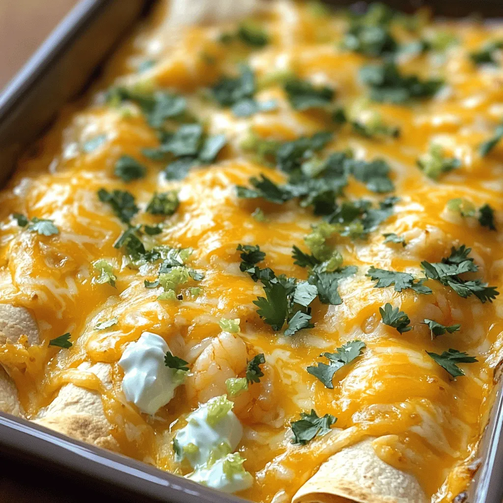 To make Creamy Shrimp Enchiladas, you need fresh and tasty ingredients. Here is what you'll need: - 1 pound shrimp, peeled and deveined - 2 tablespoons olive oil - 1 small onion, finely chopped - 2 cloves garlic, minced - 1 cup corn kernels (fresh or frozen) - 1 cup black beans, rinsed and drained - 1 teaspoon cumin - 1 teaspoon smoked paprika - 1/2 teaspoon chili powder - Salt and pepper to taste - 8 corn tortillas - 1 cup sour cream - 1 cup shredded cheese (cheddar or Mexican blend) - 1/2 cup fresh cilantro, chopped - 1 lime, juiced These ingredients create a creamy and flavorful filling. The shrimp gives a sweet taste, while spices add warmth. You can add a few items for an extra flavor boost. Here are some great options: - Chopped jalapeños for heat - Avocado slices for creaminess - Extra lime juice for tang - Diced tomatoes for freshness - Extra spices like oregano or cayenne These additions can take your enchiladas to the next level. Fresh shrimp makes a big difference in taste. Here are some tips to find the best shrimp: - Look for shrimp with a clean, ocean-like smell. - Choose shrimp that are firm to the touch. - Avoid shrimp with black spots or a slimy texture. - If buying frozen, ensure they are properly packaged and not freezer-burned. With these tips, you'll pick shrimp that adds flavor and quality to your dish. For the complete instructions on how to prepare this dish, check the Full Recipe. First, gather your ingredients for the shrimp filling. This part sets the stage for a tasty dish. In a skillet, heat 2 tablespoons of olive oil over medium heat. Once hot, add 1 small chopped onion. Cook it until it becomes soft, about 5 minutes. Then, add 2 minced garlic cloves and cook for 1 more minute. This makes your kitchen smell amazing! Next, add 1 pound of peeled and deveined shrimp. The shrimp should turn pink and opaque after about 3 to 4 minutes. Stir in 1 cup of corn, 1 cup of black beans, and spices: 1 teaspoon of cumin, 1 teaspoon of smoked paprika, and 1/2 teaspoon of chili powder. Season with salt and pepper to your taste. After mixing well, remove the skillet from heat. Stir in half of the sour cream and half of the chopped cilantro. Now, let’s assemble the enchiladas. Start by warming 8 corn tortillas. You can do this in a dry skillet or use the microwave. Warm tortillas are easier to roll. Take a tortilla and spoon a generous amount of the shrimp mixture into it. Roll it up tightly and place it seam-side down in a greased baking dish. Repeat this for all tortillas. For the next step, mix the remaining sour cream with the juice of 1 lime in a separate bowl. Pour this creamy mixture over the enchiladas in the baking dish. Top with 1 cup of shredded cheese. I suggest using cheddar or a Mexican blend for extra flavor. Now, bake your enchiladas in a preheated oven at 375°F (190°C) for 20 to 25 minutes. You’ll know they are ready when the cheese is bubbly and slightly golden. Once done, let them cool for a few minutes. Garnish with the remaining cilantro for a fresh touch. Follow these steps from the Full Recipe, and you’ll have a delicious plate of creamy shrimp enchiladas ready to enjoy! To make creamy shrimp enchiladas, start by cooking your shrimp just right. Overcooking can make them tough. Cook the shrimp until they turn pink and opaque. Use fresh shrimp for the best flavor. You can mix in a good amount of spices. Cumin and smoked paprika add a nice depth. Warm your corn tortillas before filling them. This makes them easier to roll. Use a dry skillet or microwave to warm them up. Don’t forget to use a greased dish to prevent sticking. Pour the creamy lime sauce over the rolled tortillas for added moisture. One common mistake is skipping the warming of tortillas. Cold tortillas break easily when rolling. Another mistake is adding too much filling. If you overstuff, your enchiladas can spill out. Make sure to use just enough filling for a tight roll. Also, avoid using low-quality cheese. Good cheese melts better and adds flavor. Finally, don’t forget to let your dish cool a bit after baking. This helps the enchiladas set and makes serving easier. To make these enchiladas, you’ll need some basic kitchen tools. A good skillet is essential for cooking the shrimp. Use a sharp knife for chopping onions and garlic. A sturdy spatula helps in mixing and serving. An oven-safe baking dish is a must for baking. Consider using a large spoon for filling the tortillas. Finally, a zester or juicer is helpful for the lime juice. These tools make the cooking process smooth and quick. For the full recipe, check out the detailed instructions above! {{image_2}} You can easily make vegetarian enchiladas. Just swap shrimp with vegetables. Try using zucchini, bell peppers, and mushrooms. These veggies add great flavor. You can also add black beans for protein. Use the same spices for a tasty dish. Top with cheese and sour cream for creaminess. Want a kick? Add some heat to your shrimp enchiladas. You can increase the chili powder or add sliced jalapeños. For more spice, consider using a spicy cheese. Pepper jack is a great choice. This will elevate the flavor and give you a nice burn. Serve with fresh lime to balance the heat. If you need a gluten-free option, use corn tortillas instead of flour. They work well with the creamy filling. Make sure to check labels on all ingredients. Some sauces and spices may have gluten. You can enjoy the same delicious taste, without gluten. It’s easy to adapt this dish for everyone. For the full recipe, check out the full details mentioned earlier. To store leftover enchiladas, let them cool first. Once cool, place them in an airtight container. This keeps them fresh for up to three days. You can also cover them tightly with plastic wrap. Make sure to keep them in the fridge. If you want to save enchiladas for later, freezing works great. Wrap each enchilada in plastic wrap. Then, place them in a freezer-safe bag or container. They can last up to three months in the freezer. When ready to eat, thaw them in the fridge overnight. To reheat your enchiladas, preheat the oven to 350°F (175°C). Place the enchiladas in a baking dish. Cover with foil to keep moisture in. Heat for about 20 minutes or until warm throughout. You can also microwave them. Just place on a microwave-safe plate and cover. Heat for 1-2 minutes, checking often. Enjoy your delicious, reheated enchiladas! Creamy Shrimp Enchiladas stay fresh in the fridge for about three to four days. Make sure to place them in an airtight container. This helps keep the flavors intact. If you want to enjoy them later, just reheat them before serving. I recommend using the oven for the best results. Yes, you can use frozen shrimp. Just make sure to thaw them first. Place the shrimp in the fridge overnight or run them under cold water for quick thawing. Using frozen shrimp can save time and still gives you great flavor. You can serve Creamy Shrimp Enchiladas with various sides. Here are some tasty options: - Mexican rice - Refried beans - Fresh guacamole - Crispy tortilla chips - A simple green salad These sides add great color and flavor to your meal. You can also explore the Full Recipe for more inspiration! In this post, we explored making creamy shrimp enchiladas from start to finish. We covered essential and optional ingredients, tips for selecting fresh shrimp, and step-by-step instructions for preparing and baking. I shared helpful tips to avoid common mistakes and variations for everyone’s taste. Lastly, we discussed storage and reheating methods. Enjoying creamy shrimp enchiladas is easy with these tips. Happy cooking!