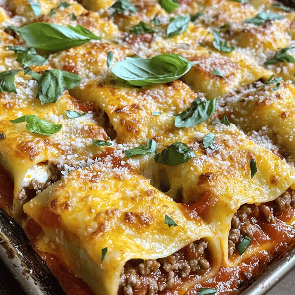 To create your Beef Cannelloni with Mozzarella Sauce, gather the following ingredients: - 12 cannelloni tubes - 1 pound ground beef - 1 onion, finely chopped - 2 cloves garlic, minced - 1 cup ricotta cheese - 1 cup shredded mozzarella cheese (plus extra for topping) - 1 egg - 1 teaspoon dried oregano - 1 teaspoon dried basil - Salt and pepper to taste - 2 cups marinara sauce - 1/4 cup grated Parmesan cheese - Olive oil for cooking These ingredients come together to create a warm and hearty dish. The cannelloni tubes hold a flavorful beef filling that combines with creamy ricotta and mozzarella. The herbs add a nice touch, while the marinara sauce ties everything together. Make sure to have everything ready before you start cooking. It makes the process smoother and more fun. You can find the full recipe to guide you through the process. 1. Preheat the oven and prepare ingredients Start by setting your oven to 375°F (190°C). Gather all your ingredients. This makes cooking easier. 2. Sauté onions and garlic In a large skillet, heat a tablespoon of olive oil over medium heat. Add the finely chopped onion and minced garlic. Sauté them until the onion is soft and fragrant, about 3-4 minutes. 3. Cook ground beef and season it Next, stir in 1 pound of ground beef. Cook until it's browned, breaking it apart with a spoon. This should take 5-7 minutes. Season the beef with 1 teaspoon of dried oregano, 1 teaspoon of dried basil, salt, and pepper. Mix well. 1. Combine filling ingredients Remove the skillet from heat. Let the beef mixture cool slightly. In a mixing bowl, add the beef, 1 cup of ricotta cheese, 1 cup of shredded mozzarella cheese, and 1 egg. Mix everything well. 2. Stuff the cannelloni tubes Take your 12 cannelloni tubes and gently fill each one with the beef and cheese mixture. You can use a spoon or a piping bag to make it easier. 3. Layer in the baking dish In a large baking dish, spread a thin layer of marinara sauce at the bottom. Lay the filled cannelloni tubes in the dish, side by side. Pour the remaining marinara sauce over the top. 1. Spread marinara sauce and assemble the layers After layering the tubes, sprinkle extra mozzarella cheese and 1/4 cup of grated Parmesan cheese on top. This adds flavor and a nice crust. 2. Bake covered and then uncovered Cover the dish with aluminum foil. Bake for 25 minutes. Then, remove the foil and bake for another 15-20 minutes. The cheese should be bubbly and golden brown. 3. Rest before serving Once baked, let the dish rest for a few minutes. This helps the flavors settle. Now you're ready to serve your Beef Cannelloni with Mozzarella Sauce. Enjoy this tasty comfort food! For the full recipe, refer to the earlier section. How to avoid overcooking the beef To keep the beef tender, watch the heat. Cook on medium heat for about 5-7 minutes. Break it apart with a spoon to ensure even cooking. Once it’s browned, take it off the heat. This helps keep it juicy and full of flavor. Tips for a creamy filling For a creamy filling, mix ricotta and mozzarella well. Make sure your cheeses are at room temperature. This helps them blend smoothly. Adding an egg also gives the filling a nice texture and richness. Best ways to serve Beef Cannelloni Serve your Beef Cannelloni warm from the oven. Place it on a plate and drizzle extra marinara sauce on top. This adds a nice touch and keeps it moist. You can also sprinkle fresh basil or parsley for a pop of color. Pairing with side dishes and wine Pair this dish with a simple salad, like arugula or mixed greens. A light vinaigrette works best. For wine, a medium-bodied red, like Chianti, complements the flavors nicely. It balances the richness of the beef and cheese. Garnishing ideas for an elegant touch To make your dish look fancy, add fresh basil leaves on top. A sprinkle of grated Parmesan cheese gives it flair. You can also drizzle a bit of olive oil or balsamic glaze for added flavor. Serving in individual plates vs. family style Serving in individual plates makes it special. It allows guests to enjoy their own portion. Family style is great for sharing and creates a cozy atmosphere. Either way, your Beef Cannelloni will shine! For the full recipe, check out the details above. {{image_2}} You can change the ground beef for turkey or chicken. These meats are leaner but still tasty. If you want a meat-free option, try using lentils or mushrooms. They give a nice texture and flavor. For cheese, mozzarella is great, but you can also use provolone or fontina. These cheeses melt well and add a different taste. Mixing cheeses is fun too! Try a blend for extra flavor. Adding veggies to the meat mixture boosts nutrition and taste. Chopped spinach, bell peppers, or mushrooms work well. They add color and make the dish more filling. You can spice things up by adding fresh herbs or spices. A pinch of red pepper flakes gives it a kick. Fresh parsley or basil can brighten the flavor. Experimenting with seasonings keeps the dish exciting. While marinara sauce is classic, you can try a white sauce. A creamy béchamel pairs well with the beef. It gives a rich and smooth texture. You can also explore different marinara styles. Try a spicy arrabbiata or a roasted garlic sauce. Each choice brings a new flavor profile to the dish. For the full recipe, check out the Beef Cannelloni with Cheesy Delight recipe above. To store your Beef Cannelloni, let it cool first. Place leftovers in an airtight container. This keeps the flavors fresh. You can store it in the fridge for up to three days. When you're ready to eat, preheat your oven to 350°F. Cover the dish with foil to keep the moisture in. Heat it for about 20 minutes or until warm. You can freeze both uncooked and cooked cannelloni. For uncooked cannelloni, fill the tubes, then lay them flat in a container. Cover the container tightly. It will stay fresh for up to three months. For cooked cannelloni, let it cool completely first. Then, wrap it tightly in plastic wrap and foil. Thaw it overnight in the fridge when ready to cook. Preheat your oven to 375°F and bake as usual until hot and bubbly. To cook cannelloni, you fill the tubes with your chosen filling. Place them in a baking dish with sauce. Bake in a preheated oven at 375°F for about 40-45 minutes. Cover the dish for the first part of baking, then uncover to brown the top. Yes, you can make Beef Cannelloni ahead of time. Assemble the dish, then cover it with foil and store it in the fridge. It stays fresh for up to 2 days. Bake it when you are ready to eat. If you need a ricotta cheese substitute, try cottage cheese or cream cheese. You can also use Greek yogurt for a healthier twist. Blend these options until smooth to mimic ricotta's texture. Beef Cannelloni lasts about 3-4 days in the fridge. Store it in an airtight container to keep it fresh. Reheat in the oven at 350°F until heated through. For the best taste, enjoy it sooner rather than later. For the complete recipe of Beef Cannelloni with Mozzarella Sauce, refer to the [Full Recipe]. You learned how to make flavorful Beef Cannelloni from scratch. We covered ingredients, step-by-step instructions, and convenient tips. You can tweak the recipe to suit your tastes with various fillings or sauces. Remember, perfecting this dish takes practice. Don't hesitate to experiment with flavors and substitutions. Soon, you'll impress your family and friends with your delicious Beef Cannelloni. Enjoy the process, and happy cooking!