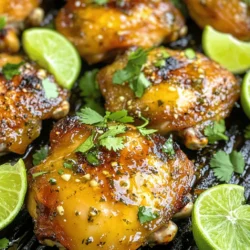 To make Honey Lime Chicken Thighs, gather these key ingredients: - 6 bone-in, skin-on chicken thighs - 1/4 cup honey - 1/4 cup fresh lime juice (about 2 limes) - Zest of 1 lime - 3 cloves garlic, minced - 1 tablespoon soy sauce - 1 teaspoon ground cumin - 1 teaspoon smoked paprika - Salt and pepper to taste These ingredients work together to create a sweet and tangy flavor. The honey adds a rich sweetness, while the lime juice gives a bright kick. Garlic and spices deepen the taste, making every bite a joy. You can take this dish to the next level with these garnishes: - Fresh cilantro, chopped - Lime wedges Fresh cilantro adds a nice color and herbal taste. Lime wedges give an extra burst of flavor when squeezed on top. You’ll need a few kitchen tools to prepare this dish: - Medium bowl for mixing the marinade - Whisk for blending ingredients - Large resealable plastic bag or shallow dish for marinating - Grill or oven for cooking - Meat thermometer to check doneness Having the right tools makes cooking easier and more fun. Enjoy the process of making this dish! If you want the full recipe, check it out in the full recipe section. To make this dish pop, start with the marinade. In a medium bowl, whisk together: - 1/4 cup honey - 1/4 cup fresh lime juice (about 2 limes) - Zest of 1 lime - 3 cloves garlic, minced - 1 tablespoon soy sauce - 1 teaspoon ground cumin - 1 teaspoon smoked paprika - Salt and pepper to taste This mix brings out sweet and tangy flavors. The honey adds sweetness while lime gives a fresh kick. Garlic adds depth, and spices bring warmth. Next, it’s time to marinate the chicken. Take 6 bone-in, skin-on chicken thighs and place them in a large resealable bag or a shallow dish. Pour the marinade over the chicken, making sure each piece gets covered. Seal the bag or cover the dish. Let it chill in the fridge for at least 1 hour, or up to 6 hours for maximum flavor. The longer it sits, the better it tastes! You can cook the chicken in two ways: grilling or baking. - Grilling: Preheat your grill to 400°F (200°C). Lightly oil the grates. Remove the chicken from the marinade, letting excess drip off. Grill the thighs skin-side down for about 6-8 minutes. Flip them over, baste with leftover marinade, and grill for another 6-8 minutes. The chicken is done when it hits 165°F (75°C) and the skin is nice and crispy. - Baking: If you prefer baking, preheat your oven to 400°F (200°C). Line a baking sheet with foil. Place the marinated thighs on the sheet and bake for 30-35 minutes. Baste with the marinade halfway through to keep it juicy. Whichever method you choose, let the chicken rest for 5 minutes after cooking. This helps keep it juicy. Serve with chopped cilantro and lime wedges for a fresh touch. Want the full experience? Check out the Full Recipe! For the best flavor, marinate the chicken thighs for at least one hour. If you have time, aim for six hours. The longer the chicken sits in the marinade, the more flavor it absorbs. This is key for making the chicken juicy and delicious. To get crispy skin, start with a hot grill or oven. Ensure you dry the chicken skin with paper towels before cooking. This helps it crisp up better. When cooking, place the chicken skin-side down first. This allows the skin to render fat and become nice and crispy. Flip it only when you have a good sear. Pair your honey lime chicken thighs with fresh sides. Here are some great options: - Steamed broccoli or green beans for a healthy crunch. - Cilantro lime rice to complement the flavors. - A fresh salad with tomatoes and avocado for a light touch. - Grilled corn on the cob for a sweet contrast. These sides work well to balance the rich, sweet, and tangy chicken. For the full recipe, check out the detailed steps to make these tasty thighs. {{image_2}} You can easily swap chicken thighs for other meats. Try using chicken breasts or even pork chops. Both options will still soak up the honey lime flavors. If you prefer plant-based meals, use tofu or tempeh. Just marinate them the same way. Adjust the cooking time to ensure they cook through. While honey and lime are great, feel free to mix it up. You can use orange juice instead of lime juice. It gives the dish a sweet twist. Adding fresh herbs like thyme or rosemary brings new flavors too. For a spicy kick, toss in some chili flakes or sriracha. Just remember to balance the heat with sweetness. Using an air fryer makes this dish even easier. First, marinate the chicken as normal. Preheat your air fryer to 400°F (200°C). Place the chicken thighs in the basket in a single layer. Cook for about 25-30 minutes. Flip them halfway through for even cooking. This method gives you crispy skin with less oil. You’ll enjoy a juicy meal in no time. For the full recipe, check out the detailed steps provided above. To keep your honey lime chicken thighs fresh, place them in an airtight container. Make sure they cool to room temperature first. Store the container in the fridge. Leftovers will stay good for about 3 to 4 days. If you like, you can also cover them with plastic wrap. When you’re ready to enjoy your leftovers, reheating them is easy. Preheat your oven to 350°F (175°C). Place the chicken on a baking sheet and cover it with foil. Heat for about 15 to 20 minutes. This keeps the chicken moist. You can also use a microwave. Just place it on a microwave-safe plate and heat for 1 to 2 minutes. Check if it’s warm all the way through. If you want to save your chicken for later, freezing is a great option. Wrap each piece in plastic wrap, then place them in a freezer bag. Squeeze out as much air as possible to avoid freezer burn. You can freeze the chicken for up to 3 months. When you’re ready to eat, thaw it in the fridge overnight. Then, reheat it as mentioned above. Enjoy your honey lime chicken thighs later with the same delicious flavor! Check the [Full Recipe] for more tips. You can check if chicken thighs are done by using a meat thermometer. Insert it into the thickest part of the thigh. The safe internal temperature is 165°F (75°C). If you don’t have a thermometer, cut into the chicken. The meat should be white, and the juices should run clear. If it’s still pink, cook it a bit longer. Yes, you can use boneless chicken thighs. They will cook faster than bone-in thighs. Adjust cooking time to about 20-25 minutes when baking. If grilling, check for doneness after about 4-6 minutes per side. Boneless thighs will still soak up the honey lime flavor well. For quick sides, try these: - Steamed rice or quinoa - Simple green salad - Grilled corn on the cob - Roasted vegetables - Sautéed green beans These sides complement the sweet and tangy flavor of the chicken. You can find the Full Recipe for more details on making this dish. You now know how to make tasty honey lime chicken thighs. We covered main ingredients, tools, and steps to prepare and cook. You learned tips for marinating, achieving crispy skin, and serving ideas. We also explored making variations and storing leftovers. In closing, this dish is simple and full of flavor. Enjoy trying these steps and impressing your family with your cooking!