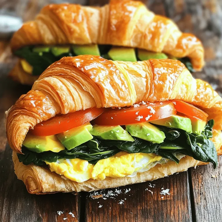To make the best croissant breakfast sandwiches, gather these ingredients: - 4 fresh croissants - 4 large eggs - 1 cup fresh spinach - 1 avocado, sliced - 1 medium tomato, sliced - ½ cup shredded cheese (cheddar or your choice) - Salt and pepper to taste - 2 tablespoons butter - Optional: Hot sauce for serving The star of this dish is the croissant. Choose fresh, flaky croissants for the best taste. They should be golden and soft. Fresh eggs add protein and flavor. You can cook them however you like. Spinach gives a nice green touch and is full of nutrients. Avocado adds creaminess and healthy fats. Tomatoes bring juiciness, while cheese melts perfectly, adding richness. Butter enriches the flavor when you sauté the spinach. If you want to swap ingredients, here are some great ideas: - Use whole-grain bread if you prefer something denser. - Try kale or arugula instead of spinach for a different green. - Replace avocado with hummus for a unique spread. - Experiment with different cheeses, like feta or mozzarella, for varied flavors. - Add cooked bacon or sausage if you want extra protein. For the full recipe, check the detailed instructions above. To make croissant breakfast sandwiches, gather your ingredients first. You need: - 4 fresh croissants - 4 large eggs - 1 cup fresh spinach - 1 avocado, sliced - 1 medium tomato, sliced - ½ cup shredded cheese (cheddar or your choice) - Salt and pepper to taste - 2 tablespoons butter - Optional: Hot sauce for serving Start by preheating your oven to 350°F (175°C). This will warm the croissants. Next, wash the spinach and set it aside. Slice the avocado and tomato for easy layering later. In a skillet, melt the butter over medium heat. Once melted, add the spinach. Cook for about 2-3 minutes until it wilts. Remove the spinach from the skillet and set it aside. Now, crack the eggs into the same skillet. Cook them how you like best—sunny-side-up, scrambled, or over-easy. Don’t forget to season with salt and pepper. While the eggs cook, slice each croissant in half. Place them on a baking sheet and toast them in the oven for about 5 minutes. This step makes them warm and slightly crispy. Once the croissants are ready, build your sandwich. Start with the bottom half of a croissant. Layer it with sautéed spinach, then add a few slices of tomato. Next, place the cooked egg on top. Add the avocado slices and sprinkle some shredded cheese over it. Finally, close your sandwich with the top half of the croissant. If you like a bit of heat, drizzle on some hot sauce before serving. Enjoy your croissant breakfast sandwiches made from the Full Recipe! To make the best croissant breakfast sandwich, focus on key steps. First, use fresh croissants. They should be flaky and soft. Preheat your oven to 350°F (175°C) to warm them. This keeps them light and airy. While the croissants warm, sauté the spinach in butter. This adds flavor. Cook the eggs just how you like them. You can make them scrambled or sunny-side-up. Serve your croissant breakfast sandwich warm. You can add a drizzle of hot sauce for spice. Pair it with fresh fruit or a side salad. A cup of coffee or tea can also complement the meal. These drinks balance the rich flavors of the sandwich. Avoid overcooking the eggs. This makes them dry and rubbery. Also, don’t skip toasting the croissants. Toasting adds a nice crunch. Lastly, add too much filling can make your sandwich messy. Keep it balanced for easy eating. For the complete recipe, check the Full Recipe section. {{image_2}} You can get creative with the fillings in your croissant breakfast sandwiches. Try using different meats like bacon, ham, or sausage. Each will add its own flavor. You can also swap out the spinach for arugula or kale. For a twist, use smoked salmon with cream cheese. You can even add some fresh herbs, like basil or chives, for a burst of flavor. Don't be afraid to mix and match to find your perfect combination. To make your sandwich pop, consider adding some flavor enhancements. Spread a layer of pesto or hummus inside the croissant. This gives it a fresh taste. You can also add a slice of cheese that melts well, like gouda or mozzarella. Another great option is to sprinkle some everything bagel seasoning on top. It adds a great crunch and flavor. If you like a kick, drizzle some hot sauce or sriracha on top. If you need to make dietary adjustments, you have options. For a vegetarian sandwich, skip the meat and load up on veggies. You can add mushrooms or roasted red peppers. If you want a lighter option, use egg whites instead of whole eggs. For gluten-free needs, look for gluten-free croissants or use lettuce wraps. You can still enjoy a delicious meal that fits your diet. For a full recipe, feel free to check the Flaky Croissant Breakfast Delight. After making your croissant breakfast sandwiches, you may have some left. To keep them fresh, wrap each sandwich in plastic wrap. Place them in an airtight container. This helps keep the croissants soft and the fillings tasty. Store them in the fridge for up to three days. If you want to keep them longer, consider freezing them. When you are ready to eat your leftovers, it's easy to reheat them. Remove the plastic wrap before reheating. You can use the oven for the best results. Preheat your oven to 350°F (175°C). Place the sandwiches on a baking sheet and heat for about 10 minutes. This method keeps the croissants flaky. If you are short on time, you can use the microwave. Heat them for about 30 seconds, but this may make the croissant softer. Croissant breakfast sandwiches taste best when fresh. However, they can last a few days in the fridge. For longer storage, freeze them. They can last up to three months in the freezer. Just remember to wrap them well to avoid freezer burn. When you want to eat them, thaw in the fridge overnight before reheating. This way, you enjoy a delicious meal any day! To make good croissant breakfast sandwiches, start with fresh croissants. Slice them open gently. Use a skillet to cook eggs to your liking. I recommend sunny-side-up or scrambled eggs. Add sautéed spinach for a nice touch. Layer in sliced tomatoes and avocado next. Top it off with cheese. Finally, close the sandwich and enjoy! The Full Recipe has all the steps for you. Yes, you can use different types of bread. Bagels, English muffins, or even regular bread work well. Just make sure the bread can hold the filling without getting soggy. Each type adds its own flavor and texture to your sandwich. Experiment with what you like best! You can serve croissant breakfast sandwiches with many side dishes. Fresh fruit like berries or sliced apples pairs nicely. A small salad can add some crunch. You might also enjoy crispy hash browns or roasted potatoes. Yogurt is another great option. These sides balance the richness of the sandwich perfectly. In this blog post, we explored the essential ingredients for croissant breakfast sandwiches. I covered details on key ingredients and alternatives. You learned step-by-step how to prepare, cook, and assemble your sandwiches. I shared tips to perfect your dish and common mistakes to avoid. We also discussed variations in fillings and dietary adjustments. Lastly, I provided storage tips to keep your leftovers fresh. Remember, the key to a great sandwich is to enjoy the process and get creative. Happy cooking!