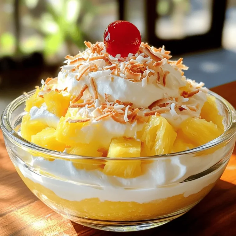 To make Pina Colada Fluff, you need a few simple ingredients. Each one adds to the tropical taste. Here’s the list: - 1 cup crushed pineapple, drained - 1 cup coconut cream - 1 cup heavy whipping cream - 1/2 cup powdered sugar - 1 teaspoon vanilla extract - 1/4 cup shredded coconut, toasted - Maraschino cherries for garnish (optional) These ingredients create a light and fluffy dessert. The crushed pineapple gives a sweet and tangy flavor. Coconut cream adds richness, while heavy whipping cream makes it fluffy. The powdered sugar sweetens the mix, and vanilla extract enhances the taste. Toasted coconut adds a crunchy texture, and maraschino cherries make it pretty. Gather these ingredients before you start. I find it helpful to prep everything first. This makes the cooking process smooth and fun! For the full recipe, check out the detailed instructions. - Combine crushed pineapple and coconut cream. Start by draining the pineapple. Mix it with the coconut cream in a medium bowl. This creates a sweet base for your fluff. - Whip the heavy cream until soft peaks form. In a large bowl, use a mixer to whip the heavy cream. Watch for soft peaks to form. This makes the dessert light and airy. - Fold in the pineapple and coconut mixture. Carefully add the pineapple and coconut mix to the whipped cream. Gently fold it in, so you keep that fluffy texture. - Incorporate toasted shredded coconut. Next, add the toasted shredded coconut to the fluff mix. This adds a crunch and enhances the flavor. - Transfer to a serving bowl or cups. Use a spatula to scoop the fluff into a bowl or individual dessert cups. This makes it easy to serve. - Refrigerate before serving. Chill the fluff for at least one hour. This lets the flavors blend perfectly. You can find the full recipe at the beginning of this article. To make the best Pina Colada Fluff, texture is key. Start with the whipped cream. Beat it until you see soft peaks. This means it holds its shape but still looks smooth. Then, slowly add the powdered sugar. This step helps sweeten the cream without making it too thick. Keep beating until you see stiff peaks. The cream should stand tall and not droop. Next, draining the crushed pineapple is vital. Too much juice can make your fluff runny. Place the crushed pineapple in a fine mesh strainer. Let it sit for about ten minutes. You want it to be moist but not soggy. This keeps your dessert light and fluffy. Folding the ingredients together is a gentle process. Use a spatula for this. Start by adding a small amount of whipped cream to the pineapple mixture. Stir it gently to lighten it up. Then, add the pineapple mix to the rest of the whipped cream. Use a folding motion, not stirring. This keeps air in the fluff. You want a light and airy texture. For even more fun, try adding toasted coconut last. This adds a nice crunch and flavor. Just remember to save some for the top! You can find the Full Recipe above for all the steps in detail. Enjoy your delightful dessert! {{image_2}} You can change the recipe for Pina Colada Fluff to suit your taste. Here are some fun swaps: - Using Greek yogurt instead of heavy cream: This swap makes the fluff lighter. Greek yogurt adds creaminess and a bit of tang. It’s a great option if you want a healthier dessert. - Experimenting with different fruit flavors: Try mango or passion fruit instead of pineapple. Each fruit gives a new twist and keeps it exciting. You can mix and match to find your favorite flavor combo. - Alternatives for coconut cream: If you don’t have coconut cream, use whipped coconut milk. It offers a similar taste and texture. You can also try almond or cashew cream for a nutty flavor. Presentation can elevate your dessert experience. Here are some ideas to make your Pina Colada Fluff shine: - Ideas for dessert presentation: Serve the fluff in clear cups or jars. This lets the layers show off. You can add a sprinkle of toasted coconut on top. A maraschino cherry adds a pop of color and fun. - Pairing with tropical fruits or other desserts: Serve alongside fresh pineapple, mango, or strawberries. These fruits enhance the tropical vibe. You can also pair it with chocolate cake or brownies for a sweet mix. For the complete recipe, check out the [Full Recipe]. To keep your Pina Colada Fluff fresh, store it in an airtight container. This method stops air from getting in and keeps your dessert creamy. Place the container in the fridge right after serving. This treat can stay good for about 2 to 3 days. However, it tastes best within the first day or two. The longer it sits, the more the texture may change. If you want to save some for later, freezing is a great option. First, spoon the fluff into a freezer-safe container. Leave some space at the top, as it may expand. Seal the lid tightly to avoid freezer burn. You can freeze it for up to 2 months. When you’re ready to eat, take it out of the freezer. Let it thaw in the fridge for a few hours. Once it’s soft, stir it gently before serving. This keeps the fluff nice and light! Pina Colada Fluff is a light, creamy dessert that tastes like a tropical drink. It combines crushed pineapple, coconut cream, and whipped cream. This dessert is fluffy and refreshing, perfect for warm days. You can serve it at parties or enjoy it at home. It is a fun twist on the classic Pina Colada. Yes, you can make Pina Colada Fluff ahead of time. It tastes even better after chilling for a few hours. Prepare it in the morning and serve it at night. Just cover it well in the fridge to keep it fresh. This makes it a great option for busy days. You can easily adjust the sweetness of Pina Colada Fluff. If you like it sweeter, add more powdered sugar. Start with a tablespoon at a time. If you prefer it less sweet, cut back on the sugar. Taste as you go to find your perfect balance. Get creative with toppings for Pina Colada Fluff! You can use fresh fruit like mango or banana. Try adding crushed nuts for crunch, or use chocolate shavings for a twist. Whipped cream on top adds extra fluffiness. Choose what you love to make it your own! Pina Colada Fluff is a fun and easy treat with a tropical twist. You combine simple ingredients like pineapple and coconut cream for a delicious dessert. Following clear steps ensures a perfect fluffy texture. Remember to chill it for the best taste. You can even switch up the ingredients or try different toppings to make it your own. Enjoy this dessert at your next gathering, and impress your friends with your skills! Keep it fresh by following storage tips, and don't hesitate to experiment with flavors.