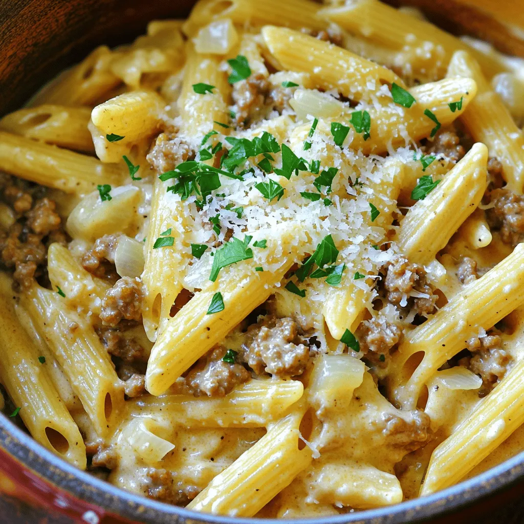 - 1 lb ground beef - 12 oz pasta (such as penne or fusilli) - 4 cups beef broth - 1 cup heavy cream - 4 garlic cloves, minced - 1 medium onion, chopped - 1 cup grated Parmesan cheese - 2 tablespoons olive oil - 1 teaspoon Italian seasoning - Salt and pepper to taste - Fresh parsley, chopped (for garnish) Ground beef brings protein and iron, which fuel your body. Pasta offers carbs for energy. Beef broth adds depth and flavor to the dish. Heavy cream makes it rich and creamy. Garlic boosts your immune system and adds zest. Onions provide sweetness and texture. Parmesan cheese enhances flavor and adds calcium. Olive oil is heart-healthy and adds richness. Italian seasoning brings a blend of herbs that elevate the taste. Fresh parsley adds color and freshness to your plate. If you want to change things up, use ground turkey or chicken instead of beef. Whole wheat pasta can make it healthier. For a dairy-free option, swap heavy cream with coconut cream or cashew cream. You can use vegetable broth instead of beef broth for a lighter flavor. If you lack fresh garlic, garlic powder works in a pinch. For a nutty twist, consider using pecorino instead of Parmesan cheese. Start by gathering all your ingredients. This makes cooking smooth and fun. You will need ground beef, pasta, beef broth, cream, garlic, onion, cheese, oil, and seasonings. Chop the onion and mince the garlic. Measure out everything before you start. This helps you stay organized and focused. 1. Heat the olive oil in a large pot over medium heat. Add the chopped onion and minced garlic. Sauté them for about 2-3 minutes. The onion should look clear, and the garlic should smell great. 2. Raise the heat to medium-high. Add the ground beef to the pot. Cook it for about 5-6 minutes until it is brown. Use a wooden spoon to break it into small pieces. Add salt, pepper, and Italian seasoning for flavor. 3. Now, add the uncooked pasta to the pot. Pour in the beef broth and stir it well. Make sure the pasta is fully submerged in the broth. 4. Bring the pot to a boil. Once it bubbles, lower the heat. Cover the pot and let it simmer for 10-12 minutes. Stir it every few minutes. The pasta should be soft but still firm. 5. After the pasta is cooked, stir in the heavy cream and grated Parmesan cheese. Mix until it becomes creamy. Taste it and add more salt or pepper if needed. 6. Take the pot off the heat. Let it sit for a few minutes. This will help it thicken. 7. Serve the dish hot. Don’t forget to sprinkle fresh parsley on top for color and taste. - Always use plenty of water and salt when cooking pasta. This adds flavor. - Stir the pasta often while it cooks. This helps prevent it from sticking together. - Test the pasta a minute before the package time is up. You want it al dente, not mushy. - If you want a creamier sauce, add more cream or cheese at the end. For the complete recipe, check the [Full Recipe]. To cook One-Pot Creamy Beef and Garlic Pasta quickly, prep your ingredients first. Chop the onion and garlic before you start. Use pre-grated Parmesan cheese to save time. You can also use a microwave to heat the broth quickly. This cuts down on cooking time and helps you get dinner on the table faster. A common mistake is overcooking the pasta. Keep an eye on it while it simmers. Stir often to prevent sticking. Don't skip the seasoning; salt and pepper enhance the dish. Lastly, avoid adding the cream too soon. Wait until the pasta is cooked for a creamy texture. To boost flavor, add fresh herbs like basil or thyme. A splash of lemon juice can brighten the dish. If you like heat, add red pepper flakes. You can also sauté mushrooms or bell peppers with the onion for extra taste. These simple tweaks will elevate your creamy beef and garlic pasta to new heights. For the full recipe, check out the details above. {{image_2}} You can easily add vegetables to this dish. Vegetables boost flavor and nutrition. Good choices include spinach, bell peppers, or mushrooms. Simply chop them up and add them when you cook the onions and garlic. This gives them time to soften and blend in. For a pop of color, add cherry tomatoes near the end of cooking. They will stay juicy and bright. If you want a different protein, you have options. Ground turkey or chicken works great instead of beef. These meats are leaner but still tasty. You can also use plant-based meat for a vegetarian twist. Just remember to adjust cooking times as needed. Cook until browned for all meats, ensuring they are safe to eat. The pasta you choose can change the dish's texture. While penne and fusilli are great, try spaghetti or farfalle for fun. Each type absorbs sauce differently, giving a unique bite. Cooking time may vary, so check the package for guidance. For a whole grain option, use whole wheat pasta. It adds fiber and keeps you full longer. Feel free to explore these variations to make One-Pot Creamy Beef and Garlic Pasta your own. For the complete recipe, check the Full Recipe section. To keep your One-Pot Creamy Beef and Garlic Pasta fresh, store it in an airtight container. Let the pasta cool completely before sealing it. Place the container in the fridge. It stays good for about 3 to 4 days. If you want to keep it longer, freezing is a great option. When you're ready to enjoy the leftovers, take them out of the fridge. You can reheat the pasta on the stove or in the microwave. For the stove, add a splash of beef broth or water in a pan. Heat slowly over medium heat until warm. If using a microwave, place the pasta in a microwave-safe bowl. Cover it with a lid or paper towel. Heat for 1 to 2 minutes, stirring halfway through. If you want to freeze One-Pot Creamy Beef and Garlic Pasta, first let it cool. Then, place it in a freezer-safe bag or container. Remove as much air as possible. This helps prevent freezer burn. It can last up to 3 months in the freezer. When you're ready to eat, thaw it in the fridge overnight. Then, reheat as mentioned above. Yes, you can make One-Pot Creamy Beef and Garlic Pasta gluten-free. Use gluten-free pasta instead of regular pasta. Many brands offer great options that taste just as good. Always check the beef broth for gluten, as some brands may contain it. This small switch will keep the dish tasty and safe for gluten-sensitive folks. If you want to add some heat, try a few simple tricks. You can mix in red pepper flakes while cooking the beef. Start with a pinch, and taste as you go. You can also add diced jalapeños or a splash of hot sauce. Adjust the spice level to match your taste. You can always add more, but you can't take it out! This dish is quite filling on its own, but some sides work great too. A fresh green salad pairs well, adding a crisp bite. You could also serve garlic bread for some extra flavor. Roasted vegetables are another delicious choice. Feel free to mix and match, and make it your own! For the full recipe, check out the complete guide. This blog post covered all aspects of making One-Pot Creamy Beef and Garlic Pasta. We explored key ingredients, their benefits, and suggested swaps. I shared detailed steps for preparation and cooking, plus tips to avoid mistakes. Variations like adding veggies or choosing different pasta types were discussed, along with storage info. In the end, this dish is tasty and easy to adapt. Enjoy your pasta adventure!