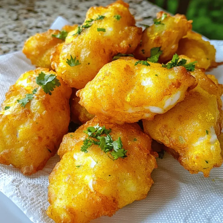 - 500g firm white fish fillets (like cod or haddock) - 1 cup chickpea flour (besan) - 1/4 cup rice flour - 1 teaspoon turmeric powder - 1 teaspoon red chili powder - 1 teaspoon cumin powder - Salt to taste - 1/2 teaspoon baking powder - 1 tablespoon lemon juice - Fresh coriander leaves for garnish - Oil for deep frying When making crispy fish pakora, choose firm white fish. Cod or haddock works best. Cut the fish into bite-sized pieces. This size helps with even cooking and easy eating. For the batter, we use chickpea flour, known as besan. It gives a nice flavor and crispiness. Adding rice flour enhances the crunch even more. Mix these flours well in a bowl. Next, we add spices. Turmeric gives a lovely color. Red chili powder adds heat, so adjust it to your taste. Cumin powder gives warmth and depth. Don’t forget to add salt! It brings out all the flavors. We also need a few extra items. Baking powder helps the batter puff up. Lemon juice adds a fresh zing. Finally, fresh coriander leaves make a pretty garnish. Oil is essential for deep frying. Use a good quality oil that can handle high heat. With these ingredients ready, you are set to make delicious crispy fish pakora. Check the full recipe for more detailed steps! - Prepare the Marinade: In a large bowl, mix 1 cup of chickpea flour, 1/4 cup of rice flour, 1 teaspoon of turmeric, 1 teaspoon of red chili powder, 1 teaspoon of cumin powder, 1/2 teaspoon of baking powder, and salt. This mix will coat the fish well. - Add Fish: Cut 500g of firm white fish into bite-sized pieces. Toss the fish in the flour mix until each piece is well coated. This helps the flavors stick to the fish. - Create Batter: Gradually add water to the dry mix while whisking. Aim for a thick batter that coats the back of a spoon. This will help the fish stay crispy. - Add Lemon Juice: Mix in 1 tablespoon of lemon juice. This adds a nice tangy flavor and enhances the taste of the fish. - Heat Oil: In a deep pan, heat oil over medium-high heat. To check if it’s hot enough, drop a bit of batter in. If it sizzles and rises, you're ready to fry! - Fry Fish Pakoras: Dip each fish piece in the batter, then gently place it in the hot oil. Fry in batches to avoid crowding. Cook until golden brown, about 4-5 minutes, turning them occasionally. - Drain Excess Oil: Use a slotted spoon to take out the pakoras. Place them on paper towels to absorb any extra oil. This keeps your pakoras crispy and not greasy. Enjoy your crispy fish pakoras right away! For the complete recipe, check the [Full Recipe]. To get crispy fish pakoras, oil temperature matters. Heat your oil to about 350°F (175°C). If the oil is too cool, the pakoras will soak up oil and become soggy. Test it by dropping in a bit of batter; it should sizzle and rise. The batter should be thick enough to coat the fish. If it is too thin, it won’t stick well. You want your batter to be smooth but not runny. A good test is to dip a fish piece and see if it clings nicely. Pair your pakoras with tasty dips. Mint chutney is a great choice. You can also try tamarind sauce for a sweet touch. Serve them hot for the best taste. Garnishing adds charm to your dish. Sprinkle fresh coriander on top for color and flavor. You can also add lemon wedges for a zesty finish. To avoid soggy pakoras, fry in small batches. This keeps the oil hot and helps them crisp up. If you crowd the pan, the temperature drops, and you end up with soft fish. Be careful with spices. Too many can overpower the fish flavor. Stick to the recipe’s amounts for a balanced taste. This way, each bite is flavorful without being overwhelming. {{image_2}} For crispy fish pakora, some of the best fish are cod, haddock, or tilapia. These fish have a firm texture that holds up well during frying. If you prefer a vegetarian option, try using paneer or your favorite vegetables. Cauliflower or zucchini can also work well, giving a nice crunch and flavor. If you want a milder version, simply reduce the amount of red chili powder. You can also skip it altogether for a light taste. To add new flavors, think about including herbs like parsley or dill. You can also try spices like garlic powder or paprika for a twist. If you have an air fryer, you can adapt this recipe for a healthier option. Just coat the fish as usual, then place it in the air fryer basket. Cook at 200°C (400°F) for about 10-12 minutes. For oven-baked crispy pakoras, preheat your oven to 220°C (425°F). Place the coated fish on a baking sheet and bake for 15-20 minutes, turning halfway through for even crispiness. These variations make your crispy fish pakora fun and unique! For the full recipe, check the section above. To keep your leftover crispy fish pakora fresh, store them in the fridge. Place the pakoras in an airtight container. They will stay good for about two days. When you want to eat them again, you can reheat them. The best way is to use an oven or air fryer. This method helps keep them crispy. Just set the oven to 350°F (175°C) and heat for about 10 minutes. If you want to keep pakoras for longer, you can freeze them. You can freeze both uncooked and cooked pakoras. For uncooked, place the battered fish on a baking sheet and freeze until solid. Then transfer them to a freezer bag. For cooked pakoras, let them cool first. Then, store them in an airtight container or freezer bag. To thaw, simply take them out and let them sit in the fridge overnight. You can also use a microwave for quick thawing, but this might make them soggy. When stored properly, crispy fish pakora can last up to two days in the fridge and about one month in the freezer. Always check for any signs of spoilage before eating. Following these tips helps keep your delicious snack fresh and tasty for longer! For the full recipe, check out the full recipe section. For fish pakora, firm white fish works best. I recommend using cod or haddock. These fish have a nice texture and flavor. They hold up well when fried. You can also try tilapia if you want. The key is to choose fish that won’t fall apart during cooking. Yes, you can! If you want a healthier option, try baking or air frying. For baking, arrange the battered fish on a greased tray. Bake at 400°F (200°C) for about 15-20 minutes. If you use an air fryer, cook at 375°F (190°C) for about 10-12 minutes. Both methods give a nice crisp without the oil. To make your fish pakora spicier, add more red chili powder. You can also include fresh green chilies in the batter. If you like heat, try adding black pepper or even a pinch of cayenne. Just remember to adjust the spices slowly. This way, you can find the perfect spice level for your taste. Crispy fish pakora pairs well with many sides. I suggest serving it with mint chutney or tamarind sauce. These dips add a refreshing touch. You can also serve it with a simple salad or roasted vegetables. They balance the richness of the pakora. Enjoy your meal with a squeeze of lemon for a burst of flavor. For the full recipe, check out the detailed instructions above! This blog post offers a clear guide on making delicious fish pakoras. You learned about the main ingredients, cooking steps, and tips for perfect results. Remember, proper oil temperature and batter consistency are key to crispiness. You can also try different fish or spices to suit your taste. Whether frying or baking, these pakoras can be easily stored and reheated. Enjoy making and sharing this tasty dish!