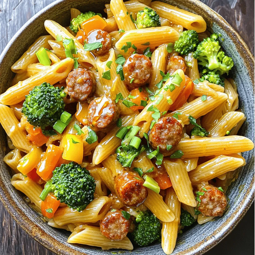 When making Sticky Honey Garlic Sausage Pasta, you need fresh and simple ingredients. Here’s what you will need: - 250g pasta (penne or fusilli) - 250g Italian sausages (chicken, turkey, or plant-based) - 3 tablespoons honey - 4 cloves garlic (minced) - 1 tablespoon soy sauce - 2 tablespoons olive oil - 1 teaspoon red pepper flakes - 1 bell pepper (diced) - 1 cup broccoli florets - 2 green onions (sliced, for garnish) - Fresh parsley (chopped, for garnish) - Salt and pepper These ingredients create a balance of sweet and savory flavors. The honey adds a nice touch of sweetness, while the garlic gives a strong kick. Choose your favorite sausage to make this dish your own. For the veggies, feel free to mix it up based on what you have. You can add or swap in your favorites. This recipe is flexible and fun! For the full recipe, check out the detailed instructions and tips to make your cooking easy and enjoyable. To cook pasta to al dente, start with a large pot. Fill it with water and add a generous amount of salt. The water should taste like the sea. Bring it to a boil. Once boiling, add your pasta. Stir it occasionally. Cook according to package instructions, usually about 8 to 10 minutes. Check the pasta a minute or two early. It should be firm but not hard. Drain and set it aside. For the sausage, take it out of its casing. Use your hands to crumble it into pieces. Heat olive oil in a large skillet over medium heat. Add the crumbled sausage to the skillet. Cook for 6 to 8 minutes. Stir often until it is browned and fully cooked. This adds great flavor to the dish. Once the sausage is done, it’s time for the veggies. Add diced bell pepper and broccoli florets to the skillet. Cook them for 3 to 4 minutes until they are tender. While the veggies cook, whisk together the sauce. In a small bowl, mix honey, minced garlic, soy sauce, and red pepper flakes. Once the veggies are ready, pour the sauce over them. Now, let’s bring it all together! Add the cooked pasta to the skillet. Toss everything well. Make sure the pasta is coated in the sauce. Cook for an additional 2 to 3 minutes to heat through. This helps the flavors meld. Taste your dish before serving. Adjust seasoning with salt and pepper. If you want it sweeter, drizzle in more honey. This will balance the flavors perfectly. Enjoy your Sticky Honey Garlic Sausage Pasta! For the complete recipe, check the Full Recipe link. - Best pasta varieties for this dish: I love using penne or fusilli. They hold the sauce well. Their shapes catch the honey garlic sauce, giving each bite flavor. - How to avoid overcooking vegetables: Cook your bell peppers and broccoli just until tender. This keeps them bright and crisp. I suggest sautéing for 3-4 minutes. This way, you keep the nutrients and texture. - Presentation tips for a beautiful dish: Serve the pasta in deep bowls. Drizzle a bit of extra honey on top for shine. Add a sprinkle of green onions and parsley for color. A bit of grated Parmesan cheese adds a nice touch too. - Adding sides or garnishes: A simple green salad pairs well with this pasta. Garlic bread makes a great side too. Both add freshness and balance to the meal. - Recommended skillet type: Use a large, non-stick skillet for cooking. This helps prevent sticking and makes cleanup easy. A cast-iron skillet also works great for a nice sear on the sausage. - Useful kitchen utensils for preparation: Have a good chef's knife for chopping. A sturdy cutting board is also handy. Use a whisk for mixing the sauce smoothly. A pasta pot with a colander insert makes draining easy too. For the full recipe, make sure to check out the Sticky Honey Garlic Sausage Pasta recipe! {{image_2}} You can change up the sausage type in this dish. Chicken or turkey sausages work great. If you want a plant-based version, try using vegan sausages. Each type brings its own flavor. For vegetables, feel free to swap in what you have. Zucchini, spinach, or snap peas can work well. You can also use seasonal veggies. Fresh ingredients make the dish shine. To make this dish gluten-free, choose gluten-free pasta. Many brands offer great options that taste just as good. Just check the labels to ensure they meet your needs. If you want vegetarian or vegan adaptations, use plant-based sausage and gluten-free pasta. You can also add more veggies like mushrooms or eggplant to make it heartier. Want to add a kick? Try adding more red pepper flakes or some cayenne pepper. A little heat can really boost the flavors. You can also mix in other sauces. A splash of balsamic vinegar or a dash of hot sauce could elevate the taste. You can even top it with cheese, like parmesan, for a creamy finish. Feel free to get creative with these ideas and make the dish your own. Check out the Full Recipe for more details! To keep your sticky honey garlic sausage pasta fresh, use airtight containers. Glass or plastic containers work well. Make sure they seal tightly. Store leftovers in the fridge. They are best eaten within three days. After that, the flavor may fade. When you’re ready to enjoy leftovers, the best way to reheat pasta is on the stove. Place the pasta in a skillet with a splash of water or broth. Heat it over medium-low heat. Stir often to keep it moist. You can also use the microwave, but check and stir every minute. This helps avoid drying out the dish. If you want to save some for later, you can freeze the pasta. Let it cool completely before packing it away. Use freezer-safe containers or bags. Label them with the date. To thaw, place it in the fridge overnight. Reheat as mentioned above. This way, you'll enjoy your sticky honey garlic sausage pasta even months later! For the full recipe, check out the [Full Recipe]. This dish takes about 35 minutes total. You need 10 minutes to prep and 25 minutes to cook. This quick time makes it great for busy days. Yes, you can make this pasta ahead of time. Cook the pasta and sausage as directed. Store them separately in the fridge. Mix them together when ready to serve. This helps keep the pasta from getting soggy. You can serve this pasta with garlic bread or a fresh salad. A simple green salad pairs well. Try adding some crunchy veggies to your salad for extra flavor. You can use regular garlic. Just chop it finely to get the right flavor. Minced garlic gives a stronger taste. Adjust the amount to suit your taste. Yes, this pasta is kid-friendly! The sweet honey and mild sausage make it tasty for children. You can adjust the red pepper flakes to keep it mild. For the full Sticky Honey Garlic Sausage Pasta recipe, click [here](#). You learned how to create a tasty Sticky Honey Garlic Sausage Pasta. We covered the key ingredients, cooking steps, and helpful tips. This dish is easy to make and perfect for any meal. You can tweak the recipe for different diets or flavors. Plus, we talked about storing leftovers and reheating them. Now you have all the tools to impress anyone with this dish. Enjoy making it your own!