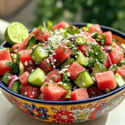 - 4 cups watermelon, cubed - 1 cup cucumber, diced - 1/2 cup red onion, finely diced - 1/2 cup fresh cilantro, chopped - 1 jalapeño, deseeded and minced - Juice of 2 limes - 1/4 cup crumbled cotija cheese (or feta) - Salt and black pepper to taste - 1 tablespoon olive oil - Optional: Tajín seasoning for sprinkling The main ingredients for Mexican Watermelon Salad create a refreshing and vibrant dish. Watermelon is sweet and juicy, perfect for summer. Cucumber adds crispness and coolness. The red onion gives a nice bite, while cilantro brings in fresh flavor. Jalapeño adds heat, but you can adjust it to your taste. Lime juice brightens the dish, making it zesty and fresh. Cotija cheese adds creaminess and saltiness. Olive oil ties everything together and enhances the flavors. - Other cheeses for variation - Additional herbs or spices - Alternative dressings You can switch things up with optional ingredients. Try using different cheese like goat cheese for a tangy twist. Fresh herbs like mint or basil can also add a new flavor. You might want to try other dressings, like a honey-lime combo, for a sweet touch. - Health benefits of watermelon - Benefits of cucumbers - Importance of fresh herbs This salad is not just tasty but also healthy. Watermelon is high in water and low in calories, helping keep you hydrated. Cucumbers are refreshing and packed with vitamins. Fresh herbs like cilantro boost flavor and provide antioxidants. Eating this salad can support your health while you enjoy its bright flavors. For the complete recipe, check out the Full Recipe section. - Start by cutting the watermelon into bite-sized cubes. You want about 4 cups. - Next, dice 1 cup of cucumber and finely chop 1/2 cup of red onion. - Chop 1/2 cup of fresh cilantro. For some heat, mince 1 jalapeño after removing the seeds. - In a large bowl, mix all the prepared ingredients. - Squeeze the juice of 2 limes over the salad. Drizzle 1 tablespoon of olive oil for flavor. - Gently toss everything together. Be careful not to crush the watermelon. - Present the salad in a large, colorful bowl. Garnish with cilantro sprigs and lime wedges. - This salad pairs well with grilled meats or fish. Serve alongside tacos for a complete meal. - For gatherings, consider using individual cups for fun, easy servings. You can find the full recipe in the earlier section to guide you through each step! To find a ripe watermelon, look for these signs: - Color: The outside should be deep green and slightly dull. - Field Spot: Check for a yellow spot. This shows it ripened in the field. - Sound: Tap it. A ripe watermelon sounds hollow. For size, pick one that feels heavy for its size. This means it has more water and is juicier. Adjust the jalapeño to control the heat: - Mild: Use less jalapeño or remove the seeds. - Medium: Use one jalapeño with seeds. - Spicy: Add more jalapeños or try serrano peppers. You can also add other spicy ingredients like hot sauce or chili powder. These can enhance the flavor without adding too much heat. Different dressings can change the taste of your salad: - Citrus dressing: Mix lime juice with olive oil for brightness. - Honey vinaigrette: This adds sweetness to balance the heat. Consider adding fruits or nuts for texture. Try: - Mango: For a sweet twist. - Pine nuts: For a crunchy bite. These enhancements make the salad unique and flavorful. For the full recipe, refer to the provided section. {{image_2}} You can switch out cotija cheese for feta cheese. Feta adds a creamy taste. If you want a dairy-free option, try nutritional yeast. It gives a cheesy flavor without cheese. Fresh herbs can change the salad's taste. Instead of cilantro, use mint for a cool twist. Basil also adds a lovely flavor to the mix. Want a tropical twist? Add ripe mango cubes to the salad. The sweetness pairs well with watermelon. Another fun idea is a Southwestern version. Add black beans for protein and a hearty feel. For winter parties, add roasted sweet potatoes. They add warmth and color. You can even include pomegranate seeds for a pop of flavor. In summer, keep it light and fresh. Use baby spinach for extra greens. This makes the salad even more refreshing for hot days. For the full recipe, check out the section above! To keep your Mexican watermelon salad fresh, store it in an airtight container. This helps prevent moisture loss and keeps the flavors intact. Glass containers work best as they do not absorb odors. If you use plastic, make sure it is BPA-free. Always cool the salad to room temperature before sealing to avoid condensation inside. You can keep the salad in the fridge for up to three days. After that, its freshness may fade. Look out for signs that it has gone bad. If the watermelon looks mushy or smells sour, it's time to toss it. The colors of the salad should remain bright and vibrant. Can you reheat watermelon salad? The answer is no. This salad is best enjoyed cold. Try serving it straight from the fridge for a refreshing bite. If you have leftovers, consider making a smoothie with them. Blend the salad with some yogurt for a tasty drink. Mexican Watermelon Salad is a bright and tasty dish. It combines fresh watermelon, cucumber, and red onion. This salad gets a flavor boost from lime juice and jalapeño. Crumbled cotija cheese adds creaminess. The dish is often topped with cilantro and a sprinkle of Tajín. It’s a refreshing choice for summer meals. Yes, you can prepare this salad in advance. However, I suggest adding the dressing later. This keeps the salad crisp and fresh. Chop the watermelon, cucumber, and onion a few hours ahead. Store them in the fridge until ready to serve. Mix the salad together just before eating. Absolutely! This salad is low in calories and high in nutrients. Watermelon helps hydrate your body. Cucumbers add crunch and vitamins. Fresh herbs like cilantro provide antioxidants. Cotija cheese gives protein and calcium. Overall, it’s a healthy and delicious dish for any meal. If you don’t have lime juice, try lemon juice. It has a similar tangy taste. You can also use vinegar, like apple cider or white wine vinegar. These options will still add the needed acidity. Adjust the amount to fit your taste preference. You can use frozen watermelon, but it may change the texture. Frozen fruit often becomes mushy when thawed. If you decide to use it, let it thaw first. Then, drain any excess liquid. This helps keep the salad from becoming too watery. Fresh watermelon is always the best choice for crunch. For the full recipe, check out the previous sections. This blog post covered how to make a refreshing Mexican watermelon salad. We discussed the main and optional ingredients, detailed preparation steps, and clever tips for enhancing the dish. I also shared fun variations and smart storage tips to keep your salad fresh. In conclusion, this salad is versatile and packed with nutrients. You can enjoy it during hot days or as a side dish for gatherings. By customizing ingredients, you can make it your own! Enjoy every bite of this colorful dish.