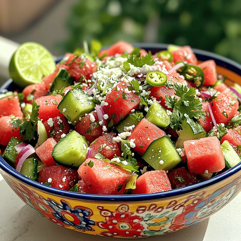 - 4 cups watermelon, cubed - 1 cup cucumber, diced - 1/2 cup red onion, finely diced - 1/2 cup fresh cilantro, chopped - 1 jalapeño, deseeded and minced - Juice of 2 limes - 1/4 cup crumbled cotija cheese (or feta) - Salt and black pepper to taste - 1 tablespoon olive oil - Optional: Tajín seasoning for sprinkling The main ingredients for Mexican Watermelon Salad create a refreshing and vibrant dish. Watermelon is sweet and juicy, perfect for summer. Cucumber adds crispness and coolness. The red onion gives a nice bite, while cilantro brings in fresh flavor. Jalapeño adds heat, but you can adjust it to your taste. Lime juice brightens the dish, making it zesty and fresh. Cotija cheese adds creaminess and saltiness. Olive oil ties everything together and enhances the flavors. - Other cheeses for variation - Additional herbs or spices - Alternative dressings You can switch things up with optional ingredients. Try using different cheese like goat cheese for a tangy twist. Fresh herbs like mint or basil can also add a new flavor. You might want to try other dressings, like a honey-lime combo, for a sweet touch. - Health benefits of watermelon - Benefits of cucumbers - Importance of fresh herbs This salad is not just tasty but also healthy. Watermelon is high in water and low in calories, helping keep you hydrated. Cucumbers are refreshing and packed with vitamins. Fresh herbs like cilantro boost flavor and provide antioxidants. Eating this salad can support your health while you enjoy its bright flavors. For the complete recipe, check out the Full Recipe section. - Start by cutting the watermelon into bite-sized cubes. You want about 4 cups. - Next, dice 1 cup of cucumber and finely chop 1/2 cup of red onion. - Chop 1/2 cup of fresh cilantro. For some heat, mince 1 jalapeño after removing the seeds. - In a large bowl, mix all the prepared ingredients. - Squeeze the juice of 2 limes over the salad. Drizzle 1 tablespoon of olive oil for flavor. - Gently toss everything together. Be careful not to crush the watermelon. - Present the salad in a large, colorful bowl. Garnish with cilantro sprigs and lime wedges. - This salad pairs well with grilled meats or fish. Serve alongside tacos for a complete meal. - For gatherings, consider using individual cups for fun, easy servings. You can find the full recipe in the earlier section to guide you through each step! To find a ripe watermelon, look for these signs: - Color: The outside should be deep green and slightly dull. - Field Spot: Check for a yellow spot. This shows it ripened in the field. - Sound: Tap it. A ripe watermelon sounds hollow. For size, pick one that feels heavy for its size. This means it has more water and is juicier. Adjust the jalapeño to control the heat: - Mild: Use less jalapeño or remove the seeds. - Medium: Use one jalapeño with seeds. - Spicy: Add more jalapeños or try serrano peppers. You can also add other spicy ingredients like hot sauce or chili powder. These can enhance the flavor without adding too much heat. Different dressings can change the taste of your salad: - Citrus dressing: Mix lime juice with olive oil for brightness. - Honey vinaigrette: This adds sweetness to balance the heat. Consider adding fruits or nuts for texture. Try: - Mango: For a sweet twist. - Pine nuts: For a crunchy bite. These enhancements make the salad unique and flavorful. For the full recipe, refer to the provided section. {{image_2}} You can switch out cotija cheese for feta cheese. Feta adds a creamy taste. If you want a dairy-free option, try nutritional yeast. It gives a cheesy flavor without cheese. Fresh herbs can change the salad's taste. Instead of cilantro, use mint for a cool twist. Basil also adds a lovely flavor to the mix. Want a tropical twist? Add ripe mango cubes to the salad. The sweetness pairs well with watermelon. Another fun idea is a Southwestern version. Add black beans for protein and a hearty feel. For winter parties, add roasted sweet potatoes. They add warmth and color. You can even include pomegranate seeds for a pop of flavor. In summer, keep it light and fresh. Use baby spinach for extra greens. This makes the salad even more refreshing for hot days. For the full recipe, check out the section above! To keep your Mexican watermelon salad fresh, store it in an airtight container. This helps prevent moisture loss and keeps the flavors intact. Glass containers work best as they do not absorb odors. If you use plastic, make sure it is BPA-free. Always cool the salad to room temperature before sealing to avoid condensation inside. You can keep the salad in the fridge for up to three days. After that, its freshness may fade. Look out for signs that it has gone bad. If the watermelon looks mushy or smells sour, it's time to toss it. The colors of the salad should remain bright and vibrant. Can you reheat watermelon salad? The answer is no. This salad is best enjoyed cold. Try serving it straight from the fridge for a refreshing bite. If you have leftovers, consider making a smoothie with them. Blend the salad with some yogurt for a tasty drink. Mexican Watermelon Salad is a bright and tasty dish. It combines fresh watermelon, cucumber, and red onion. This salad gets a flavor boost from lime juice and jalapeño. Crumbled cotija cheese adds creaminess. The dish is often topped with cilantro and a sprinkle of Tajín. It’s a refreshing choice for summer meals. Yes, you can prepare this salad in advance. However, I suggest adding the dressing later. This keeps the salad crisp and fresh. Chop the watermelon, cucumber, and onion a few hours ahead. Store them in the fridge until ready to serve. Mix the salad together just before eating. Absolutely! This salad is low in calories and high in nutrients. Watermelon helps hydrate your body. Cucumbers add crunch and vitamins. Fresh herbs like cilantro provide antioxidants. Cotija cheese gives protein and calcium. Overall, it’s a healthy and delicious dish for any meal. If you don’t have lime juice, try lemon juice. It has a similar tangy taste. You can also use vinegar, like apple cider or white wine vinegar. These options will still add the needed acidity. Adjust the amount to fit your taste preference. You can use frozen watermelon, but it may change the texture. Frozen fruit often becomes mushy when thawed. If you decide to use it, let it thaw first. Then, drain any excess liquid. This helps keep the salad from becoming too watery. Fresh watermelon is always the best choice for crunch. For the full recipe, check out the previous sections. This blog post covered how to make a refreshing Mexican watermelon salad. We discussed the main and optional ingredients, detailed preparation steps, and clever tips for enhancing the dish. I also shared fun variations and smart storage tips to keep your salad fresh. In conclusion, this salad is versatile and packed with nutrients. You can enjoy it during hot days or as a side dish for gatherings. By customizing ingredients, you can make it your own! Enjoy every bite of this colorful dish.