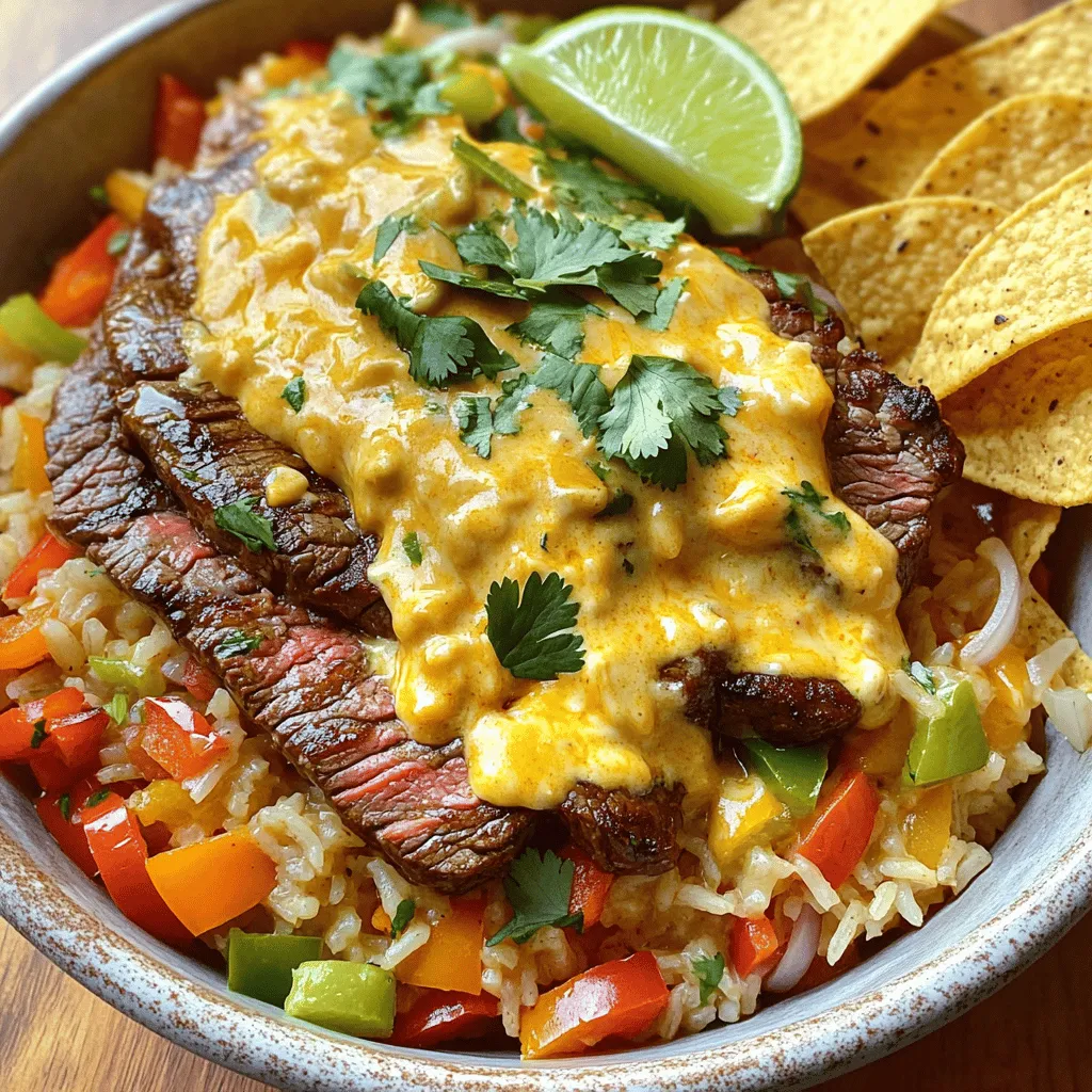 - 1 lb flank steak, thinly sliced - 1 cup long-grain rice - 2 cups beef broth - 1 cup queso dip (prepared or store-bought) - 1 tablespoon olive oil - 1 medium onion, diced - 2 cloves garlic, minced - 1 cup bell peppers, diced (mix of red and green) - 1 tablespoon chili powder - 1 teaspoon cumin - Salt and pepper to taste - Fresh cilantro, chopped - Lime wedges - Crispy tortilla chips For the best flavor, choose fresh flank steak. Look for bright red meat with good marbling. When picking rice, opt for high-quality long-grain rice for a fluffy texture. A rich beef broth adds depth to the dish. You can either make your queso dip or buy a quality store-bought version. Fresh vegetables, like bell peppers and onions, should feel firm and crisp. For garnishes, fresh herbs like cilantro enhance the dish’s taste. Lime wedges add a fresh, zesty kick. If you enjoy crunch, serve crispy tortilla chips on the side. They make a great addition to this savory meal. You can find the full recipe at the beginning of this article. Start by boiling 2 cups of beef broth in a medium pot. Once it bubbles, add 1 cup of long-grain rice. Cover the pot and lower the heat to a simmer. Cook for 15 to 18 minutes, or until the rice is soft and the broth is gone. Fluff the rice with a fork and set it aside. While the rice cooks, grab your flank steak. Slice it thinly and season it well. Use salt, pepper, 1 tablespoon of chili powder, and 1 teaspoon of cumin. Mix the spices on the meat so the flavor gets deep in. Heat 1 tablespoon of olive oil in a large skillet over medium-high heat. Once hot, add the seasoned steak slices. Make sure to lay them flat in the pan. Don’t crowd the pan; you may need to do it in turns. Sear for 2 to 3 minutes on each side. You want a nice brown crust but not overcooked. Remove the steak and keep it warm. In the same skillet, add 1 medium diced onion and 1 cup of diced bell peppers. Cook for 5 to 7 minutes until they soften. Next, toss in 2 minced garlic cloves and cook for 1 more minute. The garlic will make your kitchen smell great! Now, return the cooked steak to the skillet. Pour in 1 cup of queso dip. Stir everything together so the steak and veggies are coated in the creamy cheese. Heat it for a couple of minutes until warm. To serve, pile a generous amount of rice on a plate. Top it with the steak and queso mix. For a pop of color, sprinkle fresh chopped cilantro on top. Add lime wedges on the side for a zesty kick. You can also serve with crispy tortilla chips for a nice crunch. Check out the Full Recipe for more detailed cooking tips! To get the best steak, start with a good cut. Flank steak is great for this dish. Cut it thin to help it cook fast. Season it well with salt and spices. Heat your skillet hot before adding the steak. Sear it for just a few minutes on each side. This locks in flavors and keeps it juicy. Let it rest for a few minutes after cooking. This helps the juices spread evenly. One big mistake is using too much water. Follow the ratio of one cup of rice to two cups of broth. Always bring the liquid to a boil before adding rice. After adding, cover the pot and lower the heat. Avoid lifting the lid while it cooks. This keeps steam inside for fluffy rice. Once it’s done, fluff it with a fork to separate the grains. Spices make your dish shine! You can add more chili powder for heat. Cumin gives a warm, earthy taste. If you like it smoky, try adding smoked paprika. Fresh herbs like cilantro add brightness. Feel free to mix and match spices based on your taste. Remember, a little goes a long way, so start with small amounts. Store your leftovers in an airtight container. This keeps your steak and queso rice fresh. You can keep it in the fridge for up to three days. To reheat, add a splash of broth or water. This helps keep it moist. If you want to store it longer, freeze it in portions. Just remember to thaw it in the fridge overnight before reheating. For the best taste, enjoy it within a month. {{image_2}} You can easily switch out the steak for tasty veggies. Try using mushrooms, zucchini, or eggplant. These options give you a nice meaty texture. Tofu is another great choice. It absorbs flavors well and adds protein. Simply season and cook it like the steak. You can still enjoy the creamy queso with these swaps. While long-grain rice is a classic choice, you can try other types too. Jasmine rice adds a floral note that pairs well with the dish. Alternatively, short-grain rice offers a stickier texture. If you want a healthier option, quinoa or brown rice works great. Just keep in mind that cooking times may vary. You can use store-bought queso for quick prep. It saves time and tastes good. However, making homemade queso lets you control the flavors. Start with cheese, milk, and spices. Add jalapeños for spice or mix in veggies for more taste. Both options work well, so choose what fits your time and mood. For the full recipe, check out the details above. After enjoying your Steak & Queso Rice, store any leftovers in an airtight container. This helps keep the dish fresh. Let it cool at room temperature for about 30 minutes before sealing. Keep it in the fridge for up to three days. You can freeze Steak & Queso Rice if you want to save it for later. Divide the leftovers into smaller portions. Place each portion in a freezer-safe bag or container. Remove as much air as possible to avoid freezer burn. This dish can last in the freezer for up to three months. To reheat, first, thaw the rice in the fridge overnight if frozen. Place the rice in a microwave-safe bowl. Add a splash of water to keep it moist. Cover with a lid or a damp paper towel. Heat in the microwave for 2-3 minutes, stirring halfway through. For the best taste, you can also reheat it in a skillet over medium heat. Stir until heated through. Enjoy your flavorful meal just like it was fresh! If you can't find flank steak, you can use sirloin or skirt steak. Both have great flavor and tenderness. You can also try chicken breast or tofu for a lighter option. Just remember to adjust cooking times as needed. Yes, you can prepare this dish ahead of time. Cook the rice and steak, then store them separately in the fridge. This helps keep the rice fluffy and the steak tender. Just reheat them when you are ready to serve. Steak & Queso Rice can last up to three days in the fridge. Make sure to store it in an airtight container. This keeps the flavors fresh and the food safe to eat. Yes, you can use brown rice! It adds a nutty flavor and is healthier. However, it takes longer to cook. You will need about 40-45 minutes for brown rice to become tender. Great sides include a fresh salad, guacamole, or crispy tortilla chips. You could also serve some grilled veggies for added color and taste. These sides complement the flavors of Steak & Queso Rice nicely. This blog post covered how to make a delicious Steak & Queso Rice dish. We explored key ingredients, step-by-step cooking methods, and tips for success. I shared ideas for variations, proper storage, and answered common questions. Remember, great meals start with quality ingredients and careful prep. Whether you’re cooking steak or opting for a vegetarian twist, enjoy the process. Your kitchen will be filled with great flavors and fun. Happy cooking!