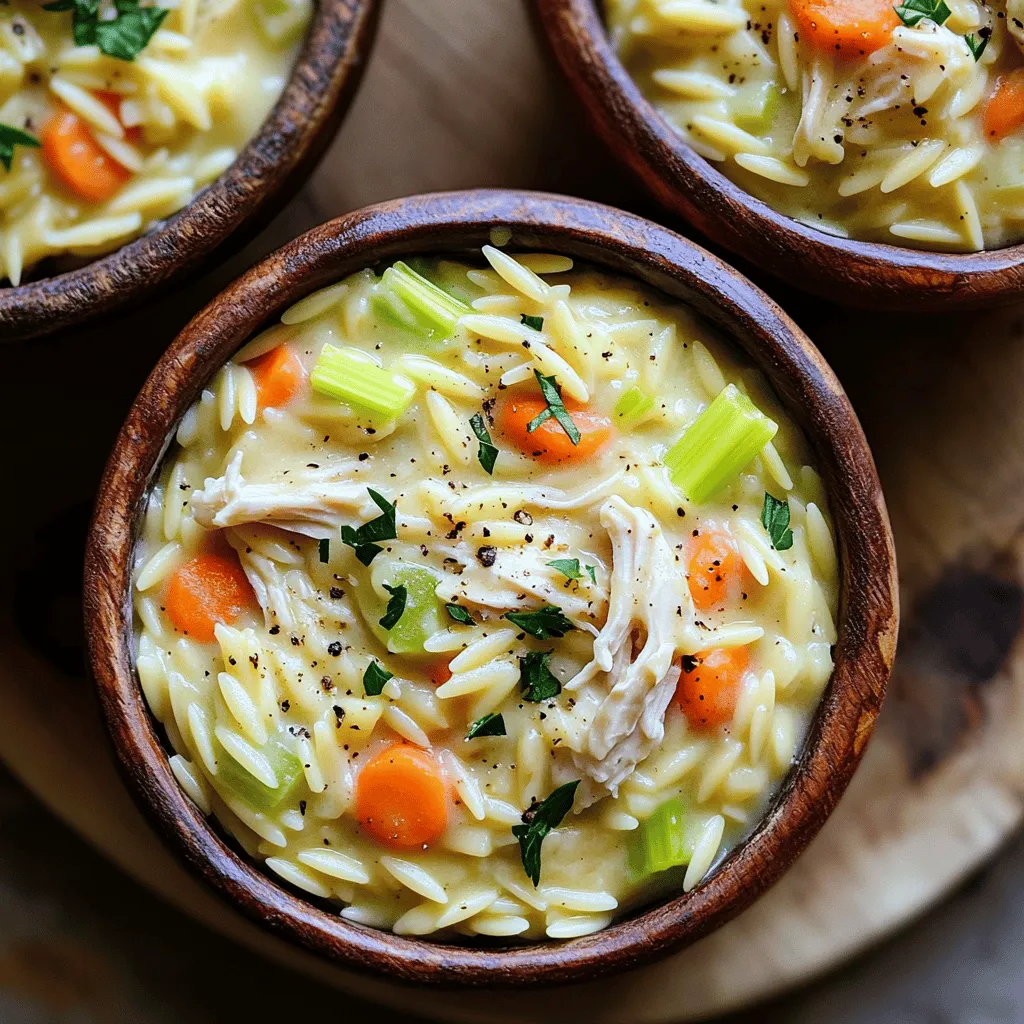 - 1 cup orzo pasta - 1 tablespoon olive oil - 1 medium onion, diced - 2 cloves garlic, minced - 2 carrots, diced - 2 celery stalks, diced - 1 teaspoon dried thyme - ½ teaspoon dried rosemary - 1 cup cooked chicken, shredded - 1 cup frozen peas - 4 cups chicken broth - 1 cup heavy cream - Salt and pepper to taste - ¼ cup fresh parsley, chopped for garnish The key to a great creamy chicken pot pie orzo lies in the ingredients. I love using fresh or quality ingredients to enhance the dish. Start with orzo pasta. This small pasta shape cooks quickly and absorbs flavors well. Next, olive oil adds richness. I prefer to sauté the onion in the oil. It builds a solid base for flavor. Diced onions soften quickly and add sweetness. Now comes the fun part—vegetables! Garlic, carrots, and celery create a lovely mix. I always use fresh garlic for its bold flavor. Diced carrots and celery add crunch and color. Herbs like thyme and rosemary bring an earthy touch. I recommend using dried herbs for this recipe, as they are easy to store and always ready. Don’t forget the chicken! Shredded, cooked chicken adds protein and makes this dish hearty. Frozen peas are a great addition. They cook fast and add a pop of color and sweetness. The broth is essential. I use chicken broth for depth of flavor. It ties all the ingredients together. Finally, we have the creamy elements. Heavy cream makes the dish rich and smooth. I always season with salt and pepper to taste. A sprinkle of fresh parsley at the end brightens the dish and adds a fresh note. For more detailed steps, check the Full Recipe. Bring 4 cups of chicken broth to a boil. This makes the orzo flavorful. Once the broth boils, add 1 cup of orzo. Cook it for about 8-10 minutes until it is al dente. Drain the orzo and set it aside for later. In a large skillet, heat 1 tablespoon of olive oil over medium heat. Add 1 medium diced onion and sauté it for about 3-4 minutes. The onion should become soft and translucent. Next, add 2 minced cloves of garlic, 2 diced carrots, and 2 diced celery stalks. Keep sautéing for another 5-6 minutes. The vegetables need to be tender but not mushy. After the vegetables are ready, stir in 1 cup of shredded cooked chicken and 1 cup of frozen peas. Cook this mixture for 2-3 minutes to heat it all through. Then, reduce the heat to low and pour in 1 cup of heavy cream. Mix well. This step creates a rich, creamy sauce. Season it with salt and pepper to your taste. Now, fold in the cooked orzo into the creamy mixture. Stir it well to combine everything. Let the dish simmer for a couple more minutes. This step helps the flavors blend together nicely. Remove from heat and garnish the dish with fresh parsley before serving. For the full recipe, check out the earlier sections. - Adjust seasoning to taste: Taste as you cook. Add salt and pepper slowly. This step helps you find the right balance. Everyone's palate is unique. - Fresh herbs vs. dried herbs: Use fresh herbs for bright flavors. Dried herbs work too, but use less. Fresh herbs can change the dish’s depth. I love adding fresh parsley at the end for color. - Avoid overcooking the orzo: Cook orzo until it's just right. It should be al dente, or firm when bitten. Overcooked orzo turns mushy. Keep an eye on the clock! - Using leftover chicken: Leftover chicken is perfect for this dish. It cuts prep time in half. Just shred it and mix it in. You’ll get a rich, homemade flavor with less effort. - Suggestions for garnishing: Garnish with fresh parsley or a sprinkle of black pepper. This adds a pop of color and flavor. A bright garnish makes the dish look more inviting. - Serving options: Serve the orzo in individual bowls. This makes it feel special. You can also add a slice of crusty bread on the side. It’s perfect for scooping up that creamy goodness. For the full recipe, check out [Full Recipe]. {{image_2}} You can easily switch up the protein in creamy chicken pot pie orzo. Using turkey instead of chicken adds a nice twist. Turkey has a mild flavor that pairs well with the creamy sauce. You can also use other meats, like ham or pork, for a different taste. If you're looking for a vegetarian option, try adding mushrooms. They add a rich, earthy flavor and have a great texture. Just sauté them until they’re tender, then mix them in with the other veggies. If you need a gluten-free dish, there are options. Look for gluten-free orzo made from rice or quinoa. These options cook similarly to regular orzo. You can also use other pasta shapes, like gluten-free penne or fusilli. Just adjust the cooking time according to the package instructions. This way, you can keep all the flavors while making it gluten-free. To take your creamy chicken pot pie orzo to the next level, think about adding cheese. A handful of shredded cheddar or Parmesan can add a nice creaminess. It also gives a tasty, cheesy flavor that kids love. If you want some heat, add a pinch of cayenne or paprika. These spices will give your dish a warm kick. Start with a small amount, then taste and adjust. You can always add more, but it’s hard to take it away! Check out the Full Recipe for more details. To store leftovers, put them in an airtight container. This keeps the dish fresh and tasty. In the fridge, creamy chicken pot pie orzo lasts about three to four days. Make sure it cools down before you seal it up. This helps it stay creamy and delicious. You can freeze creamy chicken pot pie orzo for later. First, let it cool completely. Then, place it in a freezer-safe container or bag. Squeeze out any extra air to prevent freezer burn. It will stay good in the freezer for about two to three months. When you're ready to eat, move it to the fridge to thaw overnight. To reheat, you can use a microwave or stovetop. If you use a microwave, heat it in short bursts. Stir between intervals to ensure even heating. On the stovetop, warm it slowly over low heat. Add a splash of chicken broth or cream to keep it creamy. Stir often to prevent sticking. Enjoy your warm, comforting dish! Yes, you can prep creamy chicken pot pie orzo ahead of time. Cook the orzo and prepare the creamy mixture as usual. However, I suggest not mixing them until you are ready to serve. This keeps the orzo from getting too soggy. Store the orzo and creamy mixture separately in the fridge for up to two days. When you're ready to eat, just combine and heat. To store leftovers, place them in an airtight container. It’s best to keep the dish in the fridge. This helps maintain freshness. Creamy chicken pot pie orzo lasts for about three days. If you have a larger batch, you might want to freeze it. Just remember to thaw it in the fridge before reheating. Yes, fresh vegetables work great in this dish! If you choose fresh, you can chop them into small pieces. Cook them just a bit longer than frozen ones. Carrots and celery may take about 8-10 minutes to soften. Fresh peas cook faster, so add them in the last few minutes. Creamy chicken pot pie orzo pairs well with many sides. A simple green salad adds crunch and freshness. Garlic bread or biscuits are also great for soaking up the creamy sauce. You could even serve it with steamed vegetables for a colorful plate. Absolutely! Creamy chicken pot pie orzo is perfect for meal prep. You can make a big batch and divide it into meal containers. Just remember to cool it down before sealing. This way, you have tasty meals ready for busy days. To reheat, you can use either the microwave or stovetop. If using the microwave, heat it in short bursts, stirring in between. This helps evenly warm the dish. On the stovetop, add a splash of chicken broth to keep it creamy. Heat it over low until warmed through. Enjoy it just like when it was fresh! For the full recipe, check out the complete guide to making creamy chicken pot pie orzo. In this post, we explored how to make creamy chicken pot pie orzo. We covered the main ingredients, cooking steps, and handy tips. You can switch proteins or make it gluten-free. Storing leftovers and reheating methods were also discussed. This dish is hearty and perfect for any meal. It’s simple to make and even better to share. Enjoy your cooking and the smiles it brings!