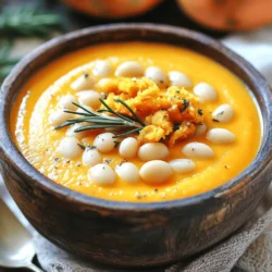 - 2 large sweet potatoes, peeled and cubed - 1 medium onion, chopped - 3 cloves garlic, minced - 1 carrot, diced - 1 stalk celery, diced - 4 cups vegetable broth - 1 cup coconut milk These ingredients form the base of your bisque. Sweet potatoes give it a creamy texture. The onion, garlic, carrot, and celery add depth and flavor. The vegetable broth brings everything together, while coconut milk adds a rich, smooth finish. - 1 teaspoon ground ginger - 1/2 teaspoon ground cumin - 1/2 teaspoon smoked paprika These spices enhance the flavor of the sweet potatoes. Ground ginger adds warmth. Cumin brings an earthy taste, while smoked paprika adds a hint of smoke. - 1 can (15 oz) white beans, rinsed and drained - 2 tablespoons olive oil - 1 tablespoon fresh rosemary, chopped (for garnish) Crispy white beans provide texture and protein. The olive oil helps them get crispy. Fresh rosemary adds a bright finish when you serve your bisque. These toppings make each bowl a delight. For the full recipe, check the section above. Sautéing the base vegetables Start by heating 1 tablespoon of olive oil in a large pot over medium heat. Add the chopped onion, minced garlic, diced carrot, and diced celery. Sauté these for about 5-7 minutes. You want the veggies to soften and release their great smells. This step builds a tasty base for your bisque. Cooking sweet potatoes and spices Next, stir in 2 large sweet potatoes, cubed. Add 1 teaspoon of ground ginger, 1/2 teaspoon of cumin, and 1/2 teaspoon of smoked paprika. Cook this mixture for 2 minutes. This helps the spices open up and flavor the sweet potatoes. Then, pour in 4 cups of vegetable broth and bring it all to a boil. After boiling, lower the heat and let it simmer for about 20 minutes. You want the sweet potatoes to be tender. Smooth texture consistency Once the sweet potatoes are tender, remove the pot from heat. Use an immersion blender to blend the mixture until it is completely smooth. If you don’t have an immersion blender, you can carefully transfer the hot soup in batches to a regular blender. Blend until smooth, and then return it to the pot. Adjusting flavors Now, place the pot back on medium heat. Stir in 1 cup of coconut milk and let it heat through for about 5 minutes. Taste the bisque and adjust the seasoning with salt and pepper. This step is key to making your bisque flavorful and rich. Sautéing for the perfect crunch While your bisque heats up, it's time to make the crispy white beans. Preheat another skillet over medium heat and add the remaining tablespoon of olive oil. Rinse and drain a can of white beans, then add them to the skillet. Season with salt and pepper, and sauté for about 10 minutes. Stir occasionally until the beans turn golden and crispy. This adds a great texture to your bisque. Timing with bisque preparation Make sure to time the beans with your bisque. You want the beans to be ready right when you finish the bisque. This way, they stay crispy when you serve the bisque warm. Top your bowls with the crispy beans and a sprinkle of fresh rosemary. Enjoy your savory sweet potato bisque with crispy white beans. For the full recipe, check out the details above. To get creamy bisque, I recommend using an immersion blender. It blends right in the pot. This method saves time and mess. If you use a traditional blender, work in batches. This helps avoid spills. Cook the sweet potatoes until they are soft. This usually takes about 20 minutes. The longer they cook, the sweeter they become. Sweet potatoes get their best flavor when tender. Add a splash of lemon juice or vinegar for brightness. This little touch wakes up the flavors. Acidic notes balance the sweetness of the potatoes. Consider adding a pinch of cayenne for a kick. It pairs well with the spices. Experiment with spices like coriander or nutmeg. These can deepen the flavor profile. A little bit can go a long way. Pair your bisque with crusty bread or a fresh salad. These sides make a great meal. For toppings, add crispy white beans first. Then sprinkle fresh rosemary on top. It adds color and aroma. Serve in warm bowls to keep the bisque hot. Enjoy the beautiful presentation of colors and textures. For more details, check the Full Recipe. {{image_2}} You can easily modify this recipe for different diets. For a vegan version, simply skip the coconut milk and use a nut milk instead. You can also swap the white beans for chickpeas if you prefer. To make it gluten-free, ensure that your vegetable broth is certified gluten-free. Adding more veggies is a great way to boost nutrition. Consider mixing in some spinach or kale at the end for extra greens. You can also add proteins like lentils or quinoa for added heartiness. These options enhance flavor and texture while keeping the dish healthy. If you're feeling adventurous, try adding curry flavors. A tablespoon of curry powder can give the bisque a warm, rich profile. You might also explore spices like turmeric or garam masala for a unique twist. These spices can transport your taste buds to far-off lands with every spoonful. Consider adding regional spices too. For example, a pinch of za'atar can add a Middle Eastern flair. Similarly, incorporating smoked paprika can deepen the flavor, giving it a southern U.S. touch. Each spice brings a new story to the dish. You can serve this bisque smooth or chunky. If you prefer a chunkier texture, blend only half of the soup. This keeps some sweet potato pieces, adding heartiness and a rustic feel. You might also want to try a cold version. Chilling the bisque can create a refreshing summer dish. Just blend it and chill it in the fridge for a few hours. Serve it in bowls with crispy white beans on top for a fun twist on a classic. Store your sweet potato bisque in an airtight container. It stays fresh for about 3 to 5 days in the fridge. Make sure to let it cool before sealing. This helps prevent condensation, which can alter the texture over time. To freeze the bisque, let it cool completely. Then pour it into freezer-safe bags or containers. Remove as much air as possible to prevent freezer burn. It lasts about 3 months in the freezer. For thawing, move the bisque to the fridge overnight. Reheat it gently on the stove over low heat. Stir often to ensure even warming. You can add a splash of coconut milk to restore creaminess as it heats. If you have leftover bisque, get creative! Use it as a pasta sauce or a base for grain bowls. You can also mix it with cooked rice for a filling dish. The flavors blend well with other veggies too. This way, nothing goes to waste, and you enjoy new meals! Yes, you can make this bisque ahead of time. It stores well in the fridge for about three days. Just let it cool before putting it in an airtight container. To reheat, warm it gently on the stove. This method keeps the flavor intact. You can also freeze the bisque for up to three months. Just pack it in a freezer-safe container. Thaw it in the fridge overnight before reheating. If you need an alternative to coconut milk, try almond milk or cashew cream. Both give a nice, creamy texture. You can also use regular milk or oat milk for a different flavor. Keep in mind that these options may alter the taste slightly. Always adjust the seasoning to balance the flavors. To change the spiciness, add more or less ground ginger and smoked paprika. Start with a small amount, then taste. For extra heat, include a pinch of cayenne pepper or red pepper flakes. If it gets too spicy, add more sweet potatoes or coconut milk to cool it down. Balancing heat is key for a delicious bisque. This blog post shared how to make a delicious sweet potato bisque. We covered key ingredients like sweet potatoes, broth, and spices. You learned preparation steps, blending tips, and making crispy white beans. We discussed ways to enhance flavor, suggest variations, and storage tips. You can make this dish your own with different flavors and textures. Enjoy experimenting and sharing your tasty creations!