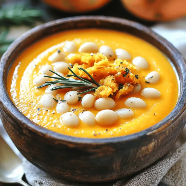 - 2 large sweet potatoes, peeled and cubed - 1 medium onion, chopped - 3 cloves garlic, minced - 1 carrot, diced - 1 stalk celery, diced - 4 cups vegetable broth - 1 cup coconut milk These ingredients form the base of your bisque. Sweet potatoes give it a creamy texture. The onion, garlic, carrot, and celery add depth and flavor. The vegetable broth brings everything together, while coconut milk adds a rich, smooth finish. - 1 teaspoon ground ginger - 1/2 teaspoon ground cumin - 1/2 teaspoon smoked paprika These spices enhance the flavor of the sweet potatoes. Ground ginger adds warmth. Cumin brings an earthy taste, while smoked paprika adds a hint of smoke. - 1 can (15 oz) white beans, rinsed and drained - 2 tablespoons olive oil - 1 tablespoon fresh rosemary, chopped (for garnish) Crispy white beans provide texture and protein. The olive oil helps them get crispy. Fresh rosemary adds a bright finish when you serve your bisque. These toppings make each bowl a delight. For the full recipe, check the section above. Sautéing the base vegetables Start by heating 1 tablespoon of olive oil in a large pot over medium heat. Add the chopped onion, minced garlic, diced carrot, and diced celery. Sauté these for about 5-7 minutes. You want the veggies to soften and release their great smells. This step builds a tasty base for your bisque. Cooking sweet potatoes and spices Next, stir in 2 large sweet potatoes, cubed. Add 1 teaspoon of ground ginger, 1/2 teaspoon of cumin, and 1/2 teaspoon of smoked paprika. Cook this mixture for 2 minutes. This helps the spices open up and flavor the sweet potatoes. Then, pour in 4 cups of vegetable broth and bring it all to a boil. After boiling, lower the heat and let it simmer for about 20 minutes. You want the sweet potatoes to be tender. Smooth texture consistency Once the sweet potatoes are tender, remove the pot from heat. Use an immersion blender to blend the mixture until it is completely smooth. If you don’t have an immersion blender, you can carefully transfer the hot soup in batches to a regular blender. Blend until smooth, and then return it to the pot. Adjusting flavors Now, place the pot back on medium heat. Stir in 1 cup of coconut milk and let it heat through for about 5 minutes. Taste the bisque and adjust the seasoning with salt and pepper. This step is key to making your bisque flavorful and rich. Sautéing for the perfect crunch While your bisque heats up, it's time to make the crispy white beans. Preheat another skillet over medium heat and add the remaining tablespoon of olive oil. Rinse and drain a can of white beans, then add them to the skillet. Season with salt and pepper, and sauté for about 10 minutes. Stir occasionally until the beans turn golden and crispy. This adds a great texture to your bisque. Timing with bisque preparation Make sure to time the beans with your bisque. You want the beans to be ready right when you finish the bisque. This way, they stay crispy when you serve the bisque warm. Top your bowls with the crispy beans and a sprinkle of fresh rosemary. Enjoy your savory sweet potato bisque with crispy white beans. For the full recipe, check out the details above. To get creamy bisque, I recommend using an immersion blender. It blends right in the pot. This method saves time and mess. If you use a traditional blender, work in batches. This helps avoid spills. Cook the sweet potatoes until they are soft. This usually takes about 20 minutes. The longer they cook, the sweeter they become. Sweet potatoes get their best flavor when tender. Add a splash of lemon juice or vinegar for brightness. This little touch wakes up the flavors. Acidic notes balance the sweetness of the potatoes. Consider adding a pinch of cayenne for a kick. It pairs well with the spices. Experiment with spices like coriander or nutmeg. These can deepen the flavor profile. A little bit can go a long way. Pair your bisque with crusty bread or a fresh salad. These sides make a great meal. For toppings, add crispy white beans first. Then sprinkle fresh rosemary on top. It adds color and aroma. Serve in warm bowls to keep the bisque hot. Enjoy the beautiful presentation of colors and textures. For more details, check the Full Recipe. {{image_2}} You can easily modify this recipe for different diets. For a vegan version, simply skip the coconut milk and use a nut milk instead. You can also swap the white beans for chickpeas if you prefer. To make it gluten-free, ensure that your vegetable broth is certified gluten-free. Adding more veggies is a great way to boost nutrition. Consider mixing in some spinach or kale at the end for extra greens. You can also add proteins like lentils or quinoa for added heartiness. These options enhance flavor and texture while keeping the dish healthy. If you're feeling adventurous, try adding curry flavors. A tablespoon of curry powder can give the bisque a warm, rich profile. You might also explore spices like turmeric or garam masala for a unique twist. These spices can transport your taste buds to far-off lands with every spoonful. Consider adding regional spices too. For example, a pinch of za'atar can add a Middle Eastern flair. Similarly, incorporating smoked paprika can deepen the flavor, giving it a southern U.S. touch. Each spice brings a new story to the dish. You can serve this bisque smooth or chunky. If you prefer a chunkier texture, blend only half of the soup. This keeps some sweet potato pieces, adding heartiness and a rustic feel. You might also want to try a cold version. Chilling the bisque can create a refreshing summer dish. Just blend it and chill it in the fridge for a few hours. Serve it in bowls with crispy white beans on top for a fun twist on a classic. Store your sweet potato bisque in an airtight container. It stays fresh for about 3 to 5 days in the fridge. Make sure to let it cool before sealing. This helps prevent condensation, which can alter the texture over time. To freeze the bisque, let it cool completely. Then pour it into freezer-safe bags or containers. Remove as much air as possible to prevent freezer burn. It lasts about 3 months in the freezer. For thawing, move the bisque to the fridge overnight. Reheat it gently on the stove over low heat. Stir often to ensure even warming. You can add a splash of coconut milk to restore creaminess as it heats. If you have leftover bisque, get creative! Use it as a pasta sauce or a base for grain bowls. You can also mix it with cooked rice for a filling dish. The flavors blend well with other veggies too. This way, nothing goes to waste, and you enjoy new meals! Yes, you can make this bisque ahead of time. It stores well in the fridge for about three days. Just let it cool before putting it in an airtight container. To reheat, warm it gently on the stove. This method keeps the flavor intact. You can also freeze the bisque for up to three months. Just pack it in a freezer-safe container. Thaw it in the fridge overnight before reheating. If you need an alternative to coconut milk, try almond milk or cashew cream. Both give a nice, creamy texture. You can also use regular milk or oat milk for a different flavor. Keep in mind that these options may alter the taste slightly. Always adjust the seasoning to balance the flavors. To change the spiciness, add more or less ground ginger and smoked paprika. Start with a small amount, then taste. For extra heat, include a pinch of cayenne pepper or red pepper flakes. If it gets too spicy, add more sweet potatoes or coconut milk to cool it down. Balancing heat is key for a delicious bisque. This blog post shared how to make a delicious sweet potato bisque. We covered key ingredients like sweet potatoes, broth, and spices. You learned preparation steps, blending tips, and making crispy white beans. We discussed ways to enhance flavor, suggest variations, and storage tips. You can make this dish your own with different flavors and textures. Enjoy experimenting and sharing your tasty creations!