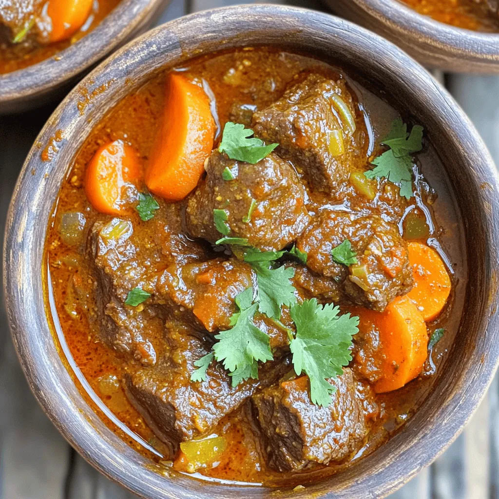 - 1.5 lbs beef stew meat - 3 tablespoons Ethiopian berbere spice blend - 2 large onions - 4 cloves garlic - 1 tablespoon fresh ginger - 1 can crushed tomatoes - 1 cup beef broth - 1/4 cup vegetable oil - 2 medium carrots - Fresh cilantro for garnish - Salt and pepper - Large pot or Dutch oven - Wooden spoon - Measuring cups and spoons - Add potatoes for extra heartiness - Use different kinds of meat or substitute with vegan options When it comes to making Sega Wat, the right ingredients set the stage for a great dish. The beef stew meat is key. It gives the stew its rich flavor. The Ethiopian berbere spice blend adds heat and depth. You can find this spice at specialty stores or make your own. Onions, garlic, and ginger build the base. They add layers of flavor that make Sega Wat special. Crushed tomatoes and beef broth give the stew its hearty body. Carrots add color and sweetness. Lastly, fresh cilantro brings a nice finish. For tools, a large pot or Dutch oven works best. A wooden spoon helps mix everything well. Measuring cups and spoons ensure you have the right amounts. You can tweak the recipe too. Adding potatoes makes the stew heartier. If you want a lighter option, use chicken or even tofu. This flexibility makes Sega Wat fun to customize. For the complete cooking process and tips, check the Full Recipe. - First, heat 1/4 cup of vegetable oil in a large pot over medium heat. - Add 2 large onions, finely chopped. Cook them for about 10 minutes until they are soft and clear. - Next, add 4 cloves of minced garlic and 1 tablespoon of grated fresh ginger. Stir for 2 minutes to bring out the flavor. - Now, stir in 3 tablespoons of the Ethiopian berbere spice blend. Let it cook with the onions for 1-2 minutes. - This will deepen the flavor and make your kitchen smell amazing. - After that, add 1.5 lbs of beef stew meat, cut into cubes. Season with salt and pepper. - Brown the beef on all sides for about 5-7 minutes. - Once the beef is browned, pour in 1 can of crushed tomatoes and 1 cup of beef broth. - Stir well to mix all the ingredients together. - Bring this mixture to a boil, then reduce the heat to low. Cover the pot and let it simmer for about 1.5 to 2 hours. - Stir occasionally and add water if the stew gets too thick. - During the last 30 minutes of cooking, add 2 medium carrots, sliced. This gives a nice sweetness to the dish. - Before serving, taste and adjust the seasoning as needed. - Now your Sega Wat is ready to enjoy! For the full recipe, check out the complete details. To get deep flavor, start by browning the meat. Heat your oil in the pot. When it's hot, add the beef cubes. Cook until they are brown on all sides. This step adds a rich taste to your sega wat. Let the stew simmer low and slow. This makes the beef tender and juicy. The longer it cooks, the better it tastes. Aim for at least 1.5 hours. Stir it occasionally to prevent sticking. To boost flavors, try adding more spices. A pinch of cumin or coriander can work wonders. You can also add some smoked paprika for a smoky kick. For marinating the beef, mix yogurt with berbere spice. Let it sit for 30 minutes before cooking. This adds great depth and helps to tenderize the meat. Serve sega wat with injera, a spongy Ethiopian bread. It soaks up the stew and is a must-have. If you prefer, you can also serve it with rice. When plating, use deep bowls. This helps with presentation. Garnish with fresh cilantro for a pop of color. Enjoy your dish warm for maximum flavor. For the full recipe, check the earlier section. {{image_2}} You can make vegan or vegetarian versions of Sega Wat. Use lentils or chickpeas instead of beef. These ingredients soak up flavors well. Low-carb alternatives are also easy to make. Swap out the carrots for zucchini or bell peppers for a lighter stew. Different spice blends give Sega Wat its unique taste. In some regions, people add more chili for extra heat. In others, they might use less spice for a milder flavor. Traditional side dishes from Ethiopia include injera, a flatbread that pairs perfectly with the stew. Injera helps soak up the rich sauce and adds a nice texture. You can substitute chicken or lamb for beef. Both options work well and change the flavor profile. If you want a vegetarian twist, use vegetable broth instead of beef broth. This swaps out the meat flavor while keeping the stew hearty and satisfying. For the full recipe, check out the Sega Wat Delight section. To keep your Sega Wat fresh, store leftovers in an airtight container. Glass or plastic containers work well. Make sure the stew cools down before sealing it. This will prevent moisture buildup and keep the flavors intact. You can freeze Sega Wat for later. Use freezer-safe containers or heavy-duty bags. Leave some space at the top for expansion. When ready to eat, thaw it in the fridge overnight. Reheat it on the stove over low heat, stirring often to avoid burning. In the fridge, your Sega Wat stays fresh for about 3 to 4 days. If it looks dull or has an off smell, it’s best to toss it. Always trust your senses when checking for spoilage. Sega Wat is a spicy Ethiopian beef stew. It is rich in flavor and history. This dish holds cultural importance in Ethiopia. Families often serve it during special occasions and gatherings. The base is made with berbere spice, which gives it a unique taste. The stew brings warmth and comfort to those who enjoy it, making it a staple in Ethiopian cuisine. Yes, you can make Sega Wat ahead of time. Preparing it in advance allows the flavors to blend better. The stew can sit in the fridge for a few days. This makes it great for meal prep. Just reheat it gently on the stove before serving. You can also freeze it for longer storage. This way, you can enjoy it whenever you want. Sega Wat pairs well with several sides. The best accompaniment is injera, a sourdough flatbread. It helps balance the heat and soak up the stew. You can also serve it with steamed rice for a milder option. Some people enjoy it with a side of vegetables or salad. Fresh cilantro on top adds a bright touch. Sega Wat can be quite spicy, but you can adjust the heat. The key ingredient, berbere spice, controls the spice level. If you prefer less heat, use less berbere in your stew. You can also add more tomatoes or broth to tone it down. Experimenting with the spice will help you find your perfect balance. To wrap up, this blog post covered how to make Sega Wat, a flavorful Ethiopian stew. We listed key ingredients like beef, berbere spice, and fresh veggies. You also learned essential kitchen tools, cooking steps, and tips for enhancing your dish. Variations allow for dietary needs and personal tastes. Lastly, proper storage keeps leftovers fresh. Sega Wat is rich in flavor and history, making it a dish worth trying. Enjoy your cooking adventure and share your delicious results!
