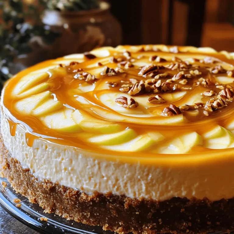 - 1 ½ cups graham cracker crumbs - ½ cup unsalted butter, melted - 2 tablespoons sugar - 3 (8 oz) packages cream cheese, softened - 1 cup sugar - 3 large eggs - 1 teaspoon vanilla extract - 1 teaspoon cinnamon - 2 cups apples, peeled, cored, and thinly sliced - 1 cup caramel sauce (plus extra for drizzling) - ¼ cup chopped pecans (optional) Each ingredient plays a key role in making this dessert special. - Graham cracker crumbs form a sweet and crunchy base. They give the cheesecake a nice texture. - Unsalted butter holds the crust together. It adds richness and flavor. - Sugar sweetens the crust and the filling. It balances the flavors nicely. - Cream cheese is the star of the show. It gives the cheesecake a creamy, smooth texture. - Eggs help set the filling. They provide structure and richness. - Vanilla extract adds a warm, sweet flavor. It enhances the overall taste. - Cinnamon brings warmth and spice. It pairs perfectly with the apples. - Apples add freshness and a fruity taste. They create a lovely contrast to the creaminess. - Caramel sauce adds sweetness and a rich flavor. It makes the dessert decadent. - Chopped pecans offer a crunchy texture. They add a nice nutty flavor, if you choose to use them. - 9-inch springform pan - Mixing bowls - Electric mixer - Spatula - Measuring cups and spoons - Knife for slicing apples Choosing the right springform pan is key. A 9-inch pan is standard for cheesecakes. Ensure the pan has a tight seal to prevent leaks. A removable bottom helps when you serve the cheesecake. Look for one with a sturdy base, so it stays stable while you assemble and bake. To start, preheat your oven to 325°F (160°C). In a medium bowl, mix the graham cracker crumbs, melted butter, and sugar together. This mix should be well combined. Next, press this mixture firmly into the bottom of a 9-inch springform pan. This forms your crust. Make sure you press evenly to create a solid base. Bake the crust for 10 minutes and let it cool while you prepare the filling. To ensure a firm crust, pack the crumbs tightly. For the filling, take a large mixing bowl and add the softened cream cheese. Beat it with an electric mixer until it’s smooth. Gradually add in the sugar and keep mixing until it’s fluffy. Now, add the eggs one at a time. Mix well after each egg. After that, mix in the vanilla extract and cinnamon until just combined. To achieve a smooth filling, make sure your cream cheese is at room temperature. This helps it blend better. Now, gently fold the sliced apples into your cream cheese mixture. Make sure they are evenly distributed. Pour this apple and cream cheese mixture over your cooled crust. Use a spatula to smooth the top. Drizzle about ½ cup of the caramel sauce over the top. Swirl it gently with a knife to create a marbled effect. Next, bake the cheesecake in the preheated oven for 60-70 minutes. The center should be set but still slightly jiggly. When it's done, turn off the oven and crack the door open. Let the cheesecake cool in the oven for about 1 hour. This step helps prevent cracking. After cooling, refrigerate the cheesecake for at least 4 hours, but overnight is best. The Full Recipe will guide you through every step in detail. Enjoy this rich and creamy dessert delight! To get the best texture for your cheesecake, start with room-temperature ingredients. This helps the cream cheese mix smoothly. Beat the cream cheese well to avoid lumps. When you add eggs, do it one at a time. Mix each egg until fully combined. This gives you a light and creamy filling. Avoid common mistakes by not overmixing your batter. Overmixing can make your cheesecake dense. Also, do not open the oven door while baking. This can cause the cheesecake to crack. Lastly, let the cheesecake cool slowly in the oven. This helps prevent cracks too. Garnishing your cheesecake makes it look fancy. Drizzle warm caramel sauce on top for added flavor. You can also sprinkle chopped pecans for crunch. Sliced apples on top can add a nice touch too. When it comes to pairing, coffee is a great choice. The rich flavors of coffee work well with the cheesecake. If you prefer wine, a sweet dessert wine can enhance the taste. These pairings make your dessert experience even better. For the complete recipe, check the Full Recipe section! {{image_2}} You can twist the taste of your Caramel Apple Cheesecake with fun flavors. Try using pears instead of apples for a softer flavor. Another great choice is to mix in some berries for a burst of freshness. You can also add spices like nutmeg or ginger for extra warmth. If you like nuts, consider using walnuts or almonds. They add a nice crunch and flavor. For those who need gluten-free options, use gluten-free graham crackers. You can find them in many stores. If you want a dairy-free cheesecake, use vegan cream cheese and coconut milk. This still gives a creamy texture. To cut down on sugar, use a sugar substitute like stevia or monk fruit. This keeps the taste great while lowering calories. To keep your caramel apple cheesecake fresh, store it in the refrigerator. Use an airtight container or wrap it tightly in plastic wrap. This helps keep it moist and tasty. You can store it this way for up to five days. If you want to save it for longer, freezing is a great option. Slice the cheesecake and wrap each piece in plastic wrap. Then, place the wrapped slices in a freezer bag. This way, you can enjoy a piece anytime! The cheesecake can last up to three months in the freezer. When you’re ready to enjoy your leftover cheesecake, reheating is simple. Take a slice and let it sit at room temperature for about 15 minutes. This helps the texture come back to life. For a warm slice, use the microwave. Heat it for about 10-15 seconds. Check to see if it’s warm enough. Be careful not to overheat, as this can make it rubbery. If you prefer the oven, preheat it to 300°F (150°C). Place the cheesecake on a baking sheet and warm it for about 10 minutes. This keeps the texture nice and creamy. Enjoy every bite of your delicious dessert! To make caramel apple cheesecake, you start by crafting homemade caramel sauce. Here's how: 1. Gather Ingredients: You will need granulated sugar, butter, and heavy cream. 2. Cook Sugar: In a pan, heat sugar over medium heat. Stir until it melts and turns golden brown. 3. Add Butter: Once the sugar turns amber, add the butter and stir until melted. 4. Mix in Cream: Slowly add the heavy cream. Be careful, as it may bubble up. 5. Cool Down: Remove from heat and let it cool before using. This sauce adds a sweet touch to your cheesecake. This caramel sauce enhances the flavor and makes the cheesecake rich and creamy. Yes, you can make this cheesecake ahead of time. Here are some tips: - Prepare Early: You can bake the cheesecake a day or two before serving. This allows the flavors to meld well. - Cool Properly: After baking, cool the cheesecake in the oven with the door slightly open. This helps to prevent cracks. - Store Correctly: Once cooled, cover it tightly with plastic wrap. Store it in the fridge until you are ready to serve. Making it ahead gives you more time to enjoy with family and friends. You can serve this delicious cheesecake with various accompaniments: - Whipped Cream: A dollop of whipped cream adds a light and airy contrast. - Ice Cream: Vanilla or caramel ice cream pairs perfectly with the cheesecake's flavors. - Fresh Apples: Thinly sliced apples can add a crunchy texture. - Coffee or Tea: A warm drink helps balance the sweetness of the cheesecake. These additions enhance the dessert experience and make your meal more special. For the complete recipe with all instructions and ingredients, visit the [Full Recipe]. In this blog post, we explored how to make a delicious Caramel Apple Cheesecake. We covered essential ingredients, equipment, and provided clear, step-by-step instructions. I shared tips to avoid common mistakes and offered variations for different tastes. Storing and reheating your cheesecake is also key to enjoying it later. Remember, the right approach helps you create a creamy, rich dessert every time. Enjoy the process and delight in sharing this sweet treat with friends and family. Happy baking!