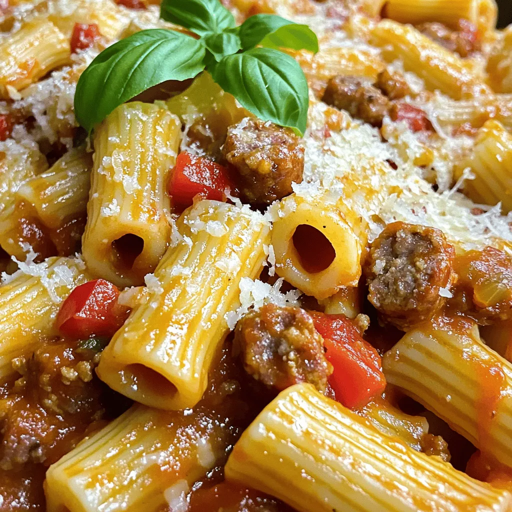 - 12 oz rigatoni pasta - 1 lb Italian sausage (mild or spicy) - 1 medium onion, finely chopped - 3 cloves garlic, minced - 1 red bell pepper, diced - 1 teaspoon dried oregano - 1 teaspoon red pepper flakes (optional, for extra heat) - ½ cup grated Parmesan cheese - Olive oil for cooking - Salt and black pepper to taste - Fresh basil leaves for garnish To create my Easy Italian Sausage Rigatoni, gather these simple ingredients. The rigatoni pasta acts as a hearty base, holding on to the rich sauce. Italian sausage brings a savory depth, whether you choose mild or spicy. Fresh vegetables like onion, garlic, and red bell pepper add flavor and color. For spices, dried oregano is a must. It brings that classic Italian taste. If you want some heat, red pepper flakes work great. Don’t forget Parmesan cheese; it adds a creamy touch that ties everything together. You will need olive oil for cooking. It helps the ingredients cook evenly. Salt and black pepper enhance the flavors. Fresh basil leaves add a nice touch right before serving. This dish is not just tasty; it's also easy to make. You can find the full recipe in the article above. - Cook rigatoni pasta until al dente. This means it should be firm but not hard. - Drain and reserve 1 cup of pasta water. This water helps the sauce stick. - Sauté Italian sausage in olive oil. Use just enough oil to coat the pan. - Break apart sausage and cook until browned. This usually takes about 5-7 minutes. - Add onions and bell peppers to the skillet. Let them cook for 5 minutes until soft. - Stir in garlic and crushed tomatoes. These add flavor and moisture to the dish. - Mix pasta with sauce and add cheese. Stir well to ensure every piece is covered. - Adjust consistency with reserved pasta water. This will help achieve your desired sauce thickness. For the full recipe, check out the instructions to ensure you get each step right and enjoy your cooking journey! To make your Easy Italian Sausage Rigatoni taste great, balance your seasonings. Use enough salt to enhance the flavors. Start with one teaspoon of salt and adjust to your taste. For a bit of heat, add red pepper flakes. If you like spice, feel free to add more. Just remember, a little goes a long way! I recommend using a skillet for cooking the sausage. This method gives it a nice golden color. Break the sausage apart as it cooks. This helps it brown evenly. To create a richer sauce, let it simmer longer. The longer it cooks, the more the flavors blend. If the sauce gets too thick, add some reserved pasta water. To take your dish to the next level, serve it with garlic bread. A side salad also pairs well, adding freshness. For presentation, use a large bowl. Top with fresh basil leaves and an extra sprinkle of Parmesan cheese. This not only looks great but also adds flavor. Enjoy your meal! For the full recipe, check out [Full Recipe]. {{image_2}} You can switch up the pasta in this dish. Try penne or fusilli if you like. They hold sauce differently and add fun shapes. You can also change the sausage. Ground turkey or plant-based sausage works well. This makes the dish lighter or suitable for vegetarians. Need a gluten-free option? Use gluten-free pasta instead of regular rigatoni. It tastes great and keeps the dish friendly for those with gluten issues. If you want a vegetarian twist, use mushrooms or lentils. These ingredients add texture and flavor without the meat. Want to make your dish even better? Add more vegetables! Spinach or zucchini boosts nutrition and color. You can also spice things up with different seasonings. Italian seasoning or fresh parsley adds a lovely touch. Feel free to experiment and make it your own! For the full recipe, check out the details above. To refrigerate leftovers, let the rigatoni cool down first. Place it in an airtight container. This keeps it fresh and tasty. Use clear glass or plastic containers for easy viewing. Make sure to seal them well to prevent air from getting in. For long-term storage, freeze the cooked rigatoni and sauce separately. This helps keep the texture just right. Use freezer bags or containers. When you’re ready to eat, thaw in the fridge overnight. Reheat in a pot over low heat. Add a splash of water if it seems dry. For best freshness, eat the leftovers within three to four days. Check for signs of spoilage. If it smells sour or has an odd color, it’s time to toss it. Always trust your nose and eyes. Keeping track of storage dates helps avoid waste. To add spice, use hot Italian sausage instead of mild. You can also add red pepper flakes. Start with a pinch, then taste. If you want more heat, add more flakes. This way, you control the spice level just right. Yes, you can make this dish ahead. Cook the rigatoni and sauce, then let them cool. Store them in separate containers. When ready to serve, just reheat them together in a pot. Add a splash of reserved pasta water to keep it moist. This dish pairs well with a simple green salad. You can also serve garlic bread on the side. If you want more veggies, try steamed broccoli or sautéed spinach. These sides balance the hearty pasta nicely. Absolutely! This recipe makes four servings. It is great for kids, too. You can adjust the spice to suit their taste. Plus, it looks colorful and inviting, making it a hit at the dinner table. Easy Italian Sausage Rigatoni is a hearty dish packed with flavor. We covered the key ingredients, step-by-step cooking, and tips for the best results. You can easily adjust spice levels and make variations to suit your taste. Storing leftovers is straightforward with the right methods. In the end, this recipe brings comfort to any meal. Enjoy making it your own and sharing it with family and friends. Happy cooking!
