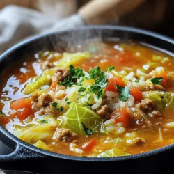 - 1 medium head of green cabbage, chopped - 1 lb ground turkey or beef - 1 cup uncooked rice (white or brown) - 1 large onion, diced - 3 cloves garlic, minced - 4 cups vegetable or chicken broth - 1 can (15 oz) diced tomatoes, undrained - 2 tablespoons tomato paste - 1 teaspoon smoked paprika - 1 teaspoon dried oregano - ½ teaspoon black pepper - ½ teaspoon salt (adjust to taste) - 1 tablespoon olive oil - Fresh parsley, chopped (for garnish) When making Cabbage Roll Soup, you need fresh ingredients. The cabbage gives it a sweet crunch. Ground turkey or beef adds protein and flavor. When I cook with rice, I like to use white or brown, depending on my mood. For the soup base, a large onion and garlic bring warmth. The broth, either vegetable or chicken, helps create a rich flavor. Diced tomatoes add a nice acidity to balance the dish. Now, let’s talk spices. Tomato paste adds depth. Smoked paprika gives a hint of warmth. Oregano brings a classic taste. Black pepper and salt finish the seasoning. I always suggest tasting as you go! The olive oil helps sauté the onion and garlic, bringing out their best flavors. Finally, garnish with fresh parsley for a pop of color and freshness. The Full Recipe is a great guide for this comforting meal. - Heat olive oil in a large pot over medium heat. - Sauté diced onion and minced garlic until translucent. Start by warming the olive oil in your pot. The heat should be medium, not too high. Once the oil is hot, toss in the diced onion and minced garlic. Stir them often. You want the onion to become soft and clear. This usually takes about five minutes. This step adds great flavor to your soup. - Add ground turkey or beef, cooking until browned. Next, add the ground turkey or beef to the pot. Break it apart with a spoon. Cook it until it turns a nice brown color, which takes about six to eight minutes. Make sure to stir it well. This step adds protein and heartiness to your soup. - Stir in chopped cabbage, broth, tomatoes, rice, and seasonings. - Bring to a boil, cover, and simmer as instructed. Now, it’s time to add the chopped cabbage into the pot. Stir it in and let it cook for another five to seven minutes. You want the cabbage to start wilting. Then, pour in the broth and add the canned tomatoes with their juice. Next, throw in the uncooked rice, tomato paste, smoked paprika, dried oregano, black pepper, and salt. Mix everything well to combine. Bring your soup to a boil. Once it boils, reduce the heat, cover the pot, and let it simmer for about 30 to 35 minutes. This will allow the rice to cook and the flavors to blend perfectly. Stir occasionally to keep it from sticking. You can find the full recipe above for all the details on making this warm and tasty dish. Enjoy the process! To give your cabbage roll soup a richer taste, try these add-ins: - A splash of soy sauce for umami. - Fresh herbs like thyme or dill for brightness. - A tablespoon of Worcestershire sauce for depth. When you adjust seasonings, start small. Taste as you go. If you like it spicy, add red pepper flakes. If it needs more flavor, a pinch of salt can help. Remember, the flavors deepen as the soup cooks. Sauté your onion and garlic until they are soft. This builds a strong base for the soup. When you add the cabbage, let it soften before adding broth. This helps the cabbage keep its shape. To incorporate rice, rinse it first to remove extra starch. This keeps the rice from getting mushy. Add the rice with the broth, so it cooks evenly. Stir occasionally to prevent sticking. You can prepare this soup a day in advance. Just let it cool, then store it in the fridge. This allows the flavors to meld together. When you reheat, do it slowly on the stove. This keeps the texture nice. Add a bit of broth if it gets too thick. Enjoy it fresh and warm! For the full recipe, check out the complete guide. {{image_2}} You can make Cabbage Roll Soup meat-free. Use lentils or quinoa as a meat substitute. Both options add protein and flavor. For broth, stick to vegetable broth. It gives a deep taste without meat. You can also use mushroom broth for a rich, umami flavor. To keep this soup gluten-free, switch white rice for brown rice or cauliflower rice. Both work well in the soup. If you want more texture, try using wild rice. Just adjust cooking time since wild rice takes longer to cook. Want to spice things up? Add a pinch of red pepper flakes for heat. You can also toss in some bay leaves for depth. Fresh herbs like dill or thyme can change the taste too. Try adding carrots or bell peppers for a sweet crunch. Just chop them small so they cook evenly. Storing leftovers is easy. First, let the soup cool down. Then, pour it into an airtight container. This keeps it fresh. Store it in the fridge. Make sure to eat it within 3 to 4 days for the best taste. If you want, you can also add a note with the date. This helps you keep track of freshness. You can freeze Cabbage Roll Soup for later. Use a freezer-safe container or a heavy-duty freezer bag. Leave some space at the top for expansion. To thaw, move the soup to the fridge overnight. You can also use warm water for a quicker thaw. Just place the bag in a bowl of water. Once thawed, heat it gently on the stove. Stir it often to keep it smooth. In the fridge, the soup lasts about 3 to 4 days. If you freeze it, it can last up to 3 months. After that, the taste may fade. Always check for changes in smell or color before eating. This way, you enjoy every bite of your Cabbage Roll Soup! Yes, you can. Ground chicken or pork works well too. Each type cooks at similar times. If you choose ground chicken, it may need about 6-8 minutes. For pork, aim for the same 6-8 minutes to brown it well. Quinoa is a great swap for rice. Use 1 cup of quinoa. It cooks faster, about 15 minutes. You can also try cauliflower rice for a low-carb option. Just add it in the last 10 minutes of cooking. Yes, it is quite healthy! It is packed with veggies and lean meat. One serving can have around 250-300 calories. It also provides fiber, protein, and vitamins from the cabbage and tomatoes. The soup is mild as written. If you like heat, add red pepper flakes. Start with 1/4 teaspoon, and taste as you go. You can also use a pinch of cayenne for a bit more kick. Sure! Beans and lentils add great protein and texture. If using canned beans, rinse them and add them in the last 10 minutes. For lentils, add 1 cup and let them cook in the broth for about 20 minutes. Check for doneness before serving. For the full recipe, check out the section above. Cabbage Roll Soup combines simple ingredients for a hearty meal. You need cabbage, meat, and rice as your base. Flavor comes from onions, garlic, and spices. Follow easy steps to cook and store it. You can even customize it for special diets. In my opinion, this soup is not just good; it's versatile and nutritious. Enjoy it today or freeze it for later!