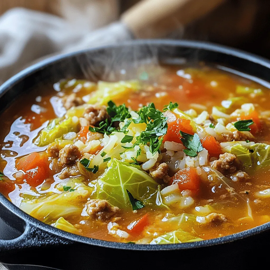 - 1 medium head of green cabbage, chopped - 1 lb ground turkey or beef - 1 cup uncooked rice (white or brown) - 1 large onion, diced - 3 cloves garlic, minced - 4 cups vegetable or chicken broth - 1 can (15 oz) diced tomatoes, undrained - 2 tablespoons tomato paste - 1 teaspoon smoked paprika - 1 teaspoon dried oregano - ½ teaspoon black pepper - ½ teaspoon salt (adjust to taste) - 1 tablespoon olive oil - Fresh parsley, chopped (for garnish) When making Cabbage Roll Soup, you need fresh ingredients. The cabbage gives it a sweet crunch. Ground turkey or beef adds protein and flavor. When I cook with rice, I like to use white or brown, depending on my mood. For the soup base, a large onion and garlic bring warmth. The broth, either vegetable or chicken, helps create a rich flavor. Diced tomatoes add a nice acidity to balance the dish. Now, let’s talk spices. Tomato paste adds depth. Smoked paprika gives a hint of warmth. Oregano brings a classic taste. Black pepper and salt finish the seasoning. I always suggest tasting as you go! The olive oil helps sauté the onion and garlic, bringing out their best flavors. Finally, garnish with fresh parsley for a pop of color and freshness. The Full Recipe is a great guide for this comforting meal. - Heat olive oil in a large pot over medium heat. - Sauté diced onion and minced garlic until translucent. Start by warming the olive oil in your pot. The heat should be medium, not too high. Once the oil is hot, toss in the diced onion and minced garlic. Stir them often. You want the onion to become soft and clear. This usually takes about five minutes. This step adds great flavor to your soup. - Add ground turkey or beef, cooking until browned. Next, add the ground turkey or beef to the pot. Break it apart with a spoon. Cook it until it turns a nice brown color, which takes about six to eight minutes. Make sure to stir it well. This step adds protein and heartiness to your soup. - Stir in chopped cabbage, broth, tomatoes, rice, and seasonings. - Bring to a boil, cover, and simmer as instructed. Now, it’s time to add the chopped cabbage into the pot. Stir it in and let it cook for another five to seven minutes. You want the cabbage to start wilting. Then, pour in the broth and add the canned tomatoes with their juice. Next, throw in the uncooked rice, tomato paste, smoked paprika, dried oregano, black pepper, and salt. Mix everything well to combine. Bring your soup to a boil. Once it boils, reduce the heat, cover the pot, and let it simmer for about 30 to 35 minutes. This will allow the rice to cook and the flavors to blend perfectly. Stir occasionally to keep it from sticking. You can find the full recipe above for all the details on making this warm and tasty dish. Enjoy the process! To give your cabbage roll soup a richer taste, try these add-ins: - A splash of soy sauce for umami. - Fresh herbs like thyme or dill for brightness. - A tablespoon of Worcestershire sauce for depth. When you adjust seasonings, start small. Taste as you go. If you like it spicy, add red pepper flakes. If it needs more flavor, a pinch of salt can help. Remember, the flavors deepen as the soup cooks. Sauté your onion and garlic until they are soft. This builds a strong base for the soup. When you add the cabbage, let it soften before adding broth. This helps the cabbage keep its shape. To incorporate rice, rinse it first to remove extra starch. This keeps the rice from getting mushy. Add the rice with the broth, so it cooks evenly. Stir occasionally to prevent sticking. You can prepare this soup a day in advance. Just let it cool, then store it in the fridge. This allows the flavors to meld together. When you reheat, do it slowly on the stove. This keeps the texture nice. Add a bit of broth if it gets too thick. Enjoy it fresh and warm! For the full recipe, check out the complete guide. {{image_2}} You can make Cabbage Roll Soup meat-free. Use lentils or quinoa as a meat substitute. Both options add protein and flavor. For broth, stick to vegetable broth. It gives a deep taste without meat. You can also use mushroom broth for a rich, umami flavor. To keep this soup gluten-free, switch white rice for brown rice or cauliflower rice. Both work well in the soup. If you want more texture, try using wild rice. Just adjust cooking time since wild rice takes longer to cook. Want to spice things up? Add a pinch of red pepper flakes for heat. You can also toss in some bay leaves for depth. Fresh herbs like dill or thyme can change the taste too. Try adding carrots or bell peppers for a sweet crunch. Just chop them small so they cook evenly. Storing leftovers is easy. First, let the soup cool down. Then, pour it into an airtight container. This keeps it fresh. Store it in the fridge. Make sure to eat it within 3 to 4 days for the best taste. If you want, you can also add a note with the date. This helps you keep track of freshness. You can freeze Cabbage Roll Soup for later. Use a freezer-safe container or a heavy-duty freezer bag. Leave some space at the top for expansion. To thaw, move the soup to the fridge overnight. You can also use warm water for a quicker thaw. Just place the bag in a bowl of water. Once thawed, heat it gently on the stove. Stir it often to keep it smooth. In the fridge, the soup lasts about 3 to 4 days. If you freeze it, it can last up to 3 months. After that, the taste may fade. Always check for changes in smell or color before eating. This way, you enjoy every bite of your Cabbage Roll Soup! Yes, you can. Ground chicken or pork works well too. Each type cooks at similar times. If you choose ground chicken, it may need about 6-8 minutes. For pork, aim for the same 6-8 minutes to brown it well. Quinoa is a great swap for rice. Use 1 cup of quinoa. It cooks faster, about 15 minutes. You can also try cauliflower rice for a low-carb option. Just add it in the last 10 minutes of cooking. Yes, it is quite healthy! It is packed with veggies and lean meat. One serving can have around 250-300 calories. It also provides fiber, protein, and vitamins from the cabbage and tomatoes. The soup is mild as written. If you like heat, add red pepper flakes. Start with 1/4 teaspoon, and taste as you go. You can also use a pinch of cayenne for a bit more kick. Sure! Beans and lentils add great protein and texture. If using canned beans, rinse them and add them in the last 10 minutes. For lentils, add 1 cup and let them cook in the broth for about 20 minutes. Check for doneness before serving. For the full recipe, check out the section above. Cabbage Roll Soup combines simple ingredients for a hearty meal. You need cabbage, meat, and rice as your base. Flavor comes from onions, garlic, and spices. Follow easy steps to cook and store it. You can even customize it for special diets. In my opinion, this soup is not just good; it's versatile and nutritious. Enjoy it today or freeze it for later!