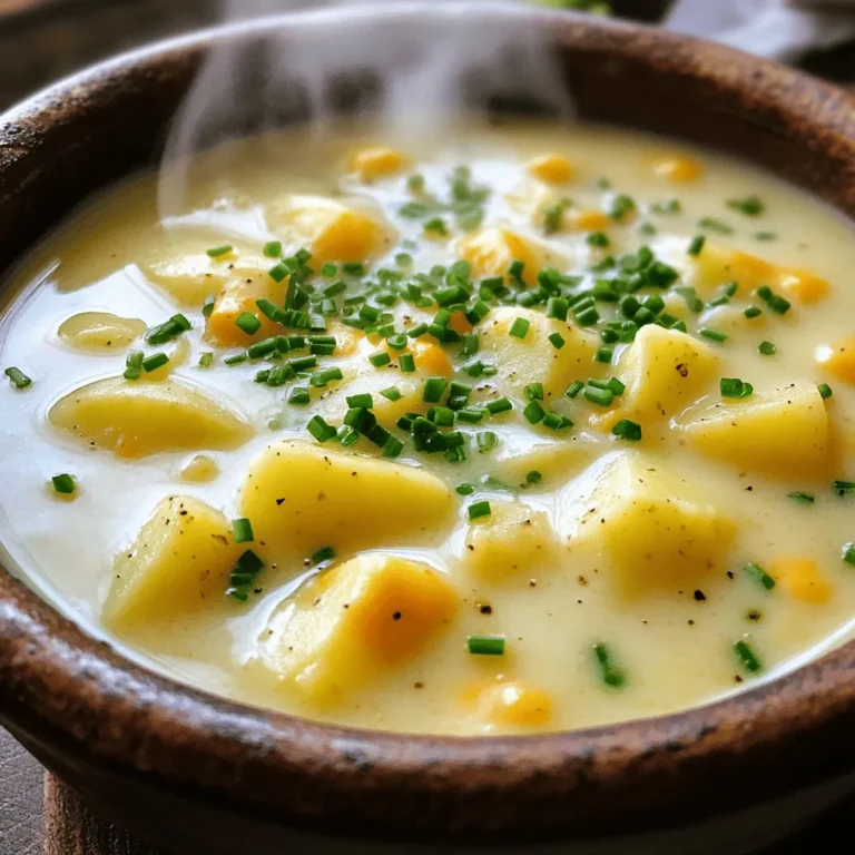 To make Garlic Cheddar Potato Soup, you need some simple but tasty ingredients. Here’s what you will need: - 4 large russet potatoes, peeled and diced - 1 medium onion, chopped - 4 cloves garlic, minced - 4 cups vegetable broth - 1 cup heavy cream - 2 cups sharp cheddar cheese, grated - 2 tablespoons olive oil - 1 teaspoon dried thyme - Salt and pepper to taste - Fresh chives, chopped (for garnish) These ingredients create a warm and creamy soup that is perfect for any day. The russet potatoes give the soup body, while garlic adds a rich flavor. The sharp cheddar cheese makes it creamy and cheesy, creating a delightful balance. When cooking, always choose fresh ingredients for the best taste. You can find the full recipe to guide you through the cooking steps. Enjoy making this comforting dish! 1. Sautéing the onion: Start by heating olive oil in a large pot. Use medium heat. Add the chopped onion. Cook it for about 5 minutes. You want it to be soft and clear, not brown. 2. Adding garlic and thyme: Next, stir in the minced garlic and dried thyme. Cook for 2 minutes. Keep stirring to avoid burning. The smell will be amazing! 3. Cooking the potatoes: Now, add the diced russet potatoes to the pot. Mix well to coat the potatoes with the onion and garlic. Pour in the vegetable broth. Make sure the potatoes are fully covered. Bring it to a boil, then lower the heat. Simmer for 15-20 minutes. The potatoes should be soft enough to pierce with a fork. 1. Using an immersion blender: Take your immersion blender and blend the soup until it is smooth. This is quick and easy. If you don’t have one, carefully move to the next step. 2. Transferring to a traditional blender: If using a traditional blender, pour the soup in batches. Blend carefully to avoid spills. After blending, return the creamy soup to the pot. 1. Incorporating cream and cheese: Stir in the heavy cream and grated cheddar cheese. Keep mixing over low heat. Wait until the cheese melts and the soup heats up. 2. Adjusting seasoning: Finally, taste your soup. Add salt and pepper to your liking. This step makes it just right. Enjoy your Garlic Cheddar Potato Soup Comforting Creamy Delight! For more details, check out the Full Recipe. Choosing the right cheese For a rich taste, always go for sharp cheddar. It gives the best flavor. You can mix it with other cheeses too. Try gouda or cream cheese for a twist. They add creaminess and depth. Adding spices and herbs Spices bring life to the soup. I like to use dried thyme, but feel free to add more. A pinch of cayenne pepper gives a nice kick. Fresh herbs like parsley or basil work wonders too. They brighten up the dish. Achieving creaminess To make your soup creamy, blend it well. A smooth texture makes a big difference. Use an immersion blender for ease. If you don’t have one, pour it into a regular blender carefully. Remember to let it cool a bit first. Alternative potato varieties Russet potatoes are great, but you can try others. Yukon Golds add a buttery taste. Red potatoes hold their shape and add a nice bite. Experiment with different types to find your favorite. Best toppings for garnish Garnish can elevate your soup. I love using chopped chives for a fresh touch. Crispy bacon bits add crunch and flavor. A sprinkle of cheese on top makes it even better. Pairing ideas What goes well with this soup? Fresh bread is a must. A simple salad adds a light touch. Consider a spinach or mixed greens salad for balance. These pairings enhance the whole meal experience. For the full Garlic Cheddar Potato Soup recipe, check out the [Full Recipe]. {{image_2}} You can make this garlic cheddar potato soup fit your diet easily. For a gluten-free option, just check your broth label. Most vegetable broths are gluten-free. You can also use gluten-free flour if you decide to thicken your soup. If you prefer a vegan alternative, swap heavy cream with coconut milk or cashew cream. Replace cheese with nutritional yeast for a cheesy flavor. These adjustments keep your soup creamy and tasty. To change the flavor, add extra vegetables. Diced carrots or chopped celery work great. They add color and nutrition. You can also toss in some spinach or kale for a healthy boost. For a spicy kick, try infusing with spices. Cayenne pepper adds heat, while smoked paprika gives a nice depth. Just a pinch can transform your soup into a flavor bomb. This soup shines in many styles. The classic American version is rich and creamy. You can enjoy it with crusty bread. For an international twist, add curry powder for warmth. It gives a nice depth and a hint of spice. You can also switch up the cheese. Try using a sharp Swiss or crumbly feta for a unique taste. Each variation makes the soup special and fun to explore. For the full recipe, check back to the ingredients and instructions we discussed earlier. To store leftovers of garlic cheddar potato soup, let it cool first. Once cool, pour it into a clean container. Use a container with a tight seal to keep it fresh. Glass jars or plastic containers work well. Make sure to store it in the fridge. It stays good for about 3 to 4 days. You can freeze the soup if you want to keep it longer. First, let it cool completely, just like for refrigeration. Then, pour the soup into freezer-safe bags or containers. Leave some space at the top for expansion. This soup can last up to 3 months in the freezer. When you're ready to eat, thaw the soup overnight in the fridge. To reheat, pour it into a pot over low heat. Stir it well as it warms up. You may need to add a splash of broth or cream if it seems too thick. Enjoy your creamy delight anytime! For the full recipe, check the section above. Can I use instant potatoes for this recipe? Yes, you can use instant potatoes. However, fresh potatoes give better flavor and texture. Instant potatoes may change the soup's creaminess and taste. For the best results, stick to russet potatoes. What can I substitute for heavy cream? If you want a lighter option, use whole milk or half-and-half. For a dairy-free choice, coconut cream works well. This will add a slight coconut flavor but keeps it creamy. How do I make this soup vegan-friendly? To make this soup vegan, use vegetable broth and coconut cream instead of heavy cream. Replace cheddar cheese with a vegan cheese alternative. This keeps the flavor while catering to vegan diets. How long does this soup take to cook? The total cooking time is about 40 minutes. It takes around 10 minutes to prep and 30 minutes to cook. You’ll have a warm, tasty soup ready in no time. Is it necessary to blend the soup? Blending the soup is not required, but it gives a smooth texture. If you prefer a chunkier soup, leave some potato pieces unblended. Just mash them a bit while cooking. Can I prepare this soup in advance? Yes, you can make this soup ahead of time. Store it in the fridge for up to three days. Just reheat it on the stove before serving. For a quick meal, make it in advance! For the full recipe, check the Garlic Cheddar Potato Soup section above. In this blog post, we explored how to make a delicious potato soup. You learned about the key ingredients, like russet potatoes and sharp cheddar cheese. We covered step-by-step instructions, tips for adding flavor, and variations for dietary needs. Lastly, we discussed storage, so you can enjoy your leftovers. With these tips, you can create a comforting soup that meets your needs. Get cooking and enjoy the warmth of homemade soup!