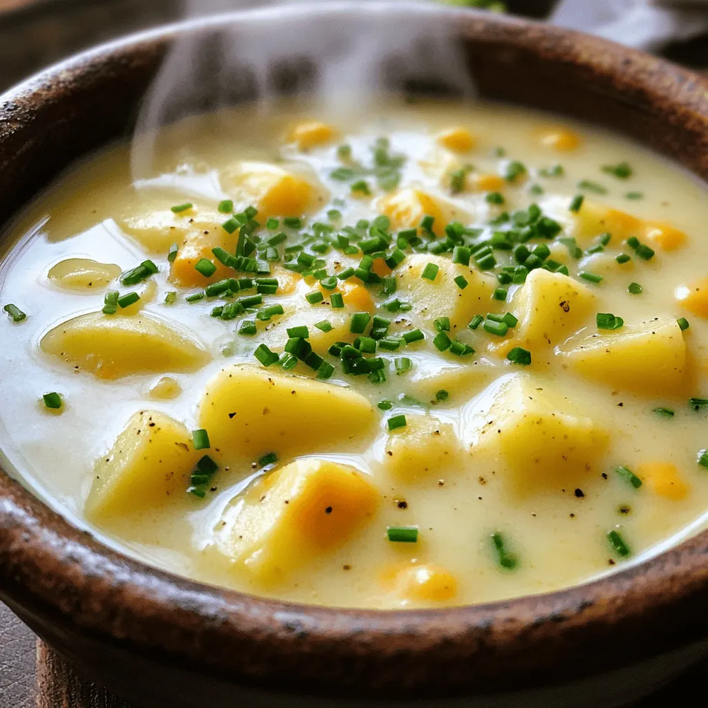 To make Garlic Cheddar Potato Soup, you need some simple but tasty ingredients. Here’s what you will need: - 4 large russet potatoes, peeled and diced - 1 medium onion, chopped - 4 cloves garlic, minced - 4 cups vegetable broth - 1 cup heavy cream - 2 cups sharp cheddar cheese, grated - 2 tablespoons olive oil - 1 teaspoon dried thyme - Salt and pepper to taste - Fresh chives, chopped (for garnish) These ingredients create a warm and creamy soup that is perfect for any day. The russet potatoes give the soup body, while garlic adds a rich flavor. The sharp cheddar cheese makes it creamy and cheesy, creating a delightful balance. When cooking, always choose fresh ingredients for the best taste. You can find the full recipe to guide you through the cooking steps. Enjoy making this comforting dish! 1. Sautéing the onion: Start by heating olive oil in a large pot. Use medium heat. Add the chopped onion. Cook it for about 5 minutes. You want it to be soft and clear, not brown. 2. Adding garlic and thyme: Next, stir in the minced garlic and dried thyme. Cook for 2 minutes. Keep stirring to avoid burning. The smell will be amazing! 3. Cooking the potatoes: Now, add the diced russet potatoes to the pot. Mix well to coat the potatoes with the onion and garlic. Pour in the vegetable broth. Make sure the potatoes are fully covered. Bring it to a boil, then lower the heat. Simmer for 15-20 minutes. The potatoes should be soft enough to pierce with a fork. 1. Using an immersion blender: Take your immersion blender and blend the soup until it is smooth. This is quick and easy. If you don’t have one, carefully move to the next step. 2. Transferring to a traditional blender: If using a traditional blender, pour the soup in batches. Blend carefully to avoid spills. After blending, return the creamy soup to the pot. 1. Incorporating cream and cheese: Stir in the heavy cream and grated cheddar cheese. Keep mixing over low heat. Wait until the cheese melts and the soup heats up. 2. Adjusting seasoning: Finally, taste your soup. Add salt and pepper to your liking. This step makes it just right. Enjoy your Garlic Cheddar Potato Soup Comforting Creamy Delight! For more details, check out the Full Recipe. Choosing the right cheese For a rich taste, always go for sharp cheddar. It gives the best flavor. You can mix it with other cheeses too. Try gouda or cream cheese for a twist. They add creaminess and depth. Adding spices and herbs Spices bring life to the soup. I like to use dried thyme, but feel free to add more. A pinch of cayenne pepper gives a nice kick. Fresh herbs like parsley or basil work wonders too. They brighten up the dish. Achieving creaminess To make your soup creamy, blend it well. A smooth texture makes a big difference. Use an immersion blender for ease. If you don’t have one, pour it into a regular blender carefully. Remember to let it cool a bit first. Alternative potato varieties Russet potatoes are great, but you can try others. Yukon Golds add a buttery taste. Red potatoes hold their shape and add a nice bite. Experiment with different types to find your favorite. Best toppings for garnish Garnish can elevate your soup. I love using chopped chives for a fresh touch. Crispy bacon bits add crunch and flavor. A sprinkle of cheese on top makes it even better. Pairing ideas What goes well with this soup? Fresh bread is a must. A simple salad adds a light touch. Consider a spinach or mixed greens salad for balance. These pairings enhance the whole meal experience. For the full Garlic Cheddar Potato Soup recipe, check out the [Full Recipe]. {{image_2}} You can make this garlic cheddar potato soup fit your diet easily. For a gluten-free option, just check your broth label. Most vegetable broths are gluten-free. You can also use gluten-free flour if you decide to thicken your soup. If you prefer a vegan alternative, swap heavy cream with coconut milk or cashew cream. Replace cheese with nutritional yeast for a cheesy flavor. These adjustments keep your soup creamy and tasty. To change the flavor, add extra vegetables. Diced carrots or chopped celery work great. They add color and nutrition. You can also toss in some spinach or kale for a healthy boost. For a spicy kick, try infusing with spices. Cayenne pepper adds heat, while smoked paprika gives a nice depth. Just a pinch can transform your soup into a flavor bomb. This soup shines in many styles. The classic American version is rich and creamy. You can enjoy it with crusty bread. For an international twist, add curry powder for warmth. It gives a nice depth and a hint of spice. You can also switch up the cheese. Try using a sharp Swiss or crumbly feta for a unique taste. Each variation makes the soup special and fun to explore. For the full recipe, check back to the ingredients and instructions we discussed earlier. To store leftovers of garlic cheddar potato soup, let it cool first. Once cool, pour it into a clean container. Use a container with a tight seal to keep it fresh. Glass jars or plastic containers work well. Make sure to store it in the fridge. It stays good for about 3 to 4 days. You can freeze the soup if you want to keep it longer. First, let it cool completely, just like for refrigeration. Then, pour the soup into freezer-safe bags or containers. Leave some space at the top for expansion. This soup can last up to 3 months in the freezer. When you're ready to eat, thaw the soup overnight in the fridge. To reheat, pour it into a pot over low heat. Stir it well as it warms up. You may need to add a splash of broth or cream if it seems too thick. Enjoy your creamy delight anytime! For the full recipe, check the section above. Can I use instant potatoes for this recipe? Yes, you can use instant potatoes. However, fresh potatoes give better flavor and texture. Instant potatoes may change the soup's creaminess and taste. For the best results, stick to russet potatoes. What can I substitute for heavy cream? If you want a lighter option, use whole milk or half-and-half. For a dairy-free choice, coconut cream works well. This will add a slight coconut flavor but keeps it creamy. How do I make this soup vegan-friendly? To make this soup vegan, use vegetable broth and coconut cream instead of heavy cream. Replace cheddar cheese with a vegan cheese alternative. This keeps the flavor while catering to vegan diets. How long does this soup take to cook? The total cooking time is about 40 minutes. It takes around 10 minutes to prep and 30 minutes to cook. You’ll have a warm, tasty soup ready in no time. Is it necessary to blend the soup? Blending the soup is not required, but it gives a smooth texture. If you prefer a chunkier soup, leave some potato pieces unblended. Just mash them a bit while cooking. Can I prepare this soup in advance? Yes, you can make this soup ahead of time. Store it in the fridge for up to three days. Just reheat it on the stove before serving. For a quick meal, make it in advance! For the full recipe, check the Garlic Cheddar Potato Soup section above. In this blog post, we explored how to make a delicious potato soup. You learned about the key ingredients, like russet potatoes and sharp cheddar cheese. We covered step-by-step instructions, tips for adding flavor, and variations for dietary needs. Lastly, we discussed storage, so you can enjoy your leftovers. With these tips, you can create a comforting soup that meets your needs. Get cooking and enjoy the warmth of homemade soup!