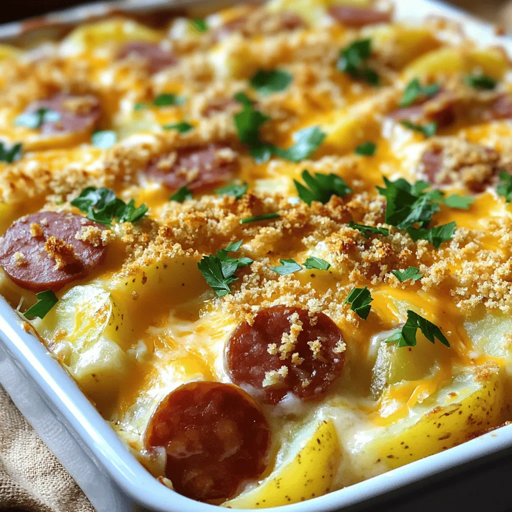 To make the Kielbasa Cheesy Potato Casserole, gather these items: - 1 lb kielbasa sausage, sliced - 4 cups potatoes, peeled and diced - 1 small onion, diced - 2 cups shredded sharp cheddar cheese - 1 cup sour cream - 1 cup milk - 2 cloves garlic, minced - 1 teaspoon dried thyme - 1 teaspoon paprika - Salt and pepper to taste - 1 tablespoon olive oil Feel free to add your twist to this dish with these options: - ½ cup breadcrumbs (for topping) - Fresh parsley (for garnish) - Other cheeses, like mozzarella or gouda - Veggies like bell peppers or spinach This dish serves six. Each serving has about: - Calories: 450 - Protein: 20g - Carbohydrates: 30g - Fat: 30g - Fiber: 2g This simple yet tasty meal combines rich flavors and hearty ingredients, making it a family favorite. Check out the [Full Recipe] for step-by-step instructions to create this delicious casserole. First, gather your ingredients. You'll need kielbasa, potatoes, onion, cheese, sour cream, milk, garlic, thyme, paprika, salt, pepper, olive oil, and breadcrumbs if you want a crunchy top. It's nice to have everything ready before you start cooking. Next, peel and dice your potatoes. Aim for small, even pieces. This helps them cook evenly. Dice the onion and mince the garlic too. Slice the kielbasa into bite-sized pieces. Now, heat the olive oil in a large skillet over medium heat. Add the onion and sauté it for about three minutes. You want it soft and fragrant. Then, add the sliced kielbasa. Cook it for five more minutes until it’s lightly browned. Finally, stir in the minced garlic and cook for one more minute. This step really brings out the flavors. In a large bowl, mix the diced potatoes, sour cream, milk, thyme, paprika, salt, and pepper. Stir until everything is well combined. Fold the kielbasa mixture and half of the cheese into the potato mixture. Make sure to distribute everything evenly. Now, transfer the mixture into a greased 9x13 inch baking dish. Top it with the remaining cheese. If you want a crunchy topping, sprinkle breadcrumbs on top. Cover the dish with aluminum foil and bake it in a preheated oven at 375°F (190°C) for 30 minutes. After that, remove the foil and bake for another 15 to 20 minutes. You want the casserole to be bubbly and golden brown on top. For the best texture, make sure not to overmix your potato mixture. This keeps the potatoes creamy and fluffy. If you like a crispy topping, use breadcrumbs. They add a nice crunch when baked. Let the casserole cool for a few minutes before serving. This allows the flavors to settle. Serve hot, and feel free to garnish with fresh parsley for a pop of color. You can even use individual ramekins for a fun presentation at your next gathering. Enjoy your kielbasa cheesy potato casserole! For the full recipe, check out the recipe section above. To bring out the best in this dish, focus on your spices. Use fresh garlic for a stronger taste. Dried thyme adds warmth, while paprika gives a nice color. You can also add a pinch of cayenne for heat. Layer flavors by sautéing the onions and kielbasa until golden. This step builds a deep, rich taste. If you need to swap ingredients, it’s easy. Use turkey kielbasa for a lighter option. For a dairy-free version, try almond milk and a vegan cheese. Greek yogurt can replace sour cream for a healthier twist. If you're avoiding gluten, use gluten-free breadcrumbs or skip them altogether. Always taste and adjust seasonings after substitutions. Prep your ingredients ahead of time. Dice your potatoes and onions in advance to save time. You can also cook the kielbasa mixture a day before. Store it in the fridge until you're ready to bake. This dish takes about one hour, but with prep, you can cut down on cooking time. Remember to let it cool for a few minutes before serving, as this helps the casserole set. For the full recipe, check out the details above! {{image_2}} If you want a meatless version, you can replace the kielbasa. Use sautéed mushrooms or a mix of bell peppers and zucchini instead. Both options add great texture and flavor. You can also add lentils for protein. This way, your dish remains hearty and satisfying without the meat. Cheddar cheese is a classic choice, but you can try others too. Gouda adds a nice smoky flavor, while Monterey Jack makes it creamier. For a little kick, add pepper jack cheese. Mixing two or more cheeses can create a deeper taste. Feel free to experiment with your favorite kinds! While kielbasa shines in this recipe, other sausages work well too. You could try smoked sausage for a rich taste or turkey sausage for a lighter option. Andouille sausage adds heat and flavor, if you like a spicy twist. Each type gives a unique spin to your casserole. You can mix and match to find what you love best! For the complete preparation, check the Full Recipe. When you have leftovers from your Kielbasa Cheesy Potato Casserole, proper storage is key. This dish stays tasty and fresh when stored correctly. - Cool Down: Let the casserole cool to room temperature first. - Use Airtight Containers: Transfer the leftovers into airtight containers. This helps keep moisture in and air out. - Label and Date: Write the date on the container. This way, you can track how long it has been stored. - Refrigerate Quickly: Store in the fridge within two hours of cooking. It can last for about 3-4 days. - Cool Completely: Ensure the casserole is cool before you freeze it. - Use Freezer-Safe Containers: Place the casserole in a freezer-safe dish or wrap it tightly in plastic wrap and aluminum foil. - Label and Date: Mark the container with the date. It helps you remember when it was frozen. - Freeze Immediately: It can last in the freezer for up to three months. For best taste, try to eat it sooner. - Thaw First: If frozen, thaw the casserole overnight in the fridge. - Oven Reheat: Preheat your oven to 350°F (175°C). Cover the casserole with foil to keep it moist. Heat for about 25-30 minutes. - Microwave Option: If you need it fast, you can microwave individual portions. Heat in short bursts, checking often. - Check Temperature: Ensure it’s heated through to 165°F (74°C) before serving. Enjoy the dish just like the first time! You can pair this casserole with many sides. A simple green salad adds freshness. Steamed broccoli or green beans also work well. For a heartier meal, serve with crusty bread. These sides balance the richness of the casserole. To make this dish gluten-free, swap regular breadcrumbs with gluten-free ones. Ensure the kielbasa you choose is gluten-free as well. Most brands offer gluten-free options. Always read labels to be sure. You can also skip the breadcrumbs entirely for a lighter version. Yes, you can prepare this casserole in advance. Assemble the dish, but don’t bake it right away. Cover it and store it in the fridge for up to 24 hours. When ready, bake it as directed. This saves time on busy days. For the full recipe, refer back to the instructions above. This blog post covered all you need for Kielbasa Cheesy Potato Casserole. We discussed the key ingredients and some optional ones to make it your own. I shared important cooking steps and baking tips for great results. You learned variations for different diets and how to store leftovers. Finally, we answered common questions to help you in the kitchen. I hope you feel confident in making this dish, enjoying every bite. Your kitchen adventures await, so get cooking!