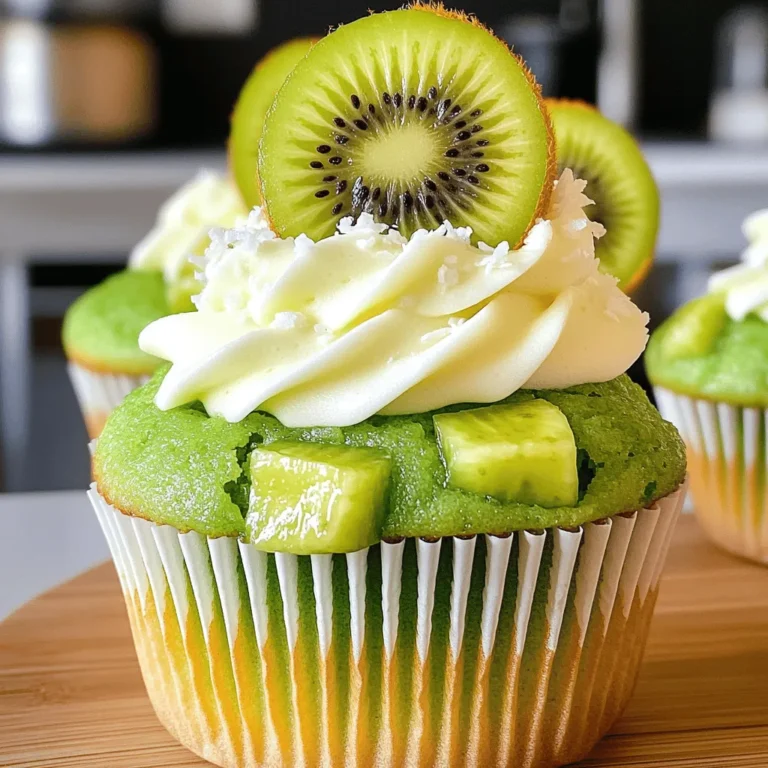 To make these tasty kiwi cupcakes, you need some basic ingredients. Here’s what you should gather: - 1 cup all-purpose flour - 1/2 cup granulated sugar - 1/4 cup unsalted butter, softened - 1 large egg - 1/2 cup milk - 1 teaspoon baking powder - 1/2 teaspoon baking soda - 1/4 teaspoon salt - 1 teaspoon vanilla extract - 1 ripe kiwi, peeled and diced These ingredients come together to create a fluffy and delicious cupcake base that bursts with kiwi flavor. For the finishing touch, you’ll want some extra ingredients for the frosting and toppings: - 1/4 cup whipped cream cheese (for frosting) - Green food coloring (optional) - Shredded coconut (for garnish, optional) These additions will enhance your cupcakes and make them look even more appealing. Choosing ripe kiwis is key for the best flavor in your cupcakes. Here are some tips: - Look for kiwis that feel slightly soft when you press them. - They should have a smooth, brown skin without blemishes. - Avoid kiwis that feel too hard or mushy. Ripe kiwis lend a sweet and tangy taste that makes these cupcakes truly shine. Check out the Full Recipe to put all of this together and create your delightful kiwi cupcakes! To start, gather your ingredients for the batter. You need all-purpose flour, sugar, butter, egg, milk, baking powder, baking soda, salt, and vanilla extract. 1. Preheat your oven to 350°F (175°C). Line a cupcake pan with paper liners. 2. In a medium bowl, cream the softened butter and sugar. Beat until light and fluffy. 3. Add in the egg and vanilla extract. Mix until everything is well combined. 4. In another bowl, whisk together the flour, baking powder, baking soda, and salt. 5. Gradually add the dry mix to the wet mix. Alternate with the milk. Stir until just combined. Now comes the fun part: adding kiwi! You want to use a ripe kiwi. Peel and dice it into small pieces. 1. Gently fold the diced kiwi into the batter. Ensure it spreads evenly throughout the mix. 2. If you like, add a few drops of green food coloring for a fun twist. Mix well but don’t overdo it! It’s time to bake your delightful kiwi cupcakes! 1. Fill each cupcake liner about two-thirds full with batter. 2. Bake for 18-20 minutes. Check with a toothpick; it should come out clean. 3. After baking, let the cupcakes cool in the pan for 5 minutes. Then, transfer them to a wire rack to cool completely. Follow these steps carefully, and you will have fluffy, tasty kiwi cupcakes! Make sure to check the Full Recipe for all details. To get light and fluffy kiwi cupcakes, follow these tips: - Use room temperature ingredients. This helps the batter blend well. - Cream the butter and sugar until they are pale and fluffy. This adds air. - Avoid over-mixing the batter. Stop as soon as the dry ingredients disappear. - Fold in the kiwi gently. This keeps the batter airy and light. Make your kiwi cupcakes look as good as they taste with these fun ideas: - Use whipped cream cheese frosting for a smooth finish. - Add kiwi slices on top for a fresh look. - Sprinkle shredded coconut for a tropical feel. - Drizzle a little honey for extra sweetness and shine. If your cupcakes sink or don’t rise, here’s what to check: - Ensure your baking powder is fresh. Old leavening agents can cause flat cupcakes. - Don’t open the oven door too soon. This lets out heat and can deflate cupcakes. - Fill each cupcake liner no more than 2/3 full. This allows room to rise. - If they sink, try reducing the oven temperature slightly next time. For more detailed steps, check out the Full Recipe. {{image_2}} To make vegan kiwi cupcakes, swap the egg and dairy. Use a flax egg instead of a regular egg. Mix 1 tablespoon of ground flaxseed with 2.5 tablespoons of water, and let it sit for five minutes. For milk, use almond or oat milk. Replace the butter with coconut oil or vegan butter. These swaps keep the cupcakes light and fluffy while staying dairy-free. If you need a gluten-free option, use a gluten-free flour blend. Look for a blend that includes xanthan gum. This helps mimic the texture of regular cupcakes. When you mix, be gentle. Overmixing can make the cupcakes dense. Bake as usual, keeping an eye on them for doneness. You can mix other fruits with kiwi for fun flavors. Try adding diced strawberries or blueberries for a twist. You can also use lime or lemon zest for a zesty kick. For a tropical vibe, combine kiwi with coconut or pineapple. These additions create new taste experiences that excite the palate. Explore these variations to add your own flair to the Kiwi Cupcakes. Use the Full Recipe for guidance on the base cupcake. Enjoy the process and let your creativity shine! To keep your kiwi cupcakes fresh, store them in an airtight container. This helps prevent them from drying out. Place parchment paper between layers of cupcakes to avoid sticking. Keep them at room temperature for 2-3 days. If your kitchen is hot, consider refrigerating them. You can freeze both un-frosted and frosted cupcakes. For un-frosted ones, wrap each cupcake tightly in plastic wrap. Place them in a freezer-safe bag. For frosted cupcakes, freeze them on a baking sheet first. Once frozen, wrap them as mentioned above. They can stay in the freezer for up to three months. When stored properly, kiwi cupcakes last about 2-3 days at room temperature. In the fridge, they can stay fresh for about a week. If frozen, they maintain quality for about three months. Just remember to thaw them in the fridge overnight before serving. Enjoy your delightful and fluffy treats! Yes, you can swap kiwi for other fruits. Try bananas, strawberries, or blueberries. Each fruit brings a unique taste. Make sure to adjust the amount based on the fruit's moisture. For example, bananas are thicker, so use less milk. To boost flavor, add zest from citrus fruits like lemon or orange. You can also mix in spices like cinnamon or nutmeg for warmth. Extracts like almond or coconut enhance the taste too. Don't forget to taste your batter before baking! Start by using a spatula or a piping bag for smooth frosting. For a classic look, spread frosting on top with a knife. If you want to impress, try piping swirls. Always frost cooled cupcakes to avoid melting. Add kiwi slices on top for a fun finish. For the full recipe, check out the details above! Kiwi cupcakes offer a fun twist for any occasion. We explored essential ingredients, from butter to coconut toppings, ensuring delicious results. I shared step-by-step instructions to mix, bake, and cool them perfectly. Tips for texture and decorating ideas help bring your cupcakes to life. We even covered fun variations for vegan or gluten-free options. Remember, proper storage keeps cupcakes fresh longer. With these insights, you can create delightful kiwi cupcakes that wow your friends and family! Enjoy the process and happy baking!