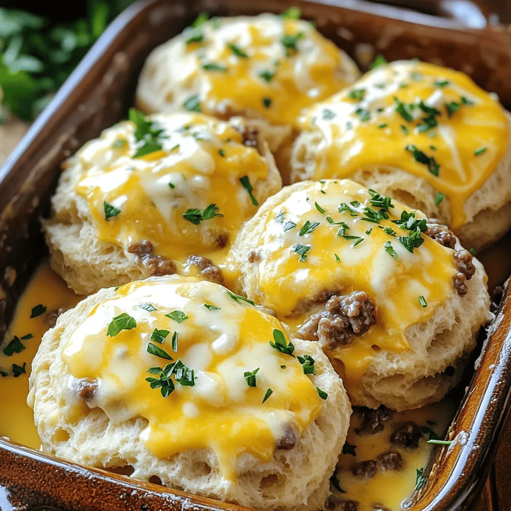To make Beef and Cheese Butter Swim Biscuits, you need a few key ingredients. These ingredients create a tasty and soft biscuit filled with flavor. Here is what you will need: - 2 cups all-purpose flour - 1 tablespoon baking powder - 1/2 teaspoon salt - 1/2 teaspoon garlic powder - 1 cup shredded cheddar cheese - 1 cup cooked ground beef (seasoned to taste) - 1/2 cup buttermilk - 1/2 cup unsalted butter, melted These ingredients work together to give your biscuits a great taste and texture. You can make your biscuits even better with some optional flavor enhancers. Consider adding: - Chopped green onions - Crumbled bacon - Diced jalapeños for a spicy kick - Fresh herbs like parsley or chives Adding these can bring a new twist to your dish. It’s fun to mix and match based on what you like. Cheddar cheese is a classic choice, but you can try other cheeses too. Here are some great options: - Pepper jack for heat - Monterey jack for a mild flavor - Gruyère for a nutty taste - Parmesan for a salty edge Each cheese brings its own taste to the biscuits. Feel free to experiment with different types to find your favorite combination. For the full recipe, check the detailed cooking steps! To make Beef and Cheese Butter Swim Biscuits, you'll first gather your ingredients. You need flour, baking powder, salt, garlic powder, cheddar cheese, cooked ground beef, buttermilk, and melted butter. These simple ingredients create a tasty treat. 1. Preheat the oven. Set it to 425°F (220°C). Grease a 9x13 inch baking dish lightly. 2. Mix dry ingredients. In a large bowl, whisk together the flour, baking powder, salt, and garlic powder. Make sure they blend well. 3. Add cheese and beef. Stir in the shredded cheddar cheese and cooked ground beef. Mix until evenly distributed. 4. Combine wet ingredients. In a separate bowl, mix the buttermilk and melted butter until smooth. 5. Combine wet and dry. Pour the wet mixture into the dry ingredients. Stir gently until just combined. The dough will be a bit sticky. 6. Spoon the dough. Use a spoon or your hands to drop spoonfuls of the dough into the greased baking dish. Let them touch slightly. 7. Add butter. Pour the remaining melted butter over the top of the biscuits evenly. 8. Bake. Place the dish in the oven and bake for 20-25 minutes. Look for golden brown tops and cooked-through biscuits. 9. Cool and serve. Remove from the oven. Let them cool for a few minutes, then serve warm. - Don’t overmix. Overmixing can make your biscuits tough. Mix just until combined. - Use cold butter. If you prefer flakier biscuits, use cold butter instead of melted. - Watch the time. Start checking your biscuits at the 20-minute mark. Ovens vary, and you want them golden, not burnt. These steps will guide you to make delicious Beef and Cheese Butter Swim Biscuits. For the full recipe, refer to the original recipe section. Enjoy the tasty results! When making Beef and Cheese Butter Swim Biscuits, a few mistakes can ruin your dish. First, do not overmix the dough. This can make the biscuits tough. Second, be careful with the butter. If you let it cool too much, it will not blend well. Lastly, do not skip the buttermilk. It adds a nice tang and helps with texture. For the best texture, use cold butter. Cold butter creates flaky layers in your biscuits. Also, use fresh ingredients. Fresh baking powder helps the biscuits rise well. When mixing wet and dry ingredients, just combine them until you see no dry flour. This keeps the biscuits soft and fluffy. Having the right tools makes cooking easier. You need a large mixing bowl for the dough. A whisk helps blend dry ingredients smoothly. Use a spoon or your hands to drop the dough into the baking dish. A 9x13 inch baking dish is perfect for even cooking. Finally, an oven thermometer ensures your oven is at the right temperature for baking. For the full recipe, refer to the section above. {{image_2}} You can change the meat in these biscuits to fit your taste. Try using cooked chicken or turkey. Shredded pork adds a nice twist too. Each meat gives its own flavor, making every batch unique. Just remember, season the meat well before adding it to the dough. This keeps the biscuits tasty and fun. While cheddar cheese shines in this recipe, you can experiment with other cheeses. Try mozzarella for a milder taste. Pepper jack adds a spicy kick. Feta cheese brings a tangy flavor that works well too. Mix different cheeses to create your favorite blend. The key is to pick what you love. Herbs and spices can elevate these biscuits. Fresh chives or parsley add a bright note. You can also sprinkle in some dried oregano or thyme for depth. If you like heat, add red pepper flakes. Just a pinch can change the whole dish. Don't be afraid to get creative! To keep your beef and cheese butter swim biscuits fresh, store them in an airtight container. Layer them with parchment paper to prevent sticking. Make sure to let them cool completely before sealing. They will last up to three days in the fridge. If you want to keep them longer, freezing is a great option. To reheat, preheat your oven to 350°F (175°C). Place the biscuits on a baking sheet. Cover them with foil to prevent drying out. Heat for about 10-15 minutes, or until warm. You can also microwave them for about 30 seconds. However, the oven gives a better texture. For freezing, wrap each biscuit tightly in plastic wrap. Then place them in a freezer-safe bag or container. They can be frozen for up to three months. To use, thaw them in the fridge overnight. Then reheat as mentioned above for the best flavor and texture. For more detailed cooking steps, refer to the Full Recipe. Beef and cheese butter swim biscuits are soft, savory treats. They blend tender biscuits with ground beef and cheese. The biscuits bake in a pool of melted butter, giving them a rich flavor. These biscuits are perfect for breakfast, lunch, or dinner. Yes, you can make these biscuits ahead of time. Prepare the dough and store it in the fridge for up to 24 hours. When you're ready to bake, drop the dough into the pan and pour on the butter. Bake as directed in the full recipe for best results. To make these biscuits gluten-free, swap the all-purpose flour for a gluten-free blend. Look for a blend that includes xanthan gum for the best texture. This change keeps the biscuits soft and fluffy while staying gluten-free. These biscuits pair well with many dishes. Serve them alongside a fresh salad or a hot bowl of soup. For a fun twist, enjoy them with a spicy dipping sauce. They also make a great side for grilled meats or veggies. At high altitude, you may need to make a few changes. Increase the oven temperature by 15 to 25 degrees Fahrenheit. You might also reduce the baking powder slightly to prevent over-rising. Keep an eye on the biscuits while they bake, as they may cook faster. Beef and Cheese Butter Swim Biscuits are easy and fun to make. We covered key ingredients, steps, and baking tips. I shared mistakes to avoid and equipment you need. You also learned about tasty variations and how to store leftovers. These biscuits are perfect for any meal or snack. Try them your way and enjoy! You’ll impress everyone with your cooking skills.