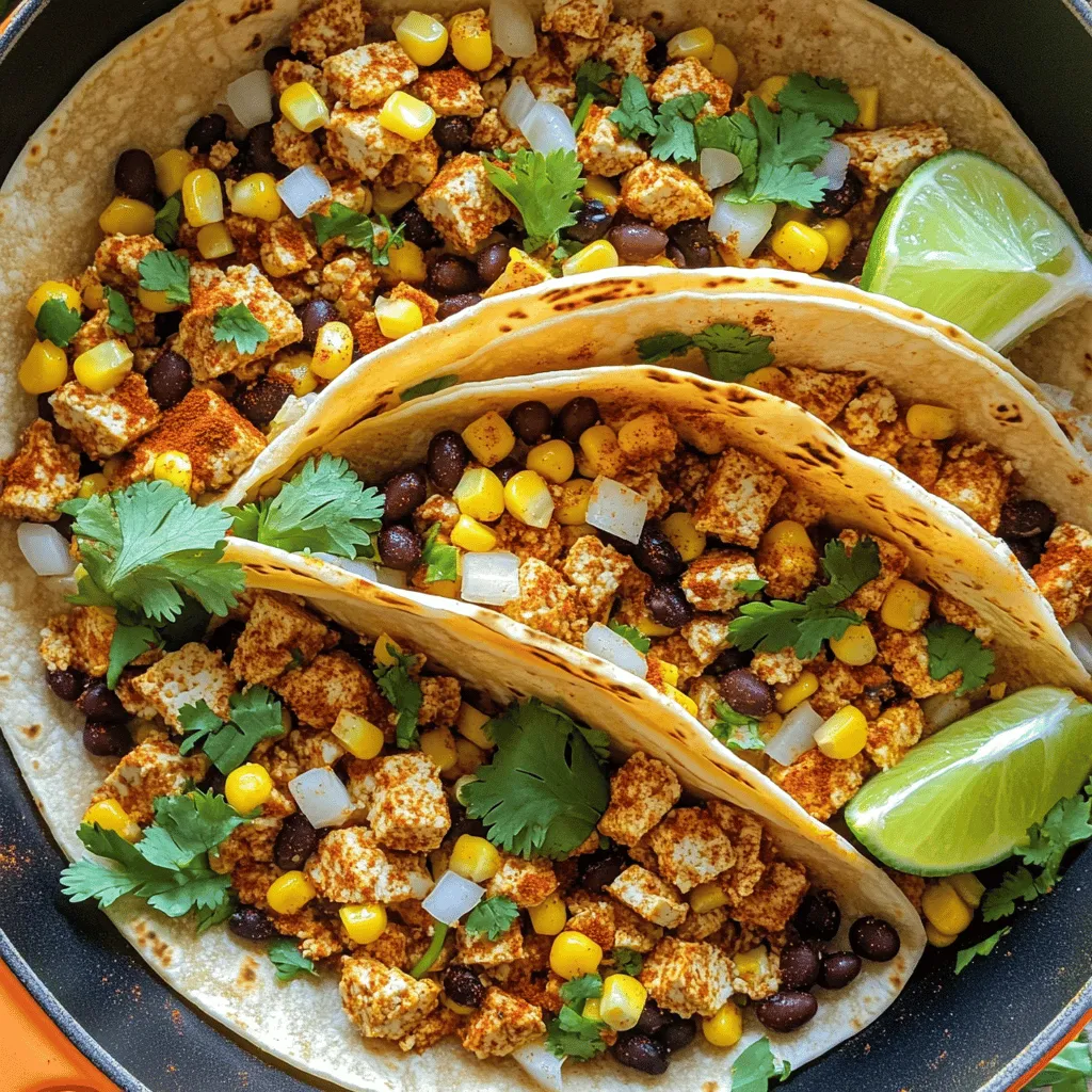 - 1 block (14 oz) firm tofu - 2 tablespoons olive oil - 1 small onion, finely chopped - 2 cloves garlic, minced - 1 tablespoon chili powder - 2 teaspoons cumin - 1 teaspoon smoked paprika - 1 teaspoon salt - 1 teaspoon black pepper - 1 tablespoon soy sauce or tamari - 1 tablespoon nutritional yeast (optional) - 1/2 cup corn (fresh or frozen) - 1/2 cup black beans, rinsed and drained To create tasty tofu taco meat, you need some basic items. First, you need firm tofu. This gives the right texture. You also need olive oil, onion, and garlic to build flavor. Next, the spices are key. Chili powder, cumin, and smoked paprika add depth. Salt and black pepper enhance the taste. Soy sauce or tamari gives umami, while nutritional yeast adds a cheesy flavor. If you want to add more to your dish, corn and black beans work great. They boost nutrition and flavor. You can find the full recipe in the recipe section. Pressing the tofu Start by pressing the tofu. This step helps remove extra water. Wrap the tofu in a clean kitchen towel. Place a heavy pan on top. Let it sit for about 15-20 minutes. This makes the tofu firmer and better for crumbling. Crumbling the tofu Once pressed, take the tofu and crumble it into small pieces. You can use your hands or a fork. Aim for a texture similar to ground meat. This will help it mix well with other ingredients. Heating the olive oil and sautéing onion In a skillet, heat 2 tablespoons of olive oil over medium heat. Add the finely chopped onion. Sauté for about 3-4 minutes until the onion becomes soft and clear. Adding garlic to the mix Next, add 2 cloves of minced garlic. Cook for another minute. You want to smell the garlic but not burn it. This adds great flavor to the base. Mixing spices thoroughly Now it’s time to add the crumbled tofu to the skillet. Stir well to combine it with the onions and garlic. Then, sprinkle in 1 tablespoon of chili powder, 2 teaspoons of cumin, 1 teaspoon of smoked paprika, 1 teaspoon of salt, and 1 teaspoon of black pepper. Mix everything thoroughly to coat the tofu with the spices. Incorporating soy sauce or tamari Drizzle in 1 tablespoon of soy sauce or tamari. If you like, you can add 1 tablespoon of nutritional yeast for extra flavor. Cook this mixture for about 5-7 minutes. Stir occasionally until the tofu starts to brown a bit. Adding corn and black beans Now, fold in 1/2 cup of corn and 1/2 cup of black beans. If you want, you can skip the beans. Cook for another 2-3 minutes until everything is heated through. Adjusting seasoning to taste Finally, taste your tofu taco meat. Adjust the seasoning if needed. You can add more salt or spices to make it just right. Enjoy your tofu taco meat as a filling for tacos, burritos, or on top of salads! For detailed cooking steps, check out the Full Recipe. For tofu taco meat, always choose firm tofu. Firm tofu holds its shape well. It gives the dish a nice texture. Soft tofu can turn mushy and watery. Pressing the tofu is key. You want to remove as much moisture as possible. Wrap your tofu in a clean towel. Place a heavy pan on top for 15-20 minutes. This step helps the tofu absorb flavors better. Spices make tofu taco meat pop with flavor. I recommend using chili powder, cumin, and smoked paprika. These spices add depth and warmth. You can adjust the spice levels based on your taste. If you like it hot, add more chili powder. For milder flavor, reduce the spices a bit. Always taste as you go to find your perfect mix. You can cook tofu taco meat in a skillet or bake it. A skillet gives you nice browning. Heat olive oil over medium heat before adding the tofu. Cook until it’s golden brown. Stir it often for even cooking. If you prefer to bake, spread the tofu on a baking sheet. Bake at 400°F for 20-25 minutes. Both methods are tasty, but skillet cooking adds a crispy texture. {{image_2}} You can change your tofu taco meat in many ways. One easy swap is to add different beans or lentils. Black beans, pinto beans, and chickpeas all work well. They add protein and a nice texture. You can also mix in lentils for a hearty bite. If you're feeling adventurous, try substituting tofu with tempeh. Tempeh has a nutty taste and a firmer texture. Just crumble it like tofu and follow the same recipe. This gives you a new twist on your taco meat. To make your tofu taco meat even tastier, try different spice blends. Taco seasoning is a classic choice. It brings warmth and depth to the dish. You can also create your own blend with chili powder, cumin, and smoked paprika. Adding fresh herbs is another great way to brighten flavors. Chopped cilantro or parsley can make your dish feel fresh. You can add herbs right at the end of cooking. This keeps their bright flavor intact. This tofu taco meat is super versatile. Use it in tacos, burritos, or even salads. You can layer it with your favorite toppings, like avocado, salsa, or cheese. Try creating a taco bar for friends. Set out bowls of toppings, and let everyone build their own. This makes for a fun and interactive meal! For the complete recipe, check out the Full Recipe. To keep your tofu taco meat fresh, store it in an airtight container. Place it in the fridge after it cools down. It stays good for about 3 to 5 days. If you want to save it for later, freezing is a great option. Use a freezer-safe bag or container. Make sure to remove as much air as possible. Your taco meat will last for about 2 months in the freezer. When you are ready to eat the leftovers, reheat them gently. Use a skillet over medium heat. Stir occasionally to avoid burning. This will help keep the texture nice. You can also add a splash of vegetable broth or water. This adds moisture and keeps the flavors bright. If you want to refresh the flavors, add a squeeze of lime juice or a dash of hot sauce when reheating. This little trick brings the dish back to life! For all the steps and details, check out the Full Recipe. To press tofu, I recommend using a clean kitchen towel. Wrap the tofu block and place a heavy pan on top. This method removes excess moisture. Press for about 15-20 minutes for the best results. You can also use a tofu press if you have one. You can use soft tofu, but it changes the texture. Soft tofu is creamier and may not hold up in tacos. Firm tofu is better for a meat-like texture. It crumbles nicely and absorbs flavors well. This choice makes your taco meat more satisfying. Popular toppings include diced tomatoes, lettuce, and avocado. You can also add shredded cheese or sour cream. For a taco bar, try setting out different options. Creative ideas include pickled onions, fresh cilantro, or spicy salsa. These add flavor and color to your meal. This blog post guides you through making tasty tofu taco meat. We covered main ingredients, step-by-step instructions, and helpful tips. Remember, firm tofu gives the best texture, and seasonings make it flavorful. You can customize it with different beans and spices to suit your taste. Store leftovers properly, so you enjoy them later. Have fun getting creative with serving ideas and toppings. You’ll impress anyone with these vegan tacos!