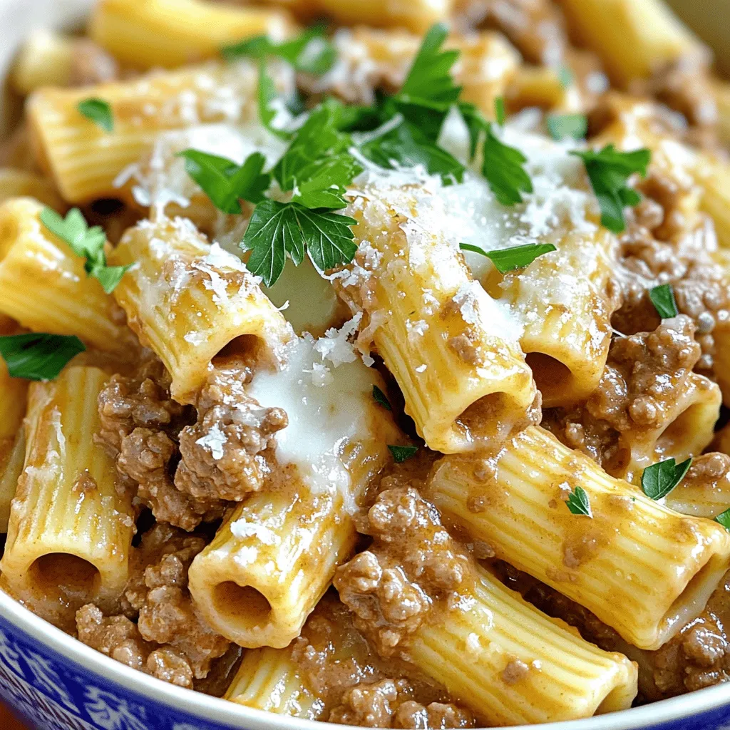 To make creamy Parmesan beef rigatoni, you will need these key ingredients: - 12 oz rigatoni pasta - 1 lb ground beef - 1 medium onion, diced - 3 cloves garlic, minced - 1 cup vegetable broth - 1 cup heavy cream - 1 cup grated Parmesan cheese - 1 teaspoon Italian seasoning - Salt and pepper to taste - 2 tablespoons olive oil - Fresh parsley, chopped (for garnish) These ingredients create a perfect blend of flavors and textures. The rigatoni holds the sauce well. The ground beef gives it heartiness. The cream and cheese make it rich and smooth. If you want to switch things up, consider these alternatives: - Use turkey or chicken instead of ground beef for a lighter dish. - Swap heavy cream with half-and-half for a lighter sauce. - Try using vegetable broth for a vegetarian version. - You can replace Parmesan with Pecorino Romano for a sharper flavor. These swaps can help you cater to your taste or dietary needs. They keep the dish exciting and fresh. To make this meal, you’ll need some basic kitchen tools: - Large pot for boiling pasta - Large skillet for cooking beef and making the sauce - Spatula for stirring and breaking up the beef - Measuring cups for accurate ingredient portions - Knife and cutting board for chopping onion and garlic Having the right tools makes cooking easier and more enjoyable. You can find all these items in most kitchens. If you follow the full recipe, you’ll create a delicious dish that everyone will love. To make creamy Parmesan beef rigatoni, start with the pasta. Bring a large pot of salted water to a boil. Add 12 oz of rigatoni pasta and cook it until it's al dente. This usually takes around 10-12 minutes, so check the package for exact times. Once done, drain the pasta and set it aside. Next, heat 2 tablespoons of olive oil in a large skillet over medium heat. Add 1 medium diced onion and 3 minced garlic cloves. Sauté them until the onion turns translucent. This step adds great flavor to the dish. Now, add 1 lb of ground beef to the skillet. Break it apart with a spatula and cook for about 5-7 minutes until it is browned and cooked through. Season the beef with salt and pepper to taste. After the beef is browned, pour in 1 cup of vegetable broth. Stir it well and let it simmer for about 3 minutes. This will help reduce the broth. Then, lower the heat and add 1 cup of heavy cream. Stir continuously while adding 1 cup of grated Parmesan cheese gradually. Mix until the cheese melts and the sauce becomes creamy. Finally, stir in 1 teaspoon of Italian seasoning for extra flavor. Now, combine the cooked rigatoni with the sauce in the skillet. Toss everything together until the pasta is well coated. If the sauce seems too thick, add a splash of pasta water until you reach your desired creaminess. Serve your dish hot, garnished with freshly chopped parsley for a pop of color. - Always use a large pot with plenty of water for boiling pasta. - Add salt to the boiling water; it should taste like the sea. - Stir the pasta occasionally to prevent sticking. - Check the pasta a minute before the package time to avoid overcooking. 1. Boil pasta: 10-12 minutes. 2. Sauté onion and garlic: 3-4 minutes. 3. Brown beef: 5-7 minutes. 4. Simmer broth: 3 minutes. 5. Make the sauce: 5 minutes. 6. Combine and serve: 2 minutes. This timing ensures you have a delicious, creamy dish ready in about 30 minutes. For the full recipe, check the details above! To make your Creamy Parmesan Beef Rigatoni truly shine, focus on the flavors. Use fresh garlic and onion; they add depth. Try adding a splash of white wine when cooking the beef. This adds a nice acidity that balances the creaminess. For more flavor, add a pinch of red pepper flakes for a mild heat. Fresh herbs like basil or thyme can brighten the dish. Just chop them and sprinkle on top just before serving. One common mistake is overcooking the pasta. Cook it al dente, as it will soften further in the sauce. Another mistake is not seasoning enough. Always season your beef while cooking. Taste the sauce before mixing in the pasta. If it needs salt or pepper, add it now. Lastly, don’t rush the sauce. Let it simmer to allow the flavors to meld. To reheat your Creamy Parmesan Beef Rigatoni, use a skillet instead of the microwave. Add a splash of cream or broth to keep it creamy. Heat over medium-low, stirring gently until warm. This way, your dish stays rich and delicious. If you use the microwave, do it in short bursts and stir in between. This helps maintain the creamy texture. For best results, serve fresh, but leftovers can still taste great if reheated properly. {{image_2}} You can easily make a vegetarian version of creamy Parmesan rigatoni. Start by swapping the ground beef for mushrooms or lentils. Mushrooms add a rich flavor and meaty texture. Lentils are great for protein and fiber. You can use 1 lb of either option. Follow the same cooking steps as in the full recipe. Just be sure to sauté them well to enhance their flavors. If you want to change the protein, there are many options. Ground turkey or chicken works well. You can also use plant-based crumbles for a vegan dish. Consider adding cooked sausage for a spicy kick. Each choice gives a different taste but keeps the dish creamy and delicious. Adding vegetables boosts nutrition and flavor. Try spinach or kale for a pop of color and health benefits. Bell peppers or zucchini can add sweetness and crunch. Fresh herbs like basil or thyme will brighten the dish. Toss them in during the last few minutes of cooking. This way, they stay vibrant and fresh. Experiment with what you love to make your rigatoni unique! To keep your creamy Parmesan beef rigatoni fresh, store it in an airtight container. Make sure it cools down to room temperature before sealing. This helps prevent moisture build-up. Always label the container with the date. This way, you can track how long it has been stored. You can freeze creamy Parmesan beef rigatoni for later. First, let it cool completely. Next, portion the rigatoni into freezer-safe bags or containers. Remove as much air as possible before sealing. This helps prevent freezer burn. When you're ready to enjoy it again, thaw it overnight in the fridge before reheating. In the fridge, creamy Parmesan beef rigatoni lasts about three to four days. When reheating, use a skillet over low heat for even warming. Add a splash of water or broth to help restore creaminess. You can also microwave it in short bursts, stirring in between. Make sure it’s heated all the way through before serving. For best results, consume it within the first few days. You can find the full recipe to enjoy this dish fresh and hot. To make creamy Parmesan beef rigatoni, follow these steps: 1. Cook 12 oz of rigatoni pasta in salted water until al dente. 2. In a skillet, heat 2 tablespoons of olive oil. 3. Add 1 medium diced onion and 3 minced garlic cloves, cooking until soft. 4. Add 1 lb of ground beef, breaking it up with a spatula. Cook until browned. 5. Pour in 1 cup of vegetable broth and let it simmer for 3 minutes. 6. Lower the heat and add 1 cup of heavy cream, stirring well. 7. Gradually mix in 1 cup of grated Parmesan cheese until melted. 8. Add Italian seasoning, salt, and pepper to taste. 9. Toss the cooked rigatoni in the creamy sauce. 10. Serve hot, garnished with fresh parsley. This method gives you a rich and creamy dish that's simple to make. For the full recipe, check the recipe section above. Yes, you can use other pasta shapes. Penne or fusilli work well too. Each shape holds the sauce differently. Rigatoni has ridges that catch the creamy sauce. This makes every bite delicious. If you want a gluten-free option, use gluten-free pasta. Just follow the cooking time on the package. If you want to replace heavy cream, use milk and butter instead. Mix 3/4 cup of milk with 1/4 cup of melted butter. This will give a similar richness. You can also use half-and-half for a lighter option. For a dairy-free choice, try coconut cream or cashew cream. Each substitute will change the flavor a bit, so choose what you like best! This article covered how to make creamy Parmesan beef rigatoni, ingredient options, and key tools. You learned step-by-step cooking tips to ensure perfect pasta. We explored common mistakes and reheating methods for great taste. Variations, like vegetarian options and adding vegetables, let you customize your dish. Finally, you found best practices for storing and freezing leftovers. Use these tips to create a comforting meal your family will love. Enjoy the cooking process and impress your loved ones with your skills.