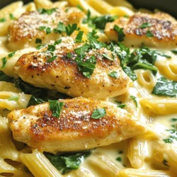 For this creamy Parmesan chicken dish, you need a few key items: - 2 boneless, skinless chicken breasts - 8 oz penne pasta - 1 cup heavy cream These main ingredients form the base of your meal. The chicken brings protein, while the penne pasta adds heartiness. The heavy cream gives the sauce its rich, velvety texture. To boost the flavor, gather these items: - 1 tablespoon olive oil - 3 cloves garlic, minced - 1 cup grated Parmesan cheese Olive oil helps cook the chicken and adds richness. Garlic gives a lovely aroma and flavor. Parmesan cheese melts into the sauce, making it creamy and delicious. For a pop of color and taste, include: - 1 cup baby spinach - 1 teaspoon Italian seasoning - Fresh parsley, chopped (for garnish) Baby spinach adds nutrients and a fresh touch. Italian seasoning gives depth to the dish. Finally, parsley garnishes your meal and adds a fresh bite. For the complete recipe, check out the Full Recipe. To boil penne pasta correctly, fill a large pot with water. Add a good amount of salt. Bring the water to a rolling boil. Add the penne and stir to keep it from sticking. Cook it according to the package instructions, usually around 11 minutes. For al dente texture, check the pasta a minute or two before the time is up. It should be firm but not hard. For flavor, season both sides of the chicken breasts with salt, pepper, and Italian seasoning. This mix adds great taste. Heat olive oil in a large skillet over medium heat. Place the chicken in the skillet. Cook for about 6-7 minutes on each side. Look for a nice golden brown color. The chicken should be cooked through. After cooking, let it rest for a few minutes before slicing it into strips. Start by sautéing minced garlic in the same skillet. Cook it for about one minute until it smells amazing. Slowly pour in the heavy cream and stir. Bring it to a gentle simmer while stirring. Gradually mix in the grated Parmesan cheese. Keep stirring until the cheese melts and the sauce is smooth. This step is key to a creamy sauce. Now, add the baby spinach to the sauce. Stir until it wilts down a bit. Then, add the cooked penne pasta to the creamy sauce. Toss everything together to coat the pasta well. For a nice presentation, arrange the sliced chicken on top of the creamy pasta. Garnish with chopped parsley for a bright touch. Serve warm for the best flavor. For the complete recipe, check the Full Recipe section. To keep your chicken juicy, do not overcook it. Use a meat thermometer to check for doneness. Aim for 165°F (75°C). This ensures it stays moist and tender. After cooking, let the chicken rest for a few minutes. This step helps the juices settle, making every bite flavorful. If you want a lighter sauce, swap heavy cream for half-and-half or coconut milk. These options cut calories but keep the taste rich. To achieve a smooth consistency, add the cheese slowly. Stir it in gradually to avoid lumps and ensure it melts evenly. Pair your creamy pasta with a fresh salad or garlic bread. A bright green salad adds crunch and balances the creaminess. For wine lovers, a crisp white wine works best. Try a Pinot Grigio or Sauvignon Blanc; they complement the flavors well. You can find the Full Recipe to guide you through each step with ease. {{image_2}} You can switch the chicken for shrimp or salmon. Both add great flavor. - Shrimp: Cook shrimp until pink and tender. Add them to the sauce after the garlic. - Salmon: Bake or pan-sear salmon fillets. Flake the fish and mix it into the pasta. If you want a vegetarian option, use mushrooms or tofu. They absorb flavors well. Just sauté them until golden before adding to the dish. Penne is a classic choice, but you can try other pasta types. - Fusilli: Twisted shapes grab more sauce. - Farfalle: Bowtie pasta adds a fun look. If you need gluten-free options, use gluten-free penne or brown rice pasta. Cook them as directed on the package for the best results. You can boost flavors by adding herbs or spices. - Basil or Oregano: These fresh herbs add brightness. - Red Pepper Flakes: A pinch adds a nice kick. Experimenting with different cheeses can change the whole dish. - Mozzarella: For a melty, gooey texture. - Pecorino Romano: It adds sharpness and depth. For the full recipe, check out Creamy Parmesan Chicken with Penne. Enjoy your cooking! To keep your creamy Parmesan chicken with penne fresh, store it in an airtight container. Make sure it cools down before sealing. This helps prevent moisture build-up. When stored correctly, leftovers last about 3 to 4 days in the fridge. Always check for any signs of spoilage before eating. If it smells off or looks different, it's best to toss it. Freezing is a great option for longer storage. To freeze, first cool the dish completely. Then, portion it into freezer-safe containers. Label them with the date for easy tracking. You can freeze creamy Parmesan chicken with penne for up to 2 months. When you're ready to enjoy it again, thaw it in the fridge overnight. For reheating, place it in a saucepan over low heat. Stir occasionally until warmed through. You might want to add a splash of cream to bring back the dish's original creaminess. Enjoy your flavorful meal again! For the full recipe, check out the detailed steps provided earlier. Yes, you can use other cheeses. Here are some great options: - Pecorino Romano for a sharper taste. - Asiago adds a nutty flavor. - Grana Padano works well for a similar texture. These cheeses melt nicely and add depth to the dish. Many side dishes go well with this meal. Here are some popular ideas: - Garlic bread for a classic touch. - A fresh garden salad adds crunch. - Roasted vegetables bring color and flavor. These sides complement the creamy chicken nicely. To make this dish gluten-free, use gluten-free penne pasta. You can find various brands at stores. Here are a few options: - Brown rice penne for a mild flavor. - Chickpea penne adds protein and fiber. - Quinoa pasta offers a unique texture. These options work well in the recipe. Yes, you can prepare this dish ahead of time. Here are some tips for meal prepping: - Cook the chicken and pasta, then store them separately. - Make the sauce and keep it in the fridge. - Combine everything before serving for the best taste. This way, you save time on busy nights. For the full recipe, check the earlier section! This blog post covers how to make a creamy parmesan chicken with penne. We talked about main ingredients, flavor enhancers, and tips for cooking. You learned the best ways to prepare chicken and pasta, plus how to make a delicious sauce. Remember to try different proteins, pasta, and flavors for fun twists. Store your leftovers right to enjoy them later. Cooking can be simple and enjoyable with the right steps. Dive in and create your own tasty version of this dish!