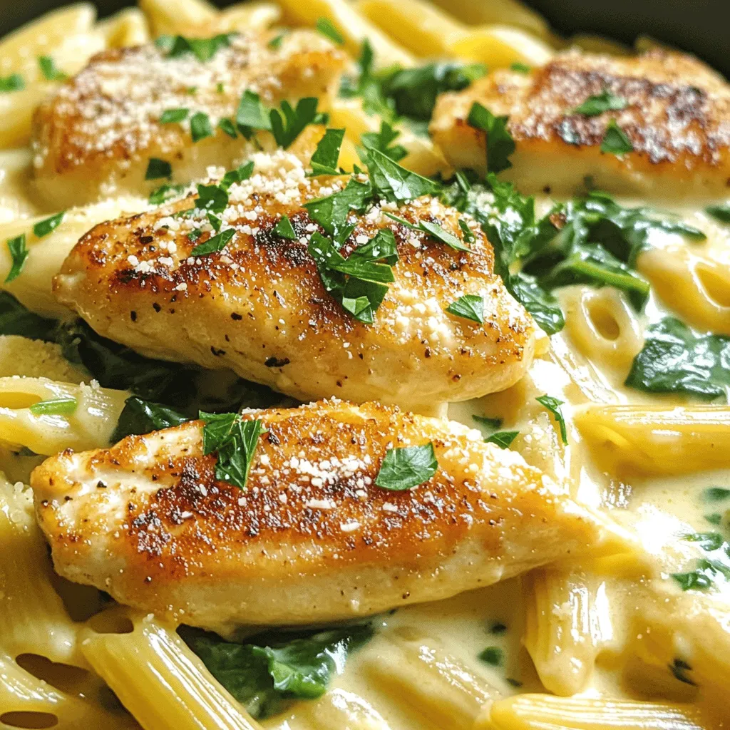 For this creamy Parmesan chicken dish, you need a few key items: - 2 boneless, skinless chicken breasts - 8 oz penne pasta - 1 cup heavy cream These main ingredients form the base of your meal. The chicken brings protein, while the penne pasta adds heartiness. The heavy cream gives the sauce its rich, velvety texture. To boost the flavor, gather these items: - 1 tablespoon olive oil - 3 cloves garlic, minced - 1 cup grated Parmesan cheese Olive oil helps cook the chicken and adds richness. Garlic gives a lovely aroma and flavor. Parmesan cheese melts into the sauce, making it creamy and delicious. For a pop of color and taste, include: - 1 cup baby spinach - 1 teaspoon Italian seasoning - Fresh parsley, chopped (for garnish) Baby spinach adds nutrients and a fresh touch. Italian seasoning gives depth to the dish. Finally, parsley garnishes your meal and adds a fresh bite. For the complete recipe, check out the Full Recipe. To boil penne pasta correctly, fill a large pot with water. Add a good amount of salt. Bring the water to a rolling boil. Add the penne and stir to keep it from sticking. Cook it according to the package instructions, usually around 11 minutes. For al dente texture, check the pasta a minute or two before the time is up. It should be firm but not hard. For flavor, season both sides of the chicken breasts with salt, pepper, and Italian seasoning. This mix adds great taste. Heat olive oil in a large skillet over medium heat. Place the chicken in the skillet. Cook for about 6-7 minutes on each side. Look for a nice golden brown color. The chicken should be cooked through. After cooking, let it rest for a few minutes before slicing it into strips. Start by sautéing minced garlic in the same skillet. Cook it for about one minute until it smells amazing. Slowly pour in the heavy cream and stir. Bring it to a gentle simmer while stirring. Gradually mix in the grated Parmesan cheese. Keep stirring until the cheese melts and the sauce is smooth. This step is key to a creamy sauce. Now, add the baby spinach to the sauce. Stir until it wilts down a bit. Then, add the cooked penne pasta to the creamy sauce. Toss everything together to coat the pasta well. For a nice presentation, arrange the sliced chicken on top of the creamy pasta. Garnish with chopped parsley for a bright touch. Serve warm for the best flavor. For the complete recipe, check the Full Recipe section. To keep your chicken juicy, do not overcook it. Use a meat thermometer to check for doneness. Aim for 165°F (75°C). This ensures it stays moist and tender. After cooking, let the chicken rest for a few minutes. This step helps the juices settle, making every bite flavorful. If you want a lighter sauce, swap heavy cream for half-and-half or coconut milk. These options cut calories but keep the taste rich. To achieve a smooth consistency, add the cheese slowly. Stir it in gradually to avoid lumps and ensure it melts evenly. Pair your creamy pasta with a fresh salad or garlic bread. A bright green salad adds crunch and balances the creaminess. For wine lovers, a crisp white wine works best. Try a Pinot Grigio or Sauvignon Blanc; they complement the flavors well. You can find the Full Recipe to guide you through each step with ease. {{image_2}} You can switch the chicken for shrimp or salmon. Both add great flavor. - Shrimp: Cook shrimp until pink and tender. Add them to the sauce after the garlic. - Salmon: Bake or pan-sear salmon fillets. Flake the fish and mix it into the pasta. If you want a vegetarian option, use mushrooms or tofu. They absorb flavors well. Just sauté them until golden before adding to the dish. Penne is a classic choice, but you can try other pasta types. - Fusilli: Twisted shapes grab more sauce. - Farfalle: Bowtie pasta adds a fun look. If you need gluten-free options, use gluten-free penne or brown rice pasta. Cook them as directed on the package for the best results. You can boost flavors by adding herbs or spices. - Basil or Oregano: These fresh herbs add brightness. - Red Pepper Flakes: A pinch adds a nice kick. Experimenting with different cheeses can change the whole dish. - Mozzarella: For a melty, gooey texture. - Pecorino Romano: It adds sharpness and depth. For the full recipe, check out Creamy Parmesan Chicken with Penne. Enjoy your cooking! To keep your creamy Parmesan chicken with penne fresh, store it in an airtight container. Make sure it cools down before sealing. This helps prevent moisture build-up. When stored correctly, leftovers last about 3 to 4 days in the fridge. Always check for any signs of spoilage before eating. If it smells off or looks different, it's best to toss it. Freezing is a great option for longer storage. To freeze, first cool the dish completely. Then, portion it into freezer-safe containers. Label them with the date for easy tracking. You can freeze creamy Parmesan chicken with penne for up to 2 months. When you're ready to enjoy it again, thaw it in the fridge overnight. For reheating, place it in a saucepan over low heat. Stir occasionally until warmed through. You might want to add a splash of cream to bring back the dish's original creaminess. Enjoy your flavorful meal again! For the full recipe, check out the detailed steps provided earlier. Yes, you can use other cheeses. Here are some great options: - Pecorino Romano for a sharper taste. - Asiago adds a nutty flavor. - Grana Padano works well for a similar texture. These cheeses melt nicely and add depth to the dish. Many side dishes go well with this meal. Here are some popular ideas: - Garlic bread for a classic touch. - A fresh garden salad adds crunch. - Roasted vegetables bring color and flavor. These sides complement the creamy chicken nicely. To make this dish gluten-free, use gluten-free penne pasta. You can find various brands at stores. Here are a few options: - Brown rice penne for a mild flavor. - Chickpea penne adds protein and fiber. - Quinoa pasta offers a unique texture. These options work well in the recipe. Yes, you can prepare this dish ahead of time. Here are some tips for meal prepping: - Cook the chicken and pasta, then store them separately. - Make the sauce and keep it in the fridge. - Combine everything before serving for the best taste. This way, you save time on busy nights. For the full recipe, check the earlier section! This blog post covers how to make a creamy parmesan chicken with penne. We talked about main ingredients, flavor enhancers, and tips for cooking. You learned the best ways to prepare chicken and pasta, plus how to make a delicious sauce. Remember to try different proteins, pasta, and flavors for fun twists. Store your leftovers right to enjoy them later. Cooking can be simple and enjoyable with the right steps. Dive in and create your own tasty version of this dish!