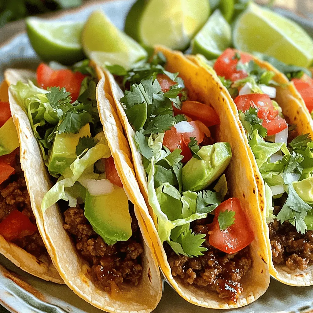 The key to making great Garlic Butter BBQ Beef Tacos lies in the ingredients. Here’s what you’ll need: - 1 lb ground beef - 3 tablespoons unsalted butter - 4 cloves garlic, minced - 1 tablespoon Worcestershire sauce - 2 tablespoons BBQ sauce (your favorite variety) - 1 teaspoon smoked paprika - 1 teaspoon chili powder - ½ teaspoon cumin - Salt and pepper to taste - 8 small corn or flour tortillas - 1 cup shredded lettuce - 1 cup diced tomatoes - 1 avocado, sliced - Fresh cilantro, for garnish - Lime wedges, for serving Each item plays a role in building flavor. The ground beef gives a hearty base. The butter and garlic add rich notes. Worcestershire and BBQ sauce bring sweetness and tang. The spices elevate the dish, providing warmth and depth. Fresh toppings like lettuce, tomatoes, and avocado add crunch and creaminess. For the full recipe, check out the detailed instructions that follow. Using these ingredients, you can create a dish that is both savory and satisfying, perfect for any meal. - Melt the butter and sauté garlic: Start by placing a large skillet over medium heat. Add three tablespoons of unsalted butter. Once it melts, add four minced garlic cloves. Sauté for about one minute. The garlic should smell great but not brown. - Brown the ground beef: Next, add one pound of ground beef to the skillet. Use a wooden spoon to break it apart. Cook until it turns brown and is no longer pink, around five to seven minutes. Drain any excess fat if needed. - Mix in seasonings and sauces: After the beef is cooked, stir in the Worcestershire sauce, two tablespoons of your favorite BBQ sauce, one teaspoon of smoked paprika, one teaspoon of chili powder, and half a teaspoon of cumin. Season with salt and pepper. Mix well and let it cook for another two to three minutes. This allows the flavors to blend nicely. - Heat tortillas: While the beef cooks, heat eight small corn or flour tortillas. You can do this in a separate skillet or microwave until they are warm and soft. - Spoon BBQ beef mixture: Now, take each tortilla and spoon a generous amount of the BBQ beef mixture into the center. This will be the star of your taco. - Add toppings and garnish: Top the beef with one cup of shredded lettuce, one cup of diced tomatoes, and slices of one avocado. Finish with fresh cilantro and lime wedges on the side for extra flavor. Enjoy your delicious tacos! For the full recipe, check out the detailed instructions above. Choosing the right level of seasoning is important. Start with the basics: salt and pepper. You can always add more, but you can't take it away. I suggest using smoked paprika and chili powder to give the beef a nice kick. These spices add depth and a warm flavor to your tacos. When cooking ground beef, use a large skillet. Heat it over medium heat and add the butter first. This step makes the beef juicy and helps it cook evenly. Break the beef apart with a wooden spoon as it cooks. Aim for a nice brown color, which means it’s done. Drain any excess fat to keep the tacos from being greasy. Garnishes make tacos pop. Fresh cilantro is a must for its bright flavor. Diced tomatoes add freshness, while avocado brings creaminess. Don’t forget the lime wedges! A squeeze of lime juice lifts the flavors in each bite. For extra flavor, consider add-ons. Try adding cheese for a creamy texture or jalapeños for heat. You can also serve your tacos with a side of chips for crunch. Each of these options can transform your meal and make it more exciting. For more details and exact steps, check out the Full Recipe. {{image_2}} You can change up the protein in these tacos. Try ground chicken or turkey for a lighter option. If you want a meat-free meal, use lentils or black beans. These swaps keep the tacos tasty and fun. Sauce also plays a big role in flavor. If you want some heat, use spicy BBQ sauce. Teriyaki sauce gives a sweet twist that makes your tacos unique. Be creative and mix flavors that you love! These tacos pair well with many sides. Consider serving them with rice or black beans. Crispy tortilla chips are also a great choice. They add crunch and balance the meal. For toppings, the sky is the limit! Add a dollop of sour cream for creaminess. Shredded cheese always makes things better. You can also try sliced jalapeños for an extra kick. For the full recipe, check out the details above! To keep your BBQ beef fresh, store it in an airtight container. Place the beef in the fridge within two hours of cooking. This helps prevent spoilage. Use your leftovers within three to four days for the best taste. When reheating, make sure to heat it until it’s steaming hot. You can use the microwave or a skillet. If using a skillet, add a splash of water to keep it moist. Stir often to heat evenly. If you have more BBQ beef than you can eat, freezing is a great option. Allow the beef to cool completely before placing it in a freezer-safe bag. Remove as much air as possible before sealing. Label the bag with the date and type of beef. You can freeze it for up to three months. When you're ready to eat, move the beef to the fridge for a night to thaw. For a quicker method, thaw it in the microwave. After thawing, reheat the beef until hot, just like before. Enjoy your tasty tacos again! To make Garlic Butter BBQ Beef Tacos, you need a few key steps. Start by melting unsalted butter in a skillet. Add minced garlic and cook it until it smells good, but don’t let it brown. Next, add ground beef to the skillet. Break it apart with a spoon and cook it until it turns brown. This takes about 5 to 7 minutes. If there's extra fat, drain it. Now, stir in Worcestershire sauce, BBQ sauce, smoked paprika, chili powder, cumin, salt, and pepper. Cook this mix for another 2 to 3 minutes to blend the flavors. While the beef cooks, warm your tortillas. Finally, pile the beef mix into each tortilla and top with lettuce, tomatoes, and avocado. Garnish with cilantro and serve with lime wedges on the side. You can find the complete details in the Full Recipe. Yes, you can make these tacos in advance. Cook the beef mixture ahead of time and store it in an airtight container. Keep it in the fridge for up to three days. When you are ready to eat, heat the beef in a skillet or microwave until hot. Warm the tortillas just before serving for the best taste. If you want to prepare everything in advance, chop the toppings and store them separately. This way, you can assemble your tacos quickly when you're ready to enjoy them. These tacos go well with many sides. You can serve them with rice for a filling meal. Beans are another great option, adding protein and flavor. Tortilla chips with salsa or guacamole make a fun snack on the side. If you want something fresh, a simple salad with lime dressing can brighten up the meal. For drinks, try serving with iced tea or a light beer to complement the flavors. Absolutely! If you like your tacos spicy, consider adding more chili powder or some hot sauce. You can also mix in diced jalapeños while cooking the beef. For a milder flavor, use less chili powder or skip it altogether. You can also serve salsa on the side, allowing everyone to customize their own tacos. Remember, cooking is all about personal taste! You’ve learned how to make Garlic Butter BBQ Beef Tacos from scratch. We discussed key ingredients, step-by-step instructions, and helpful tips. Remember to personalize your tacos with your favorite toppings and flavors. Storing leftovers is simple, and you can even freeze them for later. Enjoy making these tacos your new favorite meal. With practice, your skills will grow, and soon you'll impress everyone with your cooking.