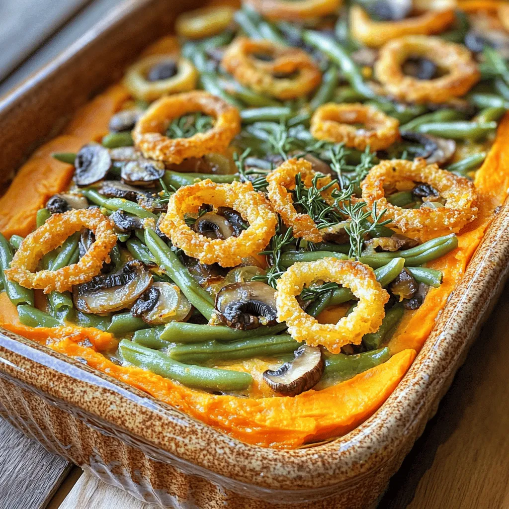 To make a savory sweet potato green bean casserole, gather these items: - 2 medium sweet potatoes, peeled and diced - 2 cups fresh green beans, trimmed and cut into 1-inch pieces - 1 cup mushrooms, sliced - 1 small onion, finely chopped - 2 cloves garlic, minced - 1 cup vegetable broth - 1 cup coconut milk - 1 cup crispy fried onion rings (store-bought or homemade) - 1 teaspoon thyme - 1 teaspoon rosemary - Salt and pepper to taste - 1 tablespoon olive oil These simple ingredients create layers of flavor and nutrition. Sweet potatoes bring natural sweetness and fiber. Fresh green beans add crispness and bright color. Mushrooms, onion, and garlic provide rich umami notes. You can choose vegetable broth or coconut milk based on your taste. The broth adds depth, while coconut milk gives a creamy texture. Use fresh herbs like thyme and rosemary for aromatic flair. Remember, crispy fried onion rings add that satisfying crunch on top. They make the dish visually appealing and add texture. Each ingredient plays a crucial role in making this casserole a delightful experience. You can find the full recipe in the article for detailed steps. Start by preheating your oven to 375°F (190°C). This warm-up gets the oven ready for our casserole. Next, fill a large pot with water and bring it to a boil. Add the diced sweet potatoes and cook them for 10-12 minutes. You want them fork-tender but not mushy. Once cooked, drain the sweet potatoes and set them aside for later. In a large skillet, heat 1 tablespoon of olive oil over medium heat. Add the finely chopped onion and minced garlic. Sauté these for about 3-4 minutes until they smell great. Next, toss in 1 cup of sliced mushrooms. Cook these for about 5 minutes until they soften. Then, add 2 cups of trimmed and cut green beans. Pour in 1 cup of vegetable broth and 1 cup of coconut milk. Sprinkle in 1 teaspoon each of thyme and rosemary, plus salt and pepper to your taste. Mix everything well and cook for 5-7 minutes. The green beans should turn bright but stay crisp. In a large mixing bowl, combine the cooked sweet potatoes with the green bean mixture. Stir gently to mix everything. Pour this mix into a greased baking dish. Top it all with crispy fried onion rings. Bake in the preheated oven for 25-30 minutes. You want the casserole bubbling and the onion rings golden brown. After baking, let it cool for a few minutes before serving. Enjoy this savory sweet potato green bean casserole delight! For the full recipe, check above. To get the best crunch from your green beans, cook them for about 5-7 minutes. You want them bright green but still crisp. If you like them softer, cook them a bit longer. Adjust the seasonings to fit your taste. Add more thyme or rosemary if you love herbs. A pinch of salt can also enhance the dish. This casserole shines at holiday meals. Pair it with roasted turkey or glazed ham. It also goes great with a fresh salad. For a beautiful presentation, serve in a large dish. Sprinkle extra crispy onion rings on top for a fun touch. Add a sprig of fresh thyme for color. Want to impress guests? Use a vibrant plate to make the colors pop. Explore the [Full Recipe] for more ideas! {{image_2}} You can easily change some ingredients in this casserole. If you want to swap proteins, try adding chickpeas or lentils. They add a nice bite and extra fiber. You could also use shredded chicken or turkey for a heartier dish. Both options work well! For those who need dairy-free or gluten-free choices, coconut milk is a great option. It gives a creamy texture without dairy. Use gluten-free fried onion rings for the topping. Check the labels to be sure they fit your needs. Want to give your casserole a unique taste? Add a pinch of nutmeg or smoked paprika. These spices can really elevate the flavor. Fresh herbs like parsley or chives also add a nice touch. Just sprinkle them on top before serving for a burst of color and freshness. If you're feeling adventurous, try topping it with crumbled feta or goat cheese. This adds a tangy flavor that pairs well with the sweet potatoes. For crunch, you could sprinkle crushed nuts or seeds on top for a delightful texture. For the full recipe, check out the Sweet Potato Green Bean Casserole. To keep your sweet potato green bean casserole fresh, use these simple tips: - Refrigerating Leftovers: Allow the casserole to cool completely. Then, cover it tightly with plastic wrap or aluminum foil. Place it in the fridge. It will stay good for about 3 to 4 days. - Freezing Instructions: If you plan to freeze it, let it cool first. Then, transfer the casserole to a freezer-safe dish. Wrap it tightly in plastic wrap, then foil. It can last up to 3 months in the freezer. Reheating your casserole is easy and can bring back its tasty texture: - Best Methods: The best way to reheat is in the oven. Preheat it to 350°F (175°C). Place the casserole in a baking dish, cover it with foil, and heat for about 20-30 minutes. - Maintaining Texture and Flavor: To keep the dish moist, add a splash of vegetable broth or coconut milk before covering. This helps the casserole stay soft and tasty while warming up. How long can I store sweet potato green bean casserole? You can store this casserole in the fridge for up to three days. Just cover it well. Can I make this casserole ahead of time? Yes, you can prepare it a day before. Just keep it in the fridge until you bake it. What can I use instead of vegetable broth? You can use chicken broth or even water. Just remember, it will change the flavor a bit. What is the best way to prepare green beans for casserole? Trim the ends and cut them into one-inch pieces. Blanching them in boiling water for a few minutes helps keep them bright and crisp. How long to bake if using a larger dish? If you use a larger dish, bake it for 35 to 40 minutes. Just make sure it bubbles and the onion rings are golden. How can I add more protein to the casserole? You can add cooked chicken, turkey, or even beans. Just mix them in with the sweet potatoes and green beans for a hearty meal. This recipe for sweet potato green bean casserole offers a blend of flavors and textures. You learned about the main ingredients, preparation steps, and storage tips. I shared ways to adapt the dish to meet your tastes and needs. Remember, cooking should be enjoyable. Don't hesitate to experiment with flavors and ingredients to make it your own. Perfect this casserole for your next gathering, and it will surely impress everyone!