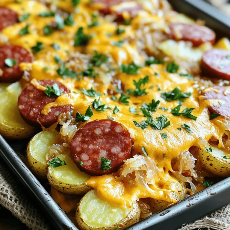 - 1 lb kielbasa sausage - 2 cups sauerkraut - 4 medium potatoes - 1 cup shredded cheddar cheese - 1 medium onion - 2 tablespoons olive oil - Seasoning: garlic powder, paprika, salt, and pepper - Fresh parsley for garnish Gathering the right ingredients is key to a successful Kielbasa Sheet Pan Dinner. First, you need 1 pound of kielbasa sausage. This will add a rich flavor and a satisfying texture. Slice it into 1-inch pieces for even cooking. Next, grab 2 cups of sauerkraut. Make sure to drain it well to avoid excess liquid. The tangy flavor of the sauerkraut pairs perfectly with the sausage. You’ll also need 4 medium potatoes. Peel and dice them into small cubes. This helps them cook evenly and become tender. Don’t forget the cheese! Use 1 cup of shredded cheddar cheese to add a creamy layer. The melted cheese brings everything together in a delicious way. For the additional ingredients, slice 1 medium onion to enhance the dish’s flavor. Use 2 tablespoons of olive oil to coat the potatoes and spices. Season your dish with garlic powder, paprika, salt, and pepper. These spices will elevate the overall taste. Finally, chop fresh parsley for garnish. It adds a burst of color and freshness to your plate. For the full recipe, check out the details that guide you through the cooking process. Enjoy your flavorful and hearty Kielbasa Sheet Pan Dinner! 1. Preheat the oven to 400°F (200°C). This gets your oven ready for cooking. 2. Prepare the potatoes and other ingredients. Peel and dice the potatoes into small pieces. Slice the onion and kielbasa. Drain the sauerkraut. 1. Spread the diced potatoes on a large sheet pan. Toss them with olive oil, garlic powder, paprika, salt, and pepper. Make sure they are well coated. 2. Roast the potatoes in the oven for 20 minutes. This gives them a nice start. 3. After 20 minutes, take the pan out. Add the slices of kielbasa and onion on top of the potatoes. Return the pan to the oven for another 15 minutes. 1. Once the kielbasa and potatoes are cooking, add the drained sauerkraut evenly over them. 2. Sprinkle the shredded cheddar cheese on top. This will create a tasty, melty layer. 3. Bake for an additional 15 minutes. You want the potatoes to be tender and the cheese to be bubbly and golden. 4. Remove the pan from the oven. Let it sit for a few minutes before serving. This gives time for the flavors to settle. 5. Garnish with fresh parsley for a touch of color and flavor. You can find the Full Recipe for more details. To get the best potatoes for this dish, choose starchy ones like russets. They become soft and fluffy when cooked. Waxy potatoes, like red or new potatoes, hold their shape but won’t be as creamy. To check if your potatoes are tender, use a fork. If it goes in easily, they are ready. If not, give them a few more minutes in the oven. It’s that simple! You can add a twist to your dish with herbs and spices. Consider adding thyme, rosemary, or even a pinch of cayenne for heat. These add depth and make the meal pop! If you want to switch up the cheese, try gouda or pepper jack. Each cheese brings its own unique flavor and texture. Mixing cheeses can create a fun taste experience. Pair your kielbasa sheet pan dinner with a light salad or crusty bread. This adds freshness and balance to the meal. A simple green salad with a vinaigrette works well. For presentation, serve the dish straight from the pan. It looks inviting and rustic. You can garnish with fresh parsley for color and flavor. This small touch makes the meal feel special. {{image_2}} If you want to swap the kielbasa, try turkey sausage. It has a lighter taste. You can also use chicken sausage for a similar flavor. For a plant-based option, use vegan sausage. This choice keeps the meal hearty without meat. To change up the flavors, consider adding new veggies. Bell peppers bring a sweet crunch. Carrots add a nice touch of sweetness too. You can also play with cheese. Try gouda for a smokier taste or pepper jack for some heat. For busy days, use a slow cooker. Just layer the ingredients and let them cook. It’s perfect for a hands-off approach. If you enjoy grilling, try cooking this dish outside. Grill the kielbasa and veggies for a smoky flavor. This method adds a fun twist to the recipe. You can find the full recipe above to try these variations. To store leftovers, let the dish cool first. Then, transfer it to airtight containers. Make sure to separate the sauerkraut, potatoes, and kielbasa if you prefer. This helps maintain texture and flavor. Keep the containers in the fridge for up to three days. For reheating, the oven is best. Preheat it to 350°F (175°C). Place the dish in an oven-safe dish, cover it with foil, and heat for about 20 minutes. This method keeps the food moist. You can also use a microwave, but it may not keep the crispiness of the potatoes. Heat in short bursts, stirring in between. Yes, you can freeze this recipe! To freeze, let it cool completely. Then, place portions in freezer-safe containers. Label them with the date. You can freeze the dish for up to three months. To defrost, place it in the fridge overnight. Reheat it in the oven or microwave until hot. Enjoy your Kielbasa Sheet Pan Dinner later with ease! For the full recipe, check it out [here](#). Yes, you can prepare this dish ahead of time. Start by slicing the kielbasa and dicing the potatoes. You can also drain the sauerkraut. Store all the items in separate containers in the fridge. Combine everything in the pan right before cooking. This saves time and keeps everything fresh. You can even roast the potatoes a day before. Just reheat them before adding the kielbasa and sauerkraut. This dish pairs well with many sides. Here are some tasty options: - Bread: Crusty bread or rolls for a hearty meal. - Salad: A green salad with a light vinaigrette. - Vegetables: Roasted or steamed green beans or broccoli. - Drinks: A cold beer or a light white wine complements the flavors well. This meal takes about 50 minutes to cook. Here's a breakdown: - Prep Time: 15 minutes for slicing and dicing. - Initial Bake: 20 minutes for the potatoes to roast. - Final Bake: 15 minutes for the kielbasa, sauerkraut, and cheese. This quick and easy process makes it a great weeknight dinner. For the full recipe, check out the details above. In this blog, we covered the Kielbasa Sheet Pan Dinner's ingredients and steps. You learned how to prep, cook, and serve this tasty meal. We also explored variations, storage tips, and common questions. Now, you have the tools to make this dish a hit. Don't be afraid to add your twist. Enjoy cooking and sharing this satisfying recipe with your loved ones!