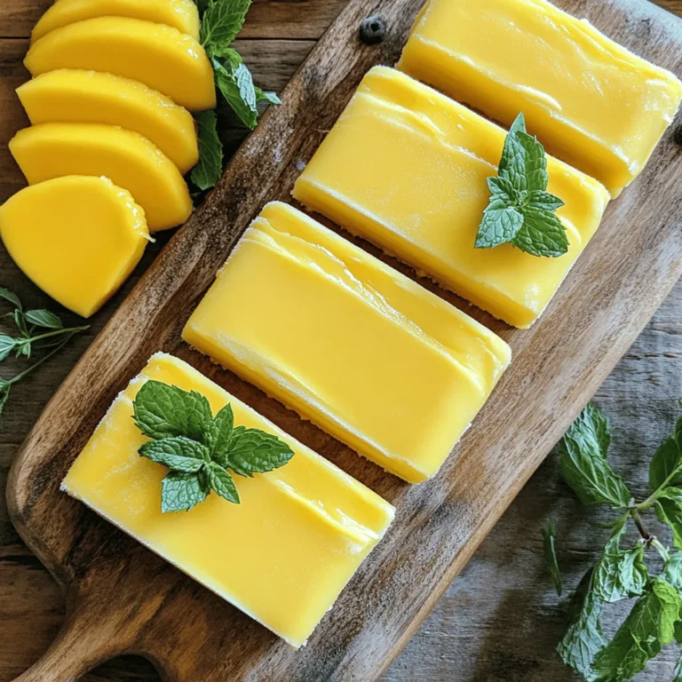 - 2 ripe mangoes, peeled and diced - 1 cup Greek yogurt (plain or vanilla) - ½ cup honey or maple syrup - 1 tablespoon lemon juice - 1 teaspoon vanilla extract - A pinch of salt - Chopped mint leaves for garnish Each serving has about 100-150 calories. You get key nutrients like protein, vitamins A and C, and healthy fats. This treat is not only tasty but also good for you. The Greek yogurt adds creaminess and protein, while mangoes bring fiber and natural sweetness. Using honey or maple syrup keeps it simple and sweet. For the full recipe, check the earlier section. Enjoy your cooking! To make the mango yogurt mixture, start by gathering your ingredients. You will need two ripe mangoes, Greek yogurt, honey or maple syrup, lemon juice, vanilla extract, and a pinch of salt. 1. Blend Ingredients: In a blender, add the diced mangoes and Greek yogurt. Pour in the honey or maple syrup, lemon juice, and vanilla extract. Add a pinch of salt. 2. Blend Smooth: Blend on high speed until the mixture is creamy and smooth. Stop to scrape the sides if needed. 3. Taste and Adjust: Before pouring, taste the mixture. If you want it sweeter, add more honey or syrup and blend again. For the right consistency, ensure you blend well. A smooth mix is key for creamy bars. If it seems too thick, add a bit more yogurt or a splash of juice. Now, you need to freeze the mixture properly. 1. Pour into Dish: Pour the mango yogurt mixture into a square or rectangular baking dish. Spread it evenly. 2. Cover Well: Cover the dish tightly with plastic wrap or a lid. This keeps out air and helps the bars freeze evenly. It is crucial to cover the dish. It prevents ice crystals from forming, which can ruin the texture. Once your bars are frozen, it’s time to serve them. 1. Cut the Bars: Remove the dish from the freezer. Let it sit for 5-10 minutes to soften. Use a sharp knife to cut the mixture into bars or squares. 2. Plating Ideas: For a pretty presentation, serve the bars on a wooden board. Garnish with fresh mango slices and a sprinkle of mint leaves. These small touches make your frozen mango yogurt bars look even more inviting. Enjoy your refreshing summer treat! To make the best frozen mango yogurt bars, start with ripe mangoes. Look for mangoes that are slightly soft when you squeeze them. They should smell sweet and fruity. If they are hard, leave them out for a few days to ripen. Adjust the sweetness to your taste. If you like it sweeter, add more honey or syrup. Blend, taste, and repeat until it’s just right for you. A powerful blender or food processor works best for this recipe. It should blend the mangoes and yogurt into a smooth, creamy mix. If you don’t have one, you can use a hand mixer, but it may take longer. For the baking dish, a square or rectangular dish works well. Glass or metal pans are great choices. Make sure it fits in your freezer. To keep your frozen bars fresh, store them in an airtight container. This protects them from freezer burn. If you want to freeze individual bars, let the mixture set in the dish first. Then cut it into bars and wrap each one in plastic wrap. This makes it easy to grab a single bar later. {{image_2}} You can change the flavor of your frozen mango yogurt bars by adding other fruits. Berries like strawberries or blueberries work great. They add color and taste. You can also mix in diced peaches or pineapple for a tropical twist. Fresh fruit keeps the bars fresh and fun. Just blend the fruit with the mangoes for a smooth mix. Want to jazz up your bars? You can add extracts or spices. A splash of coconut extract gives a beachy vibe. Try adding a bit of cinnamon for a warm flavor. You can also mix in lime juice for a tangy taste. Each addition brings a new spin to the bars. Get creative and find your favorite combo! If you want a vegan version, swap Greek yogurt for coconut yogurt. Maple syrup is a great choice for sweetening. Use agave nectar or a sugar substitute for a lower-calorie option. These changes keep the bars creamy and tasty without dairy. You won't miss the yogurt at all! You can store your frozen mango yogurt bars for up to three months. To keep them fresh, place the bars in an airtight container. If you see ice crystals on the bars, they might be freezer-burned but can still be safe to eat. Look for a bright color and a creamy texture. If they smell off, it’s best to toss them. To safely defrost the bars, take them out of the freezer and leave them at room temperature. This usually takes about 10 minutes. If you’re in a hurry, you can put them in the fridge for 30 minutes. Avoid using the microwave, as it can melt them unevenly. The best temperature for serving mango yogurt bars is just below freezing. You want them cold but not rock hard. On hot summer days, keep them in a cooler or a bowl filled with ice. This way, they stay nice and chilled while you enjoy them. Yes, you can make these bars ahead of time! I suggest preparing them at least a day before your event. This way, they have plenty of time to freeze properly. You can store the bars in an airtight container in the freezer. They keep well for up to a month, making them a great option for summer gatherings. If you are lactose intolerant, use coconut yogurt or almond yogurt. Both options work well and still give a creamy texture. For a vegan choice, try cashew yogurt or soy yogurt. These alternatives keep the bars delicious and give you a creamy base without dairy. To choose ripe mangoes, look for a slight softness when you press gently. The skin should have a golden hue, not just green. A ripe mango will also give off a sweet aroma. If your mangoes are not ripe yet, you can leave them at room temperature for a few days until they soften. This will help enhance their sweetness for your bars. These mango yogurt bars are easy and fun to make. We covered all the steps, from simple ingredients to freezing tips. Enjoy the sweet blend of mango and yogurt with different flavors or fruits. Store them well for hot days or gatherings. Remember to choose ripe mangoes for the best taste. You can even make these bars your own with various options. I hope you feel inspired to create and enjoy these treats!