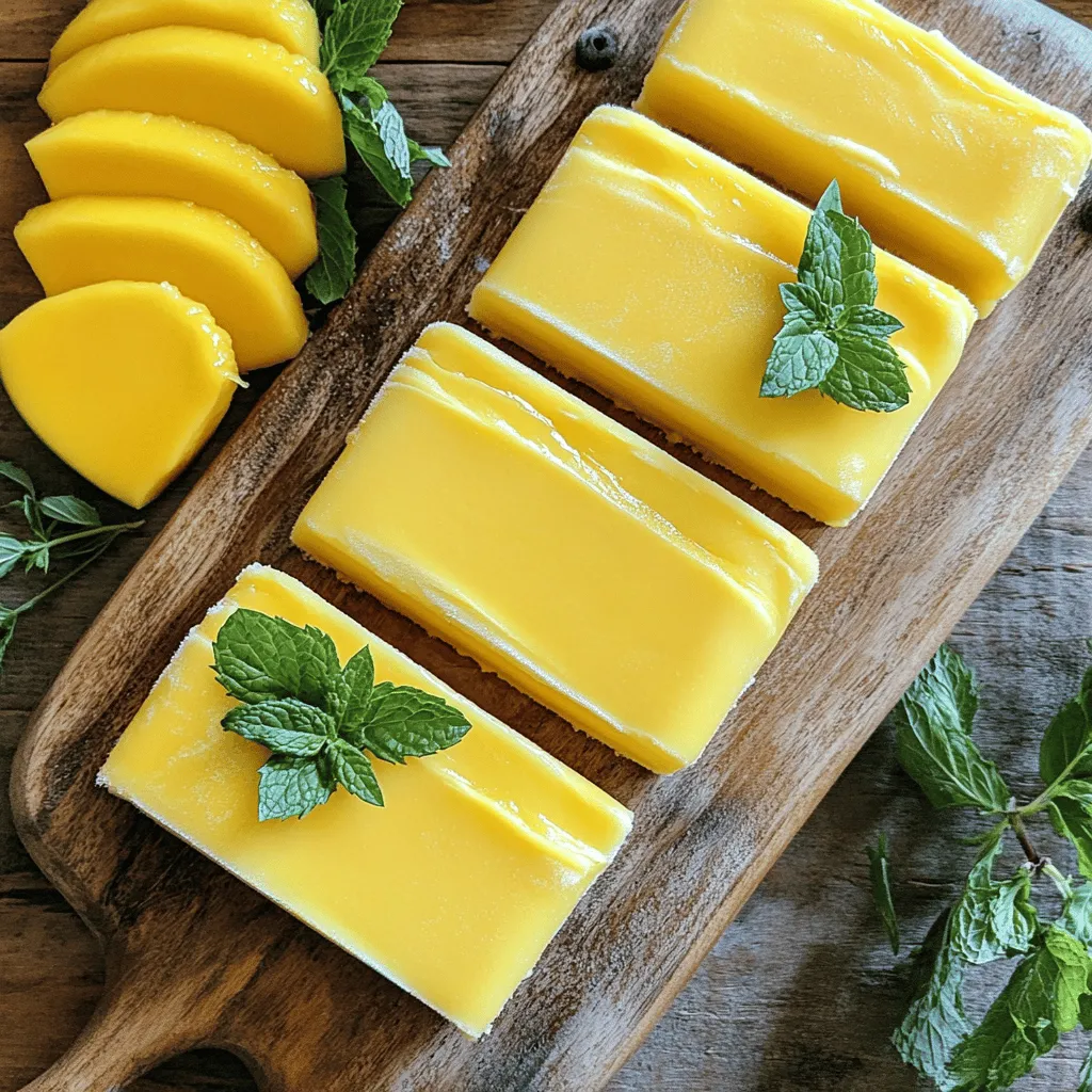 - 2 ripe mangoes, peeled and diced - 1 cup Greek yogurt (plain or vanilla) - ½ cup honey or maple syrup - 1 tablespoon lemon juice - 1 teaspoon vanilla extract - A pinch of salt - Chopped mint leaves for garnish Each serving has about 100-150 calories. You get key nutrients like protein, vitamins A and C, and healthy fats. This treat is not only tasty but also good for you. The Greek yogurt adds creaminess and protein, while mangoes bring fiber and natural sweetness. Using honey or maple syrup keeps it simple and sweet. For the full recipe, check the earlier section. Enjoy your cooking! To make the mango yogurt mixture, start by gathering your ingredients. You will need two ripe mangoes, Greek yogurt, honey or maple syrup, lemon juice, vanilla extract, and a pinch of salt. 1. Blend Ingredients: In a blender, add the diced mangoes and Greek yogurt. Pour in the honey or maple syrup, lemon juice, and vanilla extract. Add a pinch of salt. 2. Blend Smooth: Blend on high speed until the mixture is creamy and smooth. Stop to scrape the sides if needed. 3. Taste and Adjust: Before pouring, taste the mixture. If you want it sweeter, add more honey or syrup and blend again. For the right consistency, ensure you blend well. A smooth mix is key for creamy bars. If it seems too thick, add a bit more yogurt or a splash of juice. Now, you need to freeze the mixture properly. 1. Pour into Dish: Pour the mango yogurt mixture into a square or rectangular baking dish. Spread it evenly. 2. Cover Well: Cover the dish tightly with plastic wrap or a lid. This keeps out air and helps the bars freeze evenly. It is crucial to cover the dish. It prevents ice crystals from forming, which can ruin the texture. Once your bars are frozen, it’s time to serve them. 1. Cut the Bars: Remove the dish from the freezer. Let it sit for 5-10 minutes to soften. Use a sharp knife to cut the mixture into bars or squares. 2. Plating Ideas: For a pretty presentation, serve the bars on a wooden board. Garnish with fresh mango slices and a sprinkle of mint leaves. These small touches make your frozen mango yogurt bars look even more inviting. Enjoy your refreshing summer treat! To make the best frozen mango yogurt bars, start with ripe mangoes. Look for mangoes that are slightly soft when you squeeze them. They should smell sweet and fruity. If they are hard, leave them out for a few days to ripen. Adjust the sweetness to your taste. If you like it sweeter, add more honey or syrup. Blend, taste, and repeat until it’s just right for you. A powerful blender or food processor works best for this recipe. It should blend the mangoes and yogurt into a smooth, creamy mix. If you don’t have one, you can use a hand mixer, but it may take longer. For the baking dish, a square or rectangular dish works well. Glass or metal pans are great choices. Make sure it fits in your freezer. To keep your frozen bars fresh, store them in an airtight container. This protects them from freezer burn. If you want to freeze individual bars, let the mixture set in the dish first. Then cut it into bars and wrap each one in plastic wrap. This makes it easy to grab a single bar later. {{image_2}} You can change the flavor of your frozen mango yogurt bars by adding other fruits. Berries like strawberries or blueberries work great. They add color and taste. You can also mix in diced peaches or pineapple for a tropical twist. Fresh fruit keeps the bars fresh and fun. Just blend the fruit with the mangoes for a smooth mix. Want to jazz up your bars? You can add extracts or spices. A splash of coconut extract gives a beachy vibe. Try adding a bit of cinnamon for a warm flavor. You can also mix in lime juice for a tangy taste. Each addition brings a new spin to the bars. Get creative and find your favorite combo! If you want a vegan version, swap Greek yogurt for coconut yogurt. Maple syrup is a great choice for sweetening. Use agave nectar or a sugar substitute for a lower-calorie option. These changes keep the bars creamy and tasty without dairy. You won't miss the yogurt at all! You can store your frozen mango yogurt bars for up to three months. To keep them fresh, place the bars in an airtight container. If you see ice crystals on the bars, they might be freezer-burned but can still be safe to eat. Look for a bright color and a creamy texture. If they smell off, it’s best to toss them. To safely defrost the bars, take them out of the freezer and leave them at room temperature. This usually takes about 10 minutes. If you’re in a hurry, you can put them in the fridge for 30 minutes. Avoid using the microwave, as it can melt them unevenly. The best temperature for serving mango yogurt bars is just below freezing. You want them cold but not rock hard. On hot summer days, keep them in a cooler or a bowl filled with ice. This way, they stay nice and chilled while you enjoy them. Yes, you can make these bars ahead of time! I suggest preparing them at least a day before your event. This way, they have plenty of time to freeze properly. You can store the bars in an airtight container in the freezer. They keep well for up to a month, making them a great option for summer gatherings. If you are lactose intolerant, use coconut yogurt or almond yogurt. Both options work well and still give a creamy texture. For a vegan choice, try cashew yogurt or soy yogurt. These alternatives keep the bars delicious and give you a creamy base without dairy. To choose ripe mangoes, look for a slight softness when you press gently. The skin should have a golden hue, not just green. A ripe mango will also give off a sweet aroma. If your mangoes are not ripe yet, you can leave them at room temperature for a few days until they soften. This will help enhance their sweetness for your bars. These mango yogurt bars are easy and fun to make. We covered all the steps, from simple ingredients to freezing tips. Enjoy the sweet blend of mango and yogurt with different flavors or fruits. Store them well for hot days or gatherings. Remember to choose ripe mangoes for the best taste. You can even make these bars your own with various options. I hope you feel inspired to create and enjoy these treats!