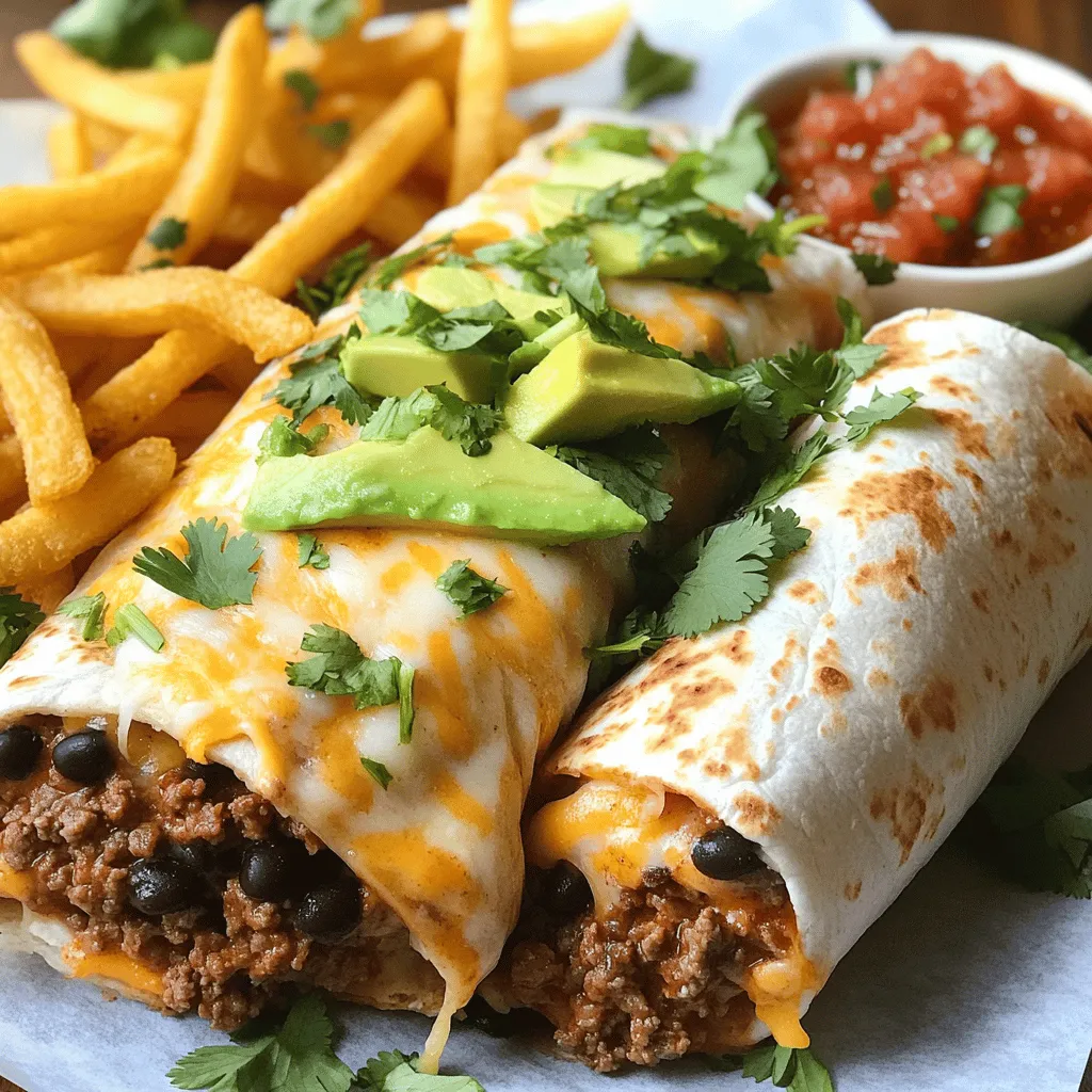 - 1 pound ground beef - 1 tablespoon olive oil - 1 medium onion, diced - 2 cloves garlic, minced - 1 can (15 oz) black beans, rinsed and drained - 1 cup corn kernels (fresh or frozen) - 1 cup shredded cheddar cheese - 4 large flour tortillas - 1 cup salsa - 1 avocado, sliced (for serving) - Fresh cilantro, chopped (for garnish) - Frozen French fries (or homemade), for serving In this recipe, ground beef is the star. It offers a hearty flavor and pairs well with spices. Olive oil helps sauté the onion and garlic, making a tasty base. Don’t skip the black beans; they add protein and fiber. Corn brings a sweet crunch, while cheddar cheese melts beautifully, making everything gooey. Tortillas wrap all these ingredients and keep them together. Salsa adds a fresh kick, and avocado gives a creamy touch. Lastly, fries add that crispy side, making this meal extra fun. - Additional toppings: sour cream, jalapeños - Alternative protein options: chicken, turkey, or plant-based Feel free to customize your burritos! You can add sour cream for creaminess. Jalapeños offer heat if you like spice. If you want a twist, try chicken or turkey instead of beef. Plant-based proteins are great too! You can use lentils or beans for a veggie version. For the full recipe, check the main article. 1. Sautéing onion and garlic: Start by heating 1 tablespoon of olive oil in a large skillet over medium heat. Add 1 medium onion, diced, and cook for about 3-4 minutes. You want the onion to turn translucent. Next, add 2 cloves of minced garlic and cook for another minute. This step builds flavor. 2. Browning ground beef and adding spices: Increase the heat to medium-high. Add 1 pound of ground beef to the skillet. Cook until it is brown, breaking it apart with a wooden spoon. Drain any excess fat. Stir in 1 teaspoon of ground cumin, 1 teaspoon of chili powder, and ½ teaspoon of paprika. Mix well to combine all the spices. 1. Combining beef with beans and corn: Lower the heat to medium. Add 1 can of black beans (rinsed and drained) and 1 cup of corn kernels to the skillet. Cook for another 2-3 minutes until everything is heated through. Remove from heat and stir in half of the 1 cup of shredded cheddar cheese. 2. Preparing and filling tortillas: Warm 4 large flour tortillas in a dry skillet until they are pliable. On each tortilla, place a generous scoop of the beef mixture and a spoonful of salsa. Roll up the tortilla tightly, folding in the sides as you go. 1. Melting cheese in the skillet: Place the burritos seam-side down in the same skillet. Top each burrito with the remaining shredded cheese. Cover the skillet and cook over low heat for about 3-5 minutes until the cheese melts. 2. Cooking fries according to instructions: While the burritos cook, prepare the frozen French fries according to the package instructions. Bake or fry them until they are crispy. For the full recipe, check out the details above. Enjoy these cheesy beef burritos with fries for a tasty meal! To make the best burrito, start with warm tortillas. This keeps them soft and easy to roll. Heat them in a dry skillet for a few seconds on each side. If they are too cold, they may crack. When rolling your burrito, place a good amount of filling in the center. Fold in the sides first, then roll from the bottom up. Tuck it tightly as you go. This way, your fillings stay put, and you get that perfect shape. Pair your burritos with crispy fries for a tasty meal. You can also add some fresh salsa or guacamole on the side for extra flavor. Sliced avocado adds creaminess too. A sprinkle of fresh cilantro gives a nice touch. For drinks, consider serving with a cold soda or a refreshing iced tea. These drinks complement the flavors well and enhance your meal experience. If you want some heat, add hot sauce to your beef filling. This gives your burritos a spicy kick that many love. You can also try jalapeños for an extra punch. For a vegetarian option, swap the beef for black beans and vegetables like bell peppers or zucchini. This keeps the meal hearty and adds great flavor. You can still use the same spices to keep it tasty. For the full recipe, click here: [Full Recipe]. {{image_2}} You can switch the ground beef for chicken, turkey, or even sausage. Each meat brings its own flavor. If you want a healthier choice, consider ground turkey. It has less fat than beef but still tastes great. Chicken is also a lighter option. Just cook it until it's juicy, and it will work well in the burrito. Changing the spice level is easy. You can add more chili powder for a kick or try some cayenne pepper. If you like it mild, just stick to the basic spices. Adding unique ingredients can also change the taste. Roasted peppers add a nice smoky flavor. You can even toss in some corn or black olives for extra texture. A side salad pairs well with these burritos. Just mix some greens with tomatoes and a light dressing. It adds freshness to your meal. You can also try different fry options. Sweet potato fries are a tasty alternative. They bring a sweet touch that contrasts nicely with the savory burritos. To keep your cheesy beef burritos fresh, store them in the fridge. I recommend using airtight containers. This helps prevent moisture loss and keeps the flavors intact. Make sure to let the burritos cool before sealing them up. If you do this, they will stay tasty for up to three days. When it's time to enjoy leftovers, you have a couple of great options. The oven is best for reheating burritos. Preheat it to 350°F (175°C) and wrap the burrito in foil. Bake for about 15-20 minutes until hot. If you're in a hurry, the microwave works too. Just place the burrito on a microwave-safe plate. Heat it for one to two minutes, but keep an eye on it. To keep that nice texture, avoid overcooking. You can freeze these burritos for later too. If you want to freeze them before cooking, wrap each one tightly in foil or plastic wrap. Place them in a freezer bag. They can last for up to three months. When you’re ready to eat, thaw them in the fridge overnight. To cook from frozen, bake at 350°F (175°C) for about 30-35 minutes. If you freeze after cooking, let them cool first. Then, follow the same steps for wrapping and freezing. Enjoy your cheesy beef burritos whenever you want! For the full recipe, check out the [Full Recipe]. Yes, you can prepare these burritos ahead of time. It's simple! Cook the beef mixture and let it cool. Then, fill the tortillas and wrap them tightly. You can store them in the fridge for up to two days. When ready to eat, just heat them in a skillet until warm. This saves time on busy days! Several tasty sides pair well with cheesy beef burritos. Here are a few ideas: - Mexican rice: This adds a nice flavor and texture. - Guacamole: Creamy and fresh, it complements the burrito well. - Corn salad: A refreshing mix that balances the meal. - Chips and salsa: Crunchy and zesty, they make great snacks. These sides enhance your meal and make it even more satisfying. Making healthier burritos is easy. Here are some options: - Use lean beef: Ground turkey or chicken can cut calories. - Add more veggies: Spinach, bell peppers, or zucchini boost nutrition. - Opt for whole wheat tortillas: These offer more fiber. - Skip or reduce cheese: Use less cheese or try a lighter version. These small changes can make your burritos healthier without losing taste. For the full recipe, check out the detailed instructions above! In this guide, I've shared how to make delicious cheesy beef burritos. You learned about the key and optional ingredients, cooking methods, and tips to perfect your burritos. Remember, you can customize them with different proteins and flavors. Don't hesitate to experiment with sides and toppings that enhance your meal. With these insights, you're ready to create a burrito that fits your taste and brings joy to your table. Enjoy crafting your perfect burrito!