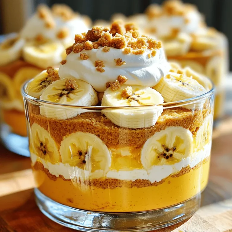 To make this Biscoff banana pudding, gather these ingredients: - 1 cup Biscoff cookie spread - 2 cups whole milk - 1 cup heavy cream - 1/2 cup granulated sugar - 1/4 cup cornstarch - 1 teaspoon vanilla extract - 1/8 teaspoon salt - 3 ripe bananas, sliced - 1 cup crushed Biscoff cookies (for layering and garnish) - Whipped cream (optional, for topping) Measuring ingredients correctly helps your pudding turn out well. - Use dry measuring cups for dry ingredients like sugar and cornstarch. - Pour liquid ingredients like milk and cream into liquid measuring cups. - For sticky ingredients like Biscoff spread, spray the cup with cooking oil for easy removal. You can swap some ingredients if needed. - Instead of whole milk, use 2% milk or almond milk for a lighter option. - Heavy cream can be replaced with coconut cream for a dairy-free version. - If you can't find Biscoff cookie spread, try using any cookie butter or nut butter. - Use maple syrup instead of granulated sugar for a natural sweetener. For the full recipe, check out the detailed instructions to make this delicious treat! To start, gather your ingredients. You need sugar, cornstarch, salt, whole milk, and Biscoff cookie spread. In a medium saucepan, combine sugar, cornstarch, and salt. Whisk these dry ingredients well. Next, add the whole milk slowly while stirring. Place the saucepan over medium heat. Cook this mixture, stirring constantly, until it thickens and bubbles. This should take about 5 to 7 minutes. Once thickened, remove the saucepan from heat. Stir in the vanilla extract and Biscoff cookie spread. Mix until it is smooth and creamy. This creates a rich custard base for your pudding. Now, take a separate bowl. Pour in the heavy cream. Use a hand mixer or stand mixer to whip the cream until soft peaks form. This means the cream should hold its shape but still be fluffy. Be gentle when combining this whipped cream with the Biscoff mixture. Fold it in carefully to keep the air in the whipped cream. This step adds lightness and creaminess to your pudding. With your custard and whipped cream ready, it's time to layer. Start with sliced bananas at the bottom of your serving dish or cups. This will be the first layer. Next, add a layer of the Biscoff pudding mixture over the bananas. Spread it evenly. Then, sprinkle crushed Biscoff cookies on top of the pudding. Repeat these layers until you run out of ingredients. Finish with a final layer of Biscoff pudding. For a beautiful touch, you can pipe or dollop whipped cream on top. Garnish with more crushed cookies or a banana slice. Cover the pudding and refrigerate for at least 4 hours or overnight. This chilling time helps the flavors blend. For the full recipe, refer to the earlier section. Enjoy your creamy and delightful Biscoff banana pudding! When making Biscoff banana pudding, avoid overcooking your custard. If you cook it too long, it may become lumpy. Stir the mixture constantly to keep it smooth. Another mistake is not letting the pudding cool before layering. If you layer while it's hot, the bananas might get mushy. Also, don't skip the whipped cream folding step. This adds lightness to your pudding. For perfect layers, start with a clean glass or bowl. Place the sliced bananas at the bottom; they act as a solid base. Use a spatula to spread the Biscoff pudding over the bananas gently. Then, sprinkle a layer of crushed Biscoff cookies. Repeat these steps carefully. Make sure to finish with the pudding layer on top. This keeps the cookies crunchy and the bananas intact. Serve your pudding in clear cups to show off the layers. A slice of banana or a whole Biscoff cookie on top adds a nice touch. If you want extra flair, add a dollop of whipped cream. This makes it look fancy and inviting. You can also serve it with a drizzle of caramel or chocolate sauce for added sweetness. Make sure to have spoons ready; everyone will want to dig in! For the full recipe, check it out [here](#). {{image_2}} You can easily make a vegan version of Biscoff banana pudding. Replace the heavy cream with coconut cream or whipped coconut milk. Use plant-based milk, like almond or soy milk, in place of whole milk. For sweetening, agave syrup or maple syrup works great. The Biscoff cookie spread is often vegan, but check the label to be sure. If you need a gluten-free version, use gluten-free Biscoff cookies. Most brands of cookie spread are gluten-free, but always check the label. This way, you can enjoy the layers without worry. The pudding itself remains gluten-free with the cornstarch and other ingredients. Want to spice things up? Add a pinch of cinnamon or nutmeg to the pudding base. A splash of almond extract or a dollop of peanut butter adds depth too. You can even layer in some crushed nuts for a crunchy twist. Each option makes your pudding unique and tasty. For the full recipe, check out the details above. To keep your Biscoff banana pudding fresh, store it in the fridge. Use a tight lid. This helps maintain its creamy texture. Avoid letting it sit out too long. If you plan to serve it later, cover it well. You can freeze the pudding but with care. Freezing may change the texture. Layering with cookies and bananas is best done fresh. If you choose to freeze it, leave out the bananas. Store it in a freezer-safe container. Use it within two months for the best taste. When stored correctly, the pudding lasts about three days in the fridge. After three days, the bananas may brown and become mushy. If you make it ahead, try to eat it within that time frame. For the best flavor and look, enjoy it fresh! Yes, you can make this pudding ahead of time. I often prepare it a day before serving. This allows the flavors to blend well. Just cover it tightly and keep it in the fridge. The pudding tastes even better after sitting overnight. Plus, it helps those layers look great! If you can't find Biscoff cookie spread, you can use other options. Nut butters like almond or peanut can work well. You might also try cookie butter made from other cookies. Try using speculoos spread if you want a similar flavor. Each option will change the taste a bit but can still be yummy. To stop bananas from browning, try a few tricks. First, slice the bananas right before adding them. You can also coat the slices in lemon juice. This will slow down browning. Another method is to layer them with the pudding right away. Keeping them covered until serving helps too. - Full Recipe can be accessed here. This post covered how to make Biscoff banana pudding. We looked at key ingredients, measurement tips, and smart substitutions. Next, I showed clear steps for preparing the custard and whipping cream. We discussed common mistakes to avoid and how to serve it right. I shared great variations, including vegan and gluten-free options. Finally, I provided tips on storing your pudding for the best taste. Keep these points in mind to enjoy your pudding to the fullest!