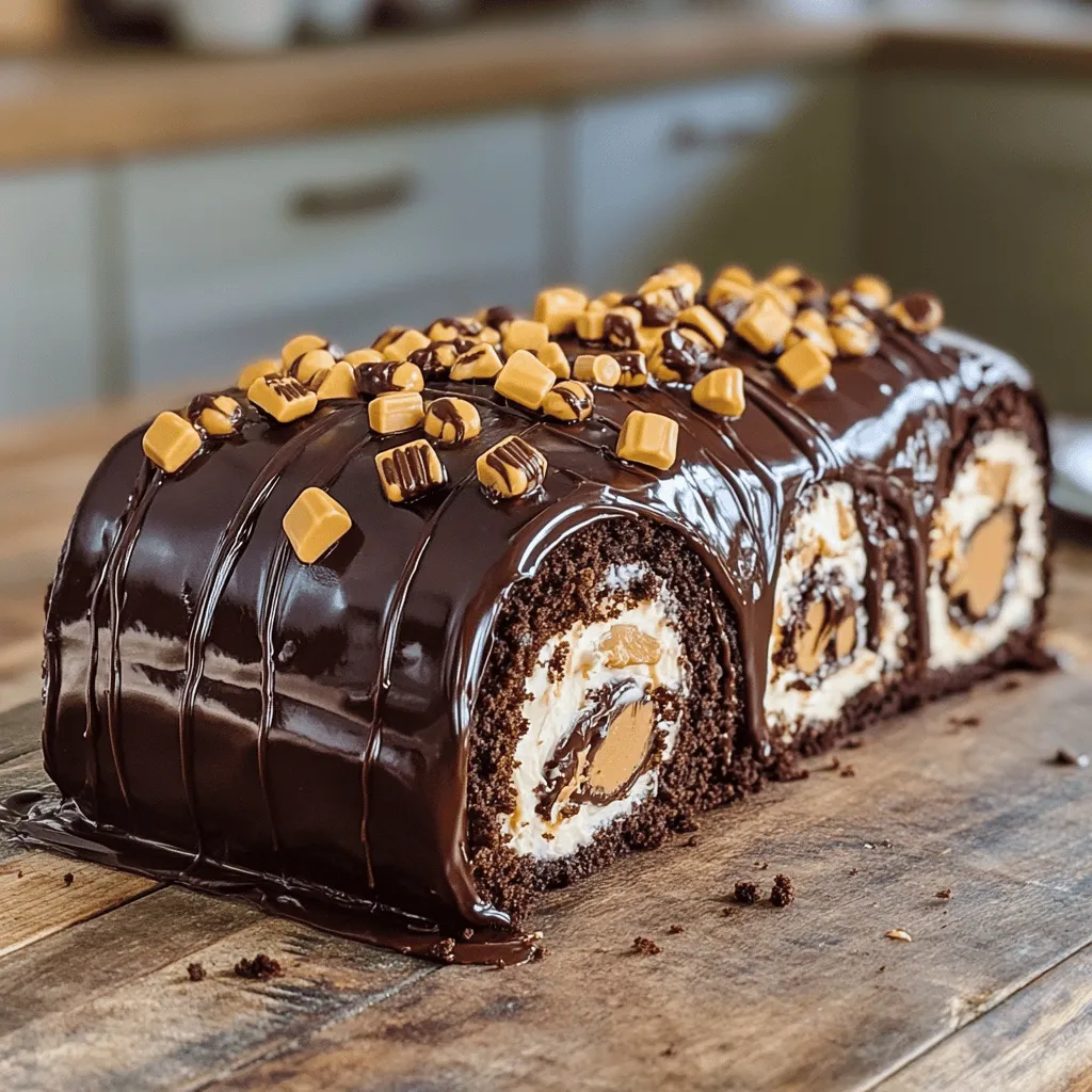 - 4 large eggs - 1 cup granulated sugar - 1 teaspoon vanilla extract - 1 cup all-purpose flour - 1/4 cup unsweetened cocoa powder - 1 teaspoon baking powder - 1/4 teaspoon salt - 1/2 cup creamy peanut butter - 1 cup heavy whipping cream - 1/2 cup powdered sugar - 1 cup mini Reese's peanut butter cups, chopped - 1/2 cup chocolate ganache for drizzling The eggs give the cake structure and moisture. If you're vegan, try using flax eggs. The granulated sugar adds sweetness. For a healthier option, you can use coconut sugar. Vanilla extract boosts flavor. You can swap it with almond extract for a twist. The all-purpose flour is essential for the cake's texture. If you're gluten-free, use a gluten-free flour blend. Cocoa powder gives that rich chocolate flavor. Ensure you use unsweetened cocoa for the best taste. Baking powder helps the cake rise. If you don't have it, baking soda works too, but use less. Salt balances the sweetness and enhances flavor. Peanut butter is the star of this cake. If you want a nut-free version, try sun butter instead. Heavy whipping cream creates a rich filling. You can use coconut cream for a dairy-free option. Powdered sugar adds sweetness and helps stabilize the whipped cream. Mini Reese's peanut butter cups are a fun and tasty addition. If you can't find them, regular Reese's cups chopped up work well. Finally, chocolate ganache adds a lovely finish. You can use store-bought ganache to save time. To make this cake, you need a few key tools. A large mixing bowl is essential for mixing the batter. You'll also need a whisk for beating eggs and sugar. A separate bowl for dry ingredients is helpful. A sifter is great for cocoa and flour. Use a jelly roll pan to bake the cake. Parchment paper makes it easy to lift the cake out. A clean kitchen towel dusted with powdered sugar helps roll the cake. A sharp knife cuts the cake into slices. Finally, a serving platter presents your beautiful creation. For the full recipe, check out the details above. Start by gathering your ingredients. You’ll need eggs, sugar, vanilla, flour, cocoa powder, baking powder, and salt. In a large mixing bowl, whisk the eggs and sugar together. Beat them until they turn pale and fluffy. This should take about five minutes. Next, add in the vanilla extract and mix it well. In another bowl, sift together the flour, cocoa powder, baking powder, and salt. Once mixed, gently fold this dry mix into the egg mixture. Be careful not to overmix. You want a light and airy batter. Now it’s time to bake! Preheat your oven to 350°F (175°C). Line a 15x10-inch jelly roll pan with parchment paper. Leave some overhang for easy lifting later. Pour the batter into the pan and spread it evenly. Bake for 12 to 15 minutes. Check by inserting a toothpick in the center; it should come out clean. As soon as the cake is done, prepare a clean kitchen towel. Dust it lightly with powdered sugar. Invert the cake onto the towel, then peel off the parchment paper carefully. Starting at one end, tightly roll the cake with the towel into a log shape. Allow it to cool completely while it’s rolled. While the cake cools, let’s make the filling. In a mixing bowl, whip the heavy cream and powdered sugar together. Keep mixing until stiff peaks form. Then, fold in the creamy peanut butter until it’s smooth and well mixed. After the cake cools, gently unroll it. Spread the peanut butter whipped cream evenly over the cake. Don’t forget to sprinkle chopped mini Reese's cups on top! Carefully re-roll the cake without the towel. Keep it tight, but not squished. Place it seam side down on a serving platter. Finally, drizzle chocolate ganache over the top and add extra chopped Reese's cups for garnish. Slice it up and enjoy your decadent treat! For the full recipe, check the details above. To keep your cake from sticking, line your jelly roll pan with parchment paper. Leave some paper hanging over the edges. This makes lifting the cake easy. After baking, let the cake cool for a few minutes. Then, flip it onto a powdered sugar-dusted towel. This step helps keep the surface soft. Remember, cooling it while rolled helps keep the shape. When whipping cream, start with a cold bowl and cold beaters. This helps the cream whip faster. Pour the heavy cream into the bowl, then add powdered sugar. Start on low speed to mix, then increase to high. Whip until stiff peaks form. Be careful not to over-whip; it can turn grainy. If this happens, gently fold in a bit more fresh cream to save it. If your cake cracks while rolling, don't worry. This can happen if it's not cool enough. Always let the cake cool in the towel. If your filling is too runny, add more peanut butter or whipped cream. This will thicken it up. Lastly, if the ganache is too thick, warm it slightly to make it easier to drizzle. Following these tips will help you make the perfect Decadent Reese's Peanut Butter Cup Roll Cake! For the complete recipe, check the Full Recipe section. {{image_2}} You can make this roll cake gluten-free! Use a gluten-free flour blend instead of all-purpose flour. Make sure the blend has xanthan gum for better texture. This change keeps the cake soft and tasty for everyone. You will still enjoy the same rich flavors. While the peanut butter and chocolate are great, you can mix it up. Try adding a few drops of mint extract for a fresh twist. You can also fold in some chopped nuts, like pecans or almonds, for crunch. For a fruity touch, add some mashed bananas to the filling. Each of these options gives a unique taste. Toppings make this dessert even more fun. You can drizzle caramel sauce over the top with the chocolate ganache. Shredded coconut or crushed cookies also add nice texture. Serve slices with a dollop of whipped cream for extra creaminess. A scoop of vanilla ice cream pairs perfectly with this cake too. For the full recipe, check out the step-by-step guide. To keep your roll cake fresh, wrap it tightly in plastic wrap. Place it in an airtight container. This helps keep moisture in and air out. Your cake will stay good for up to three days in the fridge. If you want it to last longer, consider freezing. To freeze your cake, first wrap it in plastic wrap. Make sure it is tight. Then, wrap it in aluminum foil for extra protection. You can freeze the cake for up to two months. When you’re ready to enjoy it, let it thaw in the fridge overnight. When you want to serve your roll cake, avoid reheating it in the microwave. This can make the cake tough. Instead, let it sit at room temperature for about 30 minutes. This will restore its softness. If you prefer it warm, place slices in the oven at 300°F for about 5-10 minutes. Check often to avoid drying it out. Enjoy your decadent Reese's peanut butter cup roll cake! For the full recipe, check the details above. Yes, you can make this cake in advance. It’s great for parties. Prepare the roll cake and fill it. Then, wrap it tightly in plastic wrap. Store it in the fridge overnight. This helps the flavors blend. You can also freeze it for a longer time. Just remember to thaw it before serving. The cake lasts about 3 to 4 days in the fridge. Keep it wrapped well to avoid drying out. Check for any changes in texture or smell before serving. If any leftovers remain, enjoy them quickly. This cake is best fresh but still tasty after a few days. To slice a roll cake, use a sharp, serrated knife. This helps cut through the layers easily. Start at one end and slice gently. Aim for about 1-inch thick slices for the best presentation. Wipe the knife clean between slices for neat cuts. Enjoy each piece with a drizzle of chocolate ganache! For the full recipe, check out the Decadent Reese's Peanut Butter Cup Roll Cake. You learned about making a delicious cake. We covered key ingredients, tools, and step-by-step instructions. You also found tips to avoid sticking and ways to enhance flavor. Variations, like gluten-free options and serving ideas, open up new possibilities. Finally, we discussed storage and common questions. Enjoy making this cake with confidence, knowing you have all the tools for success!
