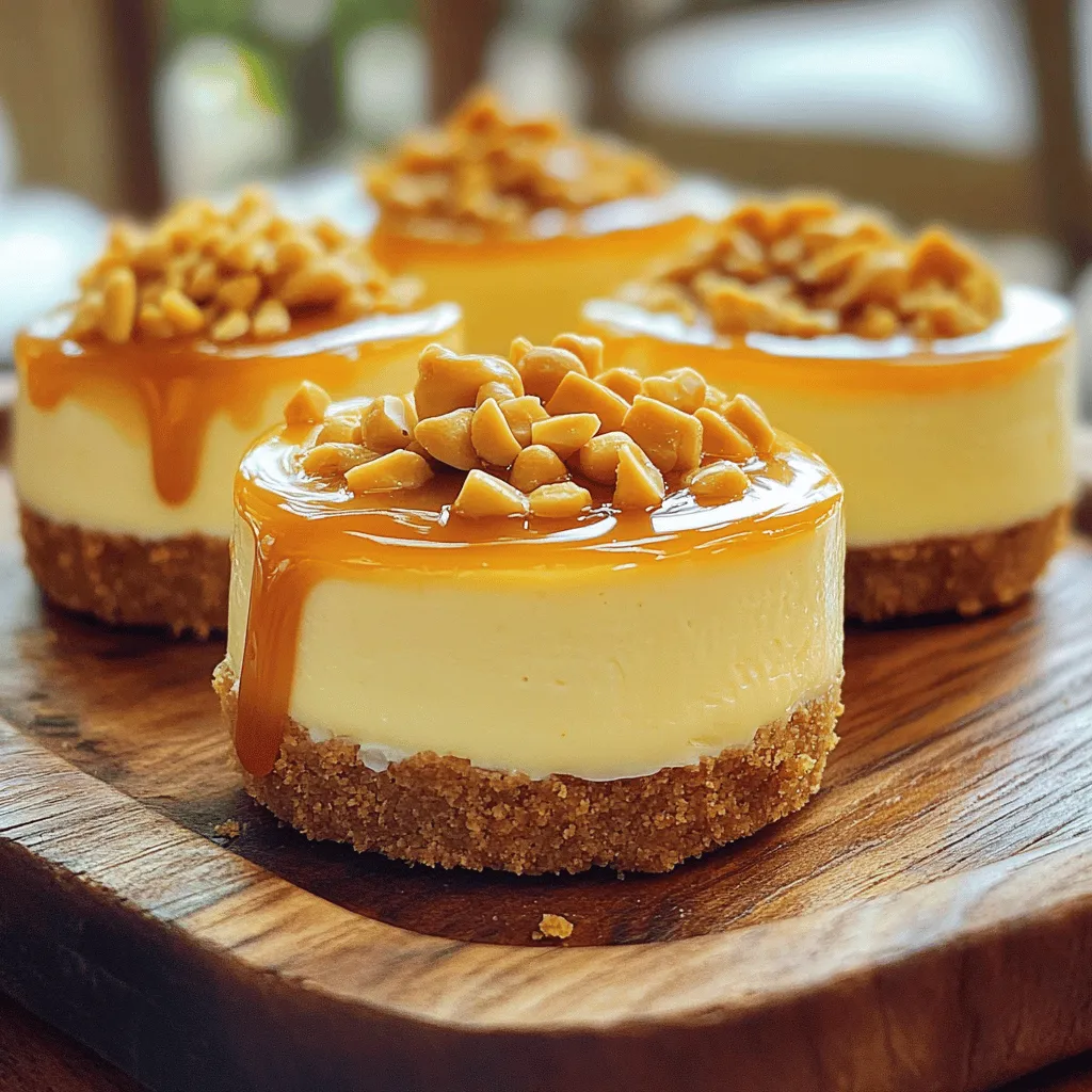 - 1 cup graham cracker crumbs - 4 tablespoons unsalted butter, melted - 2 tablespoons granulated sugar - 12 oz cream cheese, softened - 3/4 cup creamy peanut butter - 1/2 cup powdered sugar - 1 teaspoon vanilla extract - 1 cup heavy cream - 1/4 cup caramel sauce (store-bought or homemade) - Chopped peanuts for garnish - Alternative for graham cracker crumbs: You can use crushed cookies, like Oreos or digestive biscuits, for a different flavor. - Options for sweeteners: Honey or maple syrup can replace granulated sugar for a natural touch. - Non-dairy alternatives: Substitute cream cheese with a non-dairy cream cheese and use coconut cream instead of heavy cream. When I make these mini cheesecakes, I love how easy it is to swap ingredients. For example, if you don’t have graham crackers, try using cookies you have on hand. It gives a fun twist to the flavor! Sweeteners also offer a chance to change things up. If you're looking for a healthier option, honey works great. Just remember that it might change the texture a bit. If you need a non-dairy version, there are many delicious options available today. Non-dairy cream cheese and coconut cream blend well and give you that rich taste. Using these substitutes keeps the recipe flexible and fun. You can customize it to fit your tastes or dietary needs. Remember, the key is to enjoy the process! For the full recipe, check it out here: [Full Recipe]. 1. Preheat your oven to 325°F (160°C). 2. Line a muffin tin with 12 paper liners. 3. In a small bowl, combine: - 1 cup graham cracker crumbs - 4 tablespoons unsalted butter, melted - 2 tablespoons granulated sugar 4. Mix until the crumbs are fully coated. 5. Spoon about 1 tablespoon of this mixture into each muffin liner. 6. Press down firmly to form a crust. 1. In a large bowl, beat 12 oz cream cheese with an electric mixer on medium speed. 2. Mix until smooth and creamy, about 2 minutes. 3. Add: - 3/4 cup creamy peanut butter - 1/2 cup powdered sugar - 1 teaspoon vanilla extract 4. Beat until everything is well combined and creamy, about 2-3 minutes. 5. In another bowl, whip 1 cup heavy cream until stiff peaks form. 6. Gently fold the whipped cream into the peanut butter mixture until fully combined. 1. Divide the cheesecake filling evenly among the crusts in the muffin tin. 2. Smooth the tops with a spatula. 3. Bake in the preheated oven for 15-20 minutes. 4. Look for edges that are set but centers that still jiggle slightly. 5. Remove from the oven and let cool in the pan for about 30 minutes. 6. Refrigerate for at least 2 hours or until completely cool and set. 7. Once set, drizzle with caramel sauce and sprinkle with chopped peanuts before serving. For the full recipe, refer to the earlier section. To get the best mini cheesecakes, watch for signs of doneness. You want the edges to set while the center remains slightly jiggly. This means they will firm up as they cool. Avoid overbaking, as this leads to cracks. To prevent cracks, mix your batter gently. Too much air makes cracks more likely. Serving is just as important as making these treats. Place the mini cheesecakes on a beautiful platter. Drizzle extra caramel sauce over the top. Add a sprinkle of chopped peanuts for texture. For a nice touch, consider adding a small mint leaf. This adds color and freshness. Mixing too much can ruin the texture. You want the batter smooth but not whipped. Also, make sure all ingredients are at room temperature. Using warm ingredients can cause the batter to mix unevenly. This may lead to a cheesecakes that do not rise well. You can find the full recipe to create these delicious treats above. {{image_2}} You can change up the flavors of these mini cheesecakes. Swapping peanut butter for other nut butters like almond or cashew can give them a new twist. Each nut butter brings a unique taste, so try what you love! You can also add toppings like chocolate chips or fresh fruit. Drizzle melted chocolate on top for a rich flavor. Add crushed cookies or sprinkles for a fun crunch. Making these cheesecakes fit your diet is easy! For gluten-free options, use gluten-free graham cracker crumbs. This way, everyone can enjoy the treat. If you want vegan adaptations, replace cream cheese with a plant-based cream cheese. Use coconut cream instead of heavy cream for a creamy texture. You can also use maple syrup instead of powdered sugar to keep it sweet. Pair these mini cheesecakes with coffee or tea for a delightful treat. The rich, creamy flavor goes well with a warm drink. Serve them at special events like birthdays or holidays. They make great desserts for gatherings. You can even set them out at a picnic for a fun treat. To keep your mini cheesecakes fresh, store them in the fridge. Place them in an airtight container. This helps prevent them from drying out or absorbing odors. These little treats can last up to five days in the fridge. Just remember to cover them well. If you want to save some for later, freezing is a great option. First, let the mini cheesecakes cool completely. Next, place them on a baking sheet and freeze for about two hours. Once they are firm, wrap each cheesecake in plastic wrap and then in foil. This method keeps them safe from freezer burn. They can last up to three months in the freezer. To enjoy them later, simply thaw them in the fridge overnight. This way, they return to their creamy state without losing flavor. If you prefer your cheesecakes slightly warm, you can reheat them. Place a cheesecake in the microwave for about 10 to 15 seconds. This warms them gently. Avoid overheating, as this can change the texture. Enjoy your leftovers with a drizzle of caramel or a sprinkle of peanuts. You want to check the edges of the cheesecakes. They should look set. The centers should still jiggle a bit when you shake the pan. This jiggle means they will firm up as they cool. If you overbake, they can crack and become dry. Trust your instincts, and remember: they will continue to cook while cooling. Absolutely! These mini cheesecakes are great for making ahead. You can prepare them a day or two in advance. Just store them in the fridge until you're ready to serve. This makes them perfect for parties or special events. The flavors will even deepen as they chill! If you lack a muffin tin, don’t worry! You can use ramekins or small cups instead. Just adjust the baking time, as they might need a bit longer. You can also use a baking dish and cut the cheesecake into squares after baking. The key is to ensure they have a similar depth for even cooking. These mini cheesecakes are fun and easy to make using simple ingredients. We covered everything from preparation to baking and storage. You can use alternatives for some ingredients, making these treats friendly for various diets. Remember to check for doneness and avoid overmixing. Experiment with flavors and presentations to make them your own. Enjoy these tasty bites at any event, or savor them as a treat at home. With these tips and tricks, you'll create delicious mini cheesecakes every time. Happy baking!