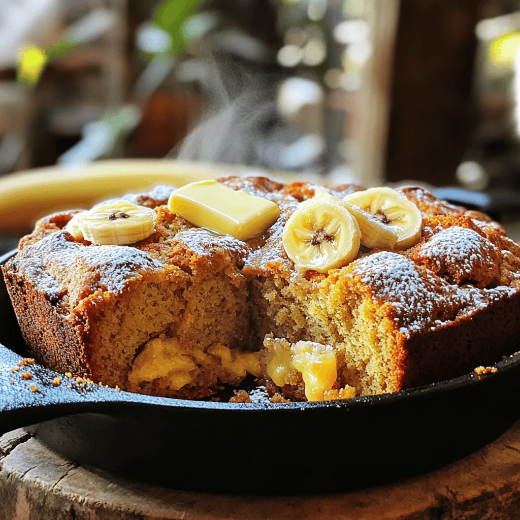 To make a delightful cast iron banana bread, you need these key ingredients: - 3 ripe bananas, mashed - 1/3 cup melted coconut oil - 1/2 cup brown sugar - 1/4 cup granulated sugar - 1 egg, beaten - 1 teaspoon vanilla extract - 1 teaspoon baking soda - Pinch of salt - 1 cup all-purpose flour - 1/2 cup chopped walnuts or pecans (optional) - 1/2 teaspoon cinnamon (optional) Each ingredient plays a role in creating the perfect texture and flavor. Ripe bananas add natural sweetness and moisture, making the bread tender. Coconut oil keeps it rich and flavorful. Using brown sugar gives a deeper flavor, while granulated sugar adds sweetness. The beaten egg helps bind everything together. Vanilla extract gives a warm aroma. Baking soda acts as a leavening agent, allowing the bread to rise. A pinch of salt balances the flavors. All-purpose flour provides structure, while the optional nuts and cinnamon bring extra texture and warmth to the taste. Gather these ingredients and get ready to create a warm, tasty treat! For the full recipe with instructions, check out the [Full Recipe]. 1. Preheat your oven and cast iron skillet. Set your oven to 350°F (175°C). Place your 10-inch cast iron skillet inside. This helps the bread cook evenly and develop a nice crust. 2. Combine ingredients in the correct order. In a large bowl, mash the 3 ripe bananas. Mix in 1/3 cup melted coconut oil until smooth. Then, add 1/2 cup brown sugar and 1/4 cup granulated sugar. Stir well until combined. 3. Folding in optional ingredients. Next, mix in 1 beaten egg and 1 teaspoon vanilla extract. Add 1 teaspoon baking soda and a pinch of salt. Slowly fold in 1 cup all-purpose flour until just mixed. If you want to add flavor, gently fold in 1/2 cup chopped nuts and 1/2 teaspoon cinnamon. 1. Pour batter into the skillet. Carefully take the hot skillet out of the oven using oven mitts. Pour the batter in and spread it evenly with a spatula. 2. Baking time and temperature. Place the skillet back in the oven. Bake for 50-60 minutes. Keep an eye on it as it bakes. 3. Checking for doneness. To check if your banana bread is ready, insert a toothpick into the center. If it comes out clean, your bread is done! Let it cool for about 10 minutes in the skillet before moving it to a wire rack. For more details, check the Full Recipe. Enjoy your delicious cast iron banana bread! - Best bananas for flavor Use ripe bananas. Look for ones with lots of brown spots. They are sweet and flavorful. Overripe bananas make the best banana bread. - Avoiding overmixing the batter Mix gently when you add flour. Overmixing can make the bread tough. A few lumps are okay. This keeps your bread light and fluffy. - Ensuring even cooking in a cast iron skillet Preheat your skillet. This helps the bread cook evenly. Pour the batter into the hot skillet. It will create a nice crust. - Benefits of baking with cast iron Cast iron holds heat well. This gives your bread a crispy crust. It also helps with even baking. Plus, cast iron can go from stovetop to oven. - Maintenance tips for cast iron skillets Clean your skillet with hot water. Avoid soap, as it strips the seasoning. Dry it well to prevent rust. Apply a light coat of oil after cleaning to keep it in good shape. For a full recipe, check out the detailed steps above. Enjoy your baking! {{image_2}} You can make your cast iron banana bread even better with some fun additions. Here are a few ideas: - Chocolate chips: Adding chocolate chips makes it taste rich and sweet. You can use semi-sweet or dark chocolate. - Cocoa powder: Mixing in cocoa powder will give your banana bread a chocolate twist. Use about ¼ cup to start. - Different nuts: Try adding pecans, almonds, or hazelnuts. Each nut adds a nice crunch and flavor. - Dried fruits: Raisins, cranberries, or dates can add sweetness and chewiness. They work well with the banana flavor. If you need to change the recipe for dietary needs, there are easy swaps: - Gluten-free options: Use gluten-free flour blends to make this banana bread gluten-free. Make sure the blend has xantham gum to help with texture. - Vegan substitutes: For a vegan version, replace the egg with flaxseed meal or applesauce. Use coconut oil or a vegan butter for a dairy-free option. These variations make the recipe more fun and tasty! You can find the full recipe to get started on your delicious cast iron banana bread. You can store banana bread in two ways: at room temperature or in the fridge. - Room temperature: If you plan to eat it within two to three days, just wrap it in plastic wrap or foil. This keeps it soft and fresh. - Refrigerating: If you want to keep it longer, place it in the fridge. It can last up to a week this way, but it may dry out a bit. To freeze banana bread, wrap slices tightly in plastic wrap or foil. Place them in a freezer bag. This method keeps the bread fresh for up to three months. When it’s time to enjoy your banana bread again, reheating is key. Here are the best methods: - Microwave: Place a slice on a plate. Heat for 10 to 15 seconds. This warms it up nicely. - Oven: Preheat the oven to 350°F (175°C). Wrap the bread in foil to keep it moist. Bake for about 10 to 15 minutes. To keep the bread moist, avoid reheating it too long. Check often to ensure you don’t dry it out. Enjoy your delicious treat warm! Banana bread can last for about 3 to 5 days at room temperature. To keep it fresh, store it in an airtight container. You can also refrigerate it for up to a week. If you want it to last longer, freeze it. Wrap slices or the whole loaf tightly in plastic wrap and foil. This way, it can last up to 3 months. Yes, you can use frozen bananas! They work great in this recipe. Just let them thaw before mashing. The bananas may be mushy, but that’s perfect for banana bread. You can even mash them while still frozen. This makes it easy to add them to your mix. Banana bread is tasty on its own, but you can enhance it. Try spreading butter or cream cheese on warm slices. For breakfast, serve it with yogurt or fresh fruit. As a dessert, add a scoop of vanilla ice cream. You can also drizzle honey or maple syrup on top for extra sweetness. To check if your banana bread is done, insert a toothpick into the center. If it comes out clean or with a few crumbs, it’s ready. If it has wet batter, it needs more time. The top should be golden brown, and the edges may pull away from the skillet. This shows it's cooked well. In this article, I shared simple steps to bake delicious banana bread. We discussed ingredients like ripe bananas, coconut oil, and optional nuts. I detailed the preparation, baking process, and key tips for perfect results. You learned about variations to suit different tastes and dietary needs. Finally, we covered how to store and reheat your banana bread. Enjoy the process and experiment with flavors. Baking banana bread can be easy and fun. Now, get started and enjoy your creation!
