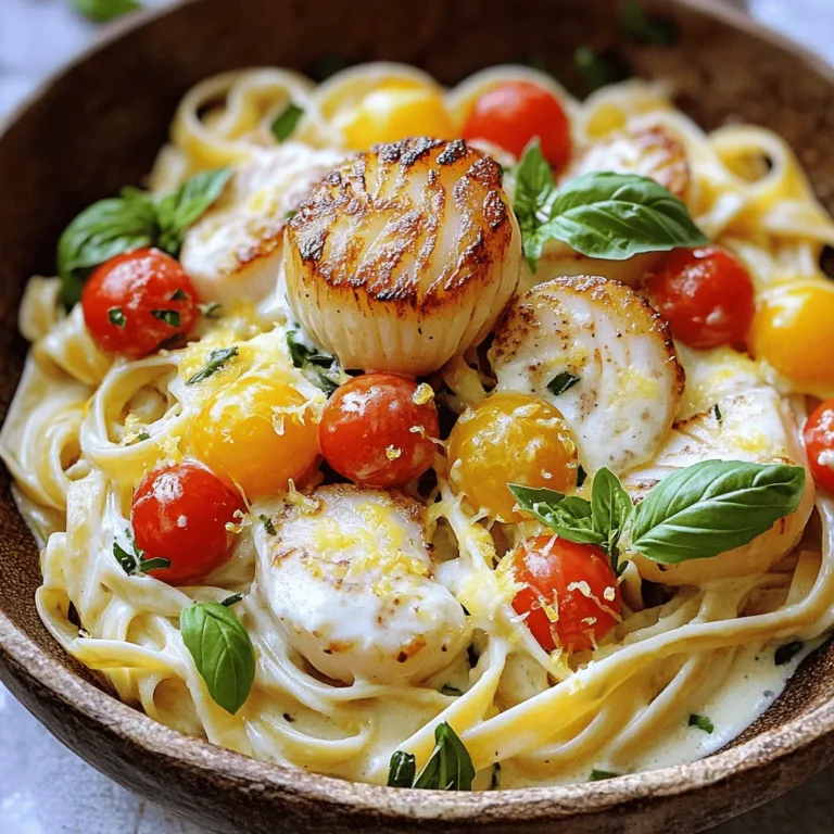 - 8 oz fettuccine pasta - 1 lb sea scallops, cleaned and patted dry - 1 tablespoon olive oil - 3 cloves garlic, minced - 1 cup heavy cream - 1 cup mozzarella cheese, shredded - ½ cup grated Parmesan cheese - 1 cup cherry tomatoes, halved - 1 tablespoon fresh basil, chopped - Salt and pepper to taste - Zest of 1 lemon Gathering the right ingredients is key for this creamy mozzarella scallop pasta. Start with 8 oz of fettuccine pasta. It will hold the sauce well. Next, you need 1 lb of sea scallops. Make sure they are cleaned and patted dry. This step helps them sear nicely. You’ll need 1 tablespoon of olive oil for cooking. It adds flavor and helps with browning. For that rich taste, use 3 cloves of minced garlic. Garlic gives a nice aroma to the dish. The heart of the sauce is 1 cup of heavy cream. This makes the pasta creamy and smooth. You’ll also need 1 cup of shredded mozzarella cheese. It melts beautifully and adds that stretch we all love. Don't forget ½ cup of grated Parmesan cheese. This cheese adds a salty bite. For a pop of color, use 1 cup of halved cherry tomatoes. They add freshness and sweetness. Finally, grab 1 tablespoon of chopped fresh basil. It gives a nice herbal note. You’ll also want salt and pepper to taste and the zest of 1 lemon for brightness. All these ingredients come together to create a delightful dinner dish. You can find the full recipe with all the steps in the *Full Recipe*. First, grab a large pot and fill it with water. Add a good amount of salt to the water. Bring it to a boil over high heat. Once boiling, add 8 oz of fettuccine pasta. Cook the pasta until it is al dente, following the package instructions. This usually takes about 8 to 10 minutes. When the pasta is ready, drain it but save a bit of the pasta water. Set the pasta aside in a bowl. Now it's time to sear the scallops. Take 1 lb of sea scallops and pat them dry with a paper towel. Season them with salt and pepper. In a large skillet, heat 1 tablespoon of olive oil over medium-high heat. Once the oil is hot, add the scallops. Sear the scallops for about 2 to 3 minutes on each side. They should turn golden brown. Remove them from the skillet and set them aside on a plate. In the same skillet, lower the heat to medium. Add 3 cloves of minced garlic and sauté for about 1 minute. Be careful not to burn the garlic. Next, pour in 1 cup of heavy cream. Stir the cream constantly until it starts to simmer. This should take a couple of minutes. Now for the fun part! Gradually add 1 cup of shredded mozzarella cheese and ½ cup of grated Parmesan cheese to the cream. Stir until both cheeses melt and create a creamy sauce. If the sauce is too thick, mix in a bit of the reserved pasta water until you reach your desired consistency. Toss the cooked fettuccine into the sauce, coating it well. Add 1 cup of halved cherry tomatoes. Gently fold everything together. Carefully add the seared scallops back into the pasta mix. Stir gently to combine without breaking the scallops. Finish by sprinkling 1 tablespoon of chopped fresh basil and the zest of 1 lemon over the dish. Taste and adjust seasoning with more salt and pepper if needed. Now, plate the creamy scallop pasta in bowls and drizzle with a bit of extra olive oil if you like. Enjoy this delightful dish! For the full recipe, check out the instructions above. To make great scallops, start with fresh ones. Look for scallops that smell like the sea, not fishy. Dry them well with a paper towel. This step helps them brown nicely. Use medium-high heat in your skillet. This way, they sear quickly and form a golden crust. Cook them for 2-3 minutes on each side. Avoid moving them around too much. This lets them develop that delicious crust. Your sauce should be creamy but not too thick. After adding the heavy cream, watch it closely. Stir constantly until it simmers. If it gets too thick, add a splash of reserved pasta water. This will help loosen it without losing creaminess. The mozzarella and Parmesan cheeses will also thicken the sauce. So, keep adjusting until you find the right smoothness. When serving, present the pasta in shallow bowls. This makes it look fancy and inviting. Drizzle a bit of olive oil on top for shine. Sprinkle some extra fresh basil for color and flavor. You can also add a few cherry tomato halves for a pop of freshness. For a more filling meal, serve with a side salad or garlic bread. This way, you create a complete dining experience. For the full recipe, check the [Full Recipe]. {{image_2}} You can switch up the pasta to match your taste. Fettuccine is great, but penne or spaghetti works too. Each type gives a unique feel to the dish. For a lighter option, try zucchini noodles or whole wheat pasta. They add extra flavor and texture to your creamy mozzarella scallop pasta. Adding vegetables can boost the dish's nutrition and flavor. Spinach wilts nicely into the creamy sauce. You can also toss in peas or asparagus for color and crunch. Cherry tomatoes add sweetness, but you can replace them with bell peppers or broccoli. This makes your pasta more vibrant and delicious. If you like spicy food, consider adding red pepper flakes. A pinch goes a long way in enhancing the flavor. For more heat, try diced jalapeños or a splash of hot sauce. This twist makes your creamy mozzarella scallop pasta exciting and full of life. For the full recipe, check the previous section. You can keep leftover creamy mozzarella scallop pasta in the fridge. Place it in an airtight container. This helps keep it fresh. It should last for about 3 days. When you are ready to eat, check for any off smells. If it smells fine, you can reheat it. If you want to save it longer, freezing is a good option. Use a freezer-safe container or bag. Make sure to remove as much air as possible. Label it with the date. This pasta dish can stay in the freezer for up to 2 months. When you are ready to use it, let it thaw in the fridge overnight. To reheat, you have a few options. You can use a microwave, stove, or oven. For the microwave, place the pasta in a bowl. Add a splash of water to keep it moist. Cover it and heat in short bursts, stirring in between. On the stove, use a pan over low heat. Stir often until warmed through. If using the oven, cover it with foil and bake at 350°F until hot. Always check the temperature before serving. To make this creamy mozzarella scallop pasta gluten-free, start by choosing gluten-free pasta. Many brands offer great options, such as rice or chickpea pasta. Cook the gluten-free pasta according to package instructions. Then, follow the same steps for the sauce and scallops. This way, you can enjoy the dish without gluten but still keep the flavors. If you want a lighter option instead of heavy cream, you can use half-and-half or whole milk. For a dairy-free choice, coconut milk works well. You can also use a mix of broth and cream cheese for a rich flavor. Each substitute will change the taste a bit but will still give you a creamy sauce. Yes, you can use frozen scallops! Just make sure to thaw them completely before cooking. Place them in the fridge overnight for the best results. Once thawed, pat them dry to remove excess moisture. This helps them sear better and develop that lovely golden crust. To avoid overcooking scallops, follow these tips: First, make sure your skillet is hot enough. Sear scallops for only 2-3 minutes on each side. Look for a golden brown color. If they feel firm to the touch and opaque, they are done. Remove them from the heat quickly to keep them juicy and tender. This recipe showcases a delicious fettuccine dish with scallops and creamy sauce. We covered each ingredient, the cooking steps, and helpful tips. Remember, cooking is all about experimenting. You can swap ingredients and adjust flavors. Storing leftovers is simple, and reheating keeps the meal tasty. Enjoy making this dish your own, and don’t hesitate to share your results! Happy cooking!