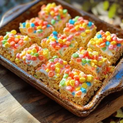 To make Fruity Pebbles Rice Krispie Treats, gather these simple ingredients: - 4 cups Fruity Pebbles cereal - 4 cups Rice Krispies cereal - 1/2 cup unsalted butter - 10 oz (1 bag) mini marshmallows - 1 teaspoon vanilla extract - 1/4 teaspoon salt - Extra Fruity Pebbles for topping (optional) Using fresh ingredients makes a big difference. I always choose high-quality marshmallows. They melt better and create a smooth mix. For butter, use unsalted to control the salt flavor. Fresh Fruity Pebbles will give your treats a bright color and fruity taste. Look for the cereal with the longest shelf life for best results. You can swap some ingredients if needed. If you want a dairy-free option, use vegan butter. For the marshmallows, there are plant-based ones available. To add more flavor, try adding a pinch of cinnamon or nutmeg. If you want a gluten-free treat, check that your cereals are labeled as gluten-free. This way, everyone can enjoy these fun, colorful treats! Start by greasing a 9x13 inch baking dish. You can use butter or cooking spray. This step helps the treats release easily later. Set the dish aside for now. In a large saucepan, melt 1/2 cup of unsalted butter over medium heat. Watch it closely so it doesn't burn. Once melted, add a 10-ounce bag of mini marshmallows. Stir them continuously until they melt completely. This usually takes about 3 to 5 minutes. The mixture should be smooth and creamy. After that, take the pan off the heat and mix in 1 teaspoon of vanilla extract and 1/4 teaspoon of salt. This adds great flavor to your treats. In a big bowl, combine 4 cups of Fruity Pebbles cereal and 4 cups of Rice Krispies cereal. Pour the melted marshmallow mix over the cereal. Stir well until every piece is coated. It’s important to mix fast so the marshmallow stays warm. Once mixed, transfer the cereal mixture to your greased baking dish. Use a spatula or your hands, lightly buttered, to press it down evenly. Make sure it’s firm, so the treats hold their shape. Let the treats cool at room temperature for about 30 minutes. This helps them set properly. If you want, you can place them in the fridge for a quicker cool-down. Once firm, cut them into squares or bars. Enjoy your sweet and colorful Fruity Pebbles Rice Krispie Treats! For the complete recipe, refer to the Full Recipe. To get the best texture, use fresh marshmallows. Old marshmallows can harden and won't melt well. Melt the butter slowly over medium heat. Stir it frequently to avoid burning. When you add the marshmallows, keep stirring until they are smooth and creamy. This step is key for soft treats. After mixing, press the mixture firmly into the pan. This helps hold everything together. You can make this treat your own! Try adding chocolate chips or colorful sprinkles for a fun twist. For a fruity kick, mix in some dried fruit or mini gummy bears. If you want a crunch, toss in some nuts or seeds. You can even swap out the Fruity Pebbles for another cereal you love. Just remember to keep the Rice Krispies for that classic crunch. These treats are great for any occasion! Cut them into squares for a fun snack at parties or gatherings. You can also wrap them in cellophane for a cute gift. Serve them alongside ice cream for a tasty dessert combo. For a colorful display, stack them on a tiered cake stand. The bright colors will make any table pop! Check out the Full Recipe for more details. {{image_2}} You can switch up the cereals for fun! Try using Cocoa Pebbles for a chocolate twist. Corn Pops add a crunchy texture. If you like a mix of flavors, combine Fruity Pebbles with Cheerios. Each option gives a new taste and keeps things exciting! Boost your Rice Krispie treats with mix-ins! Adding mini chocolate chips gives a sweet surprise. Chopped nuts add crunch and a nutty flavor. You can also use dried fruits for a fruity kick. Just fold in your mix-ins before pressing the mixture into the pan. Get creative with themed versions for holidays! For Halloween, add orange and black sprinkles. For Christmas, use red and green candies. You can even shape them into hearts for Valentine’s Day. These special touches make your treats fun and festive for any occasion. For the full recipe, check out the complete guide to making Fruity Pebbles Rice Krispie Treats! Store your Fruity Pebbles Rice Krispie Treats in an airtight container. This keeps them fresh and chewy. You can stack them in layers with parchment paper in between. It helps prevent sticking. Find a cool, dry spot in your kitchen for the best results. When stored properly, these treats last about a week. After a few days, they may become a bit hard. To bring back some softness, just microwave them for a few seconds. Check for any signs of spoilage, like an off smell or weird texture before eating. You can freeze these treats for up to three months. Cut them into squares first. Wrap each square tightly in plastic wrap, then place them in a freezer bag. Label the bag with the date. To enjoy, let them thaw at room temperature. You can also warm them up for a fresh taste. For the full recipe, refer back to the main article. Yes, you can use different marshmallows. Regular marshmallows work great. You can also try flavored marshmallows for a twist. Just remember, the size should be the same. Mini marshmallows melt faster and blend well. If your treats are sticky, you can lightly grease your hands. This helps you shape them without the mess. You can also try adding more Rice Krispies. This absorbs some of the stickiness and balances the mix. Fruity Pebbles are gluten-free, making this treat safe for many. Check the Rice Krispies brand. Some brands may contain gluten, so look at the label. If you want to be sure, use gluten-free Rice Krispies. To make these treats healthier, use less butter and marshmallows. You can swap in coconut oil for butter. Add nuts or dried fruits for extra nutrition. Using whole grain Rice Krispies can also boost health benefits. For the full recipe, check the section above. In this post, we covered the key ingredients for Rice Krispie treats, along with useful substitutions. I detailed step-by-step instructions to ensure your treats come out perfect each time. We also shared tips for texture and customization ideas, plus ways to serve them. You learned about fun variations and how to store your treats for lasting freshness. Remember, making Rice Krispie treats is simple and fun. Enjoy personalizing them to match your taste and keep experimenting!