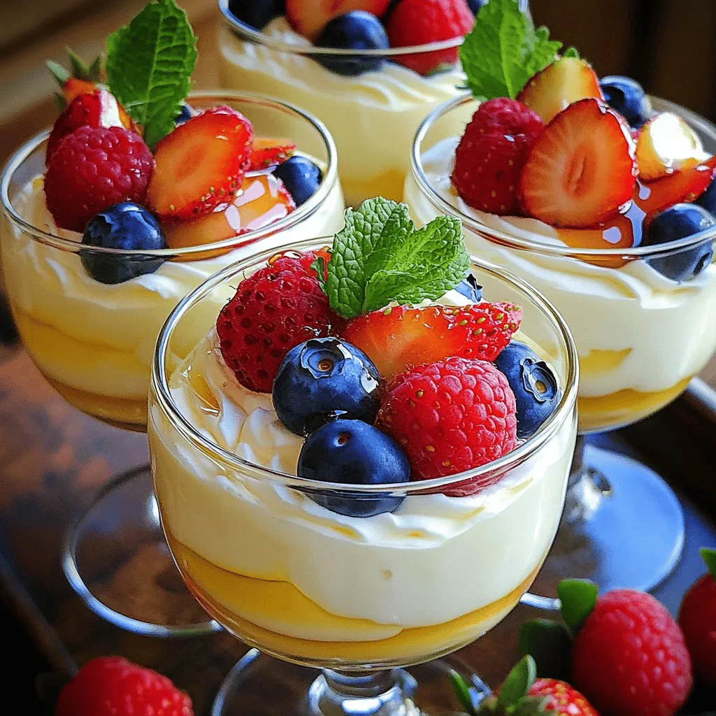 To make Bavarian cream, you need a few key ingredients. Here’s a list: - 2 cups heavy cream - 1 cup milk - 3/4 cup granulated sugar - 1 tablespoon vanilla extract - 1 tablespoon gelatin powder - 3 tablespoons cold water - 1/2 cup Greek yogurt These items create a rich and creamy base for your dessert. The heavy cream gives it a smooth texture, while the yogurt adds a slight tang. The gelatin helps it set, making it easy to serve. Berries add fresh flavor and color to your Bavarian cream. I like using: - 1 cup mixed berries (strawberries, blueberries, raspberries) When picking berries, look for vibrant colors and firm textures. Fresh berries taste best, but frozen can work too. Just thaw and drain them before using. You can mix and match berries based on what you enjoy. Garnishes make your dessert look pretty and add extra taste. Here are some ideas: - Mint leaves for garnish - Honey for drizzling Mint leaves offer a bright touch that refreshes the palate. A drizzle of honey gives a lovely sweetness to the berries. These simple additions can elevate your dish and impress your guests. For the full recipe, check out the details and enjoy making this delightful dessert! To start, you need to prepare the gelatin. In a small bowl, sprinkle 1 tablespoon of gelatin powder over 3 tablespoons of cold water. Let it sit for about 5 minutes. This process is called blooming. It helps the gelatin dissolve well later. Next, we create the cream base. In a saucepan, combine 1 cup of milk and 1/2 cup of granulated sugar. Heat over medium heat, stirring until the sugar dissolves. Do not boil the mixture. Once warm, remove it from the heat. Add the bloomed gelatin and stir until it fully dissolves. Then, add 1 tablespoon of vanilla extract for flavor. Now, it’s time to whip the cream. In a large bowl, pour 2 cups of heavy cream. Use a hand mixer to whip it until soft peaks form. This means the cream should hold its shape but still be smooth. Next, gently fold the whipped cream into the milk-gelatin mixture. Be careful not to deflate the whipped cream. Finally, add 1/2 cup of Greek yogurt and fold until smooth. This will add creaminess and tang. Once combined, pour the mixture into serving glasses or a mold. Refrigerate for at least 4 hours, or until set. When ready, top with mixed berries and mint leaves. Enjoy your delightful dessert! For more details, check the Full Recipe. To get the best texture for Bavarian cream, timing is key. Make sure to let the gelatin bloom for about 5 minutes. This step helps it dissolve better. When you mix the warm milk and sugar, do not let it boil. Heat it just enough to dissolve the sugar. If you rush this, your cream may not set well. Lastly, chill the cream for at least 4 hours. This waiting time lets it firm up perfectly. One common mistake is not allowing the gelatin to bloom properly. If you skip this step, it can clump. Another mistake is overwhipping the cream. You want soft peaks, not stiff peaks. Overwhipping can make your cream too dense. Also, don’t skip the Greek yogurt. It adds a nice tang and creaminess. Lastly, don’t forget to fold gently. Stirring too hard can deflate the cream. You can enhance your Bavarian cream with extra flavors. Try adding a bit of lemon zest for brightness. A splash of almond extract can give it a nice twist too. You can also mix in some cocoa powder for a chocolate version. For a fun touch, add a splash of liqueur, like Grand Marnier. This adds a sophisticated flavor boost. If you want to keep it simple, fresh vanilla is always a great choice. For the full recipe, check out the detailed steps above. {{image_2}} You can use any berry you like for this dessert. Strawberries, blueberries, and raspberries work great. You can mix and match them too! Blackberries and even cherries can add fun flavors. Fresh berries taste best, but frozen ones are good in a pinch. You can also make a berry sauce by cooking down some berries with sugar. Pour this sauce over the Bavarian cream for a fruity twist. Want to change the flavor? Try adding zest from a lemon or orange. This will give your Bavarian cream a bright and zesty kick. If you love chocolate, melt some dark chocolate and mix it in. This adds a rich taste that pairs well with the cream. Just remember to let the chocolate cool before adding it to the cream. You can also try using flavored extracts, like almond or coconut, for something unique. You can easily make this dessert fit your diet. For a dairy-free option, use coconut milk instead of cream and milk. Replace the Greek yogurt with a dairy-free yogurt. To make it sugar-free, use a sugar substitute that measures like sugar. Always check if the substitute works well in desserts. These options keep the dessert tasty while meeting your dietary needs. Try these variations to make the Bavarian cream your own! For the complete recipe, check out the Full Recipe section. To keep your Bavarian cream fresh, store it in the fridge. Use an airtight container to prevent odors from other foods. You can also cover each glass with plastic wrap. This keeps the cream smooth and creamy. You can freeze Bavarian cream if you have leftovers. Pour it into an airtight container. Leave some space at the top for expansion. When you want to eat it, thaw it in the fridge overnight. Stir well before serving. Bavarian cream lasts about 3 to 5 days in the fridge. Check for any changes in smell or texture. If it looks watery or smells sour, it’s time to toss it. For frozen Bavarian cream, it stays good for up to 2 months. Enjoy it while it’s fresh for the best taste! For more details, check the Full Recipe. Bavarian cream is a light and creamy dessert. It has a smooth texture with a rich flavor. This dessert is made with cream, milk, sugar, and gelatin. The gelatin helps it set. Often, people mix in flavors like vanilla. You can serve Bavarian cream with fruits, like berries, for a tasty treat. Yes, you can make Bavarian cream ahead of time. It needs time to set in the fridge. I recommend making it at least four hours before serving. You can even make it a day in advance. Just cover it well to keep it fresh. This way, you can enjoy a stress-free dessert on the day you serve it. To prevent gelatin from clumping, always bloom it first. Start by sprinkling the gelatin powder over cold water. Let it sit for about five minutes. This helps it dissolve better later. When you add it to the warm milk mixture, stir until it fully dissolves. If you follow these steps, you'll have a smooth Bavarian cream every time. For the full recipe, check out the detailed steps. Bavarian cream offers a rich, creamy treat that can dazzle any dessert table. We explored its main ingredients and how to select the best berries and toppings. The step-by-step guide showed how to prepare gelatin and create a smooth cream. I shared tips to achieve the right texture and avoid mistakes. Variations let you play with flavors and dietary needs. Proper storage keeps your cream fresh and delicious. Enjoy crafting this delightful dessert that can impress friends and family!