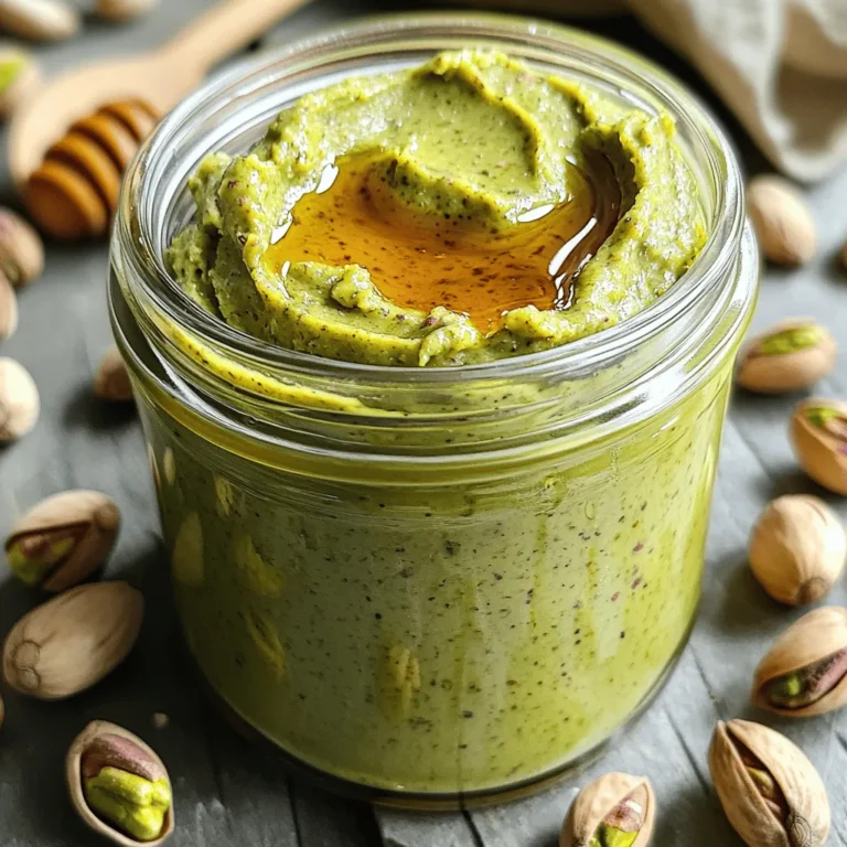 To make delicious homemade pistachio butter, you need just a few simple ingredients. Here’s what you’ll need: - 1 ½ cups unsalted roasted pistachios, shelled - 2 tablespoons honey or maple syrup - 1 tablespoon coconut oil - ¼ teaspoon sea salt - Optional: ½ teaspoon vanilla extract These ingredients combine to create a creamy and flavorful spread. The roasted pistachios give a rich taste. Honey or maple syrup adds sweetness. Coconut oil helps with creaminess. Sea salt balances the flavors perfectly. If you want a bit more depth, the vanilla extract is a nice touch. Using high-quality ingredients makes a big difference. Fresh pistachios will have the best flavor. If you can, toast your pistachios for a few minutes. This makes the flavor pop even more. You can find the full recipe in the previous section. First, we need to toast the pistachios. Toasting enhances their flavor and brings out their natural oils. Preheat your oven to 350°F (175°C). Spread the shelled pistachios on a baking sheet. Toast them for about 5-7 minutes. Don’t forget to stir them halfway through. Once they smell nutty, take them out and let them cool for a few minutes. Cooling is key. It helps prevent steam from forming in your food processor. Now that the pistachios are cool, it’s time to blend. Place the cooled pistachios in your food processor with the sea salt. Pulse until they break down into a fine meal. This usually takes about one minute. Scrape down the sides as needed. Next, add the honey or maple syrup and the coconut oil. If you want extra flavor, add the vanilla extract. Blend for 5-8 minutes. Keep checking the texture. You want it smooth and creamy. If it feels too thick, add a little more coconut oil. Taste your mixture and adjust the sweetness or salt if needed. After blending, it’s time to store your pistachio butter. Transfer it to a clean jar. Make sure the lid seals tightly. You can keep it in the refrigerator for up to 2 weeks. For longer storage, freeze it. This way, you can enjoy your creamy pistachio butter for months. Just remember to thaw it in the fridge before using. For more details on making this delicious spread, check out the Full Recipe. To make smooth pistachio butter, you need a strong food processor. A high-powered machine breaks down the nuts well. If your processor is weaker, it may take longer to get the creamy texture you want. When blending, you will need to scrape down the bowl often. This step helps to mix the nuts evenly. If you don’t scrape, some nuts may stay whole. This can lead to a lumpy butter. Pause the processor every minute or so to ensure even blending. You can adjust the sweetness to fit your taste. Start with two tablespoons of honey or maple syrup. After blending, taste it. If you want it sweeter, add more. Remember, you can always add but can’t take it out! Adding vanilla extract can also enhance the flavor. Just half a teaspoon is enough to bring warmth and depth to your pistachio butter. It’s a simple trick to make your spread even more delightful. Enjoy experimenting with flavors! {{image_2}} You can take your pistachio butter to the next level with some simple tweaks. Add a pinch of cinnamon for warmth or a dash of nutmeg for a cozy flavor. If you enjoy chocolate, try mixing in some cocoa powder. You can also enhance the taste with extracts like almond or maple. For a unique twist, consider blending in other nuts or seeds. Try adding walnuts for a rich taste or sunflower seeds for a nut-free option. Mixing different flavors can make your pistachio butter even more exciting. If you want to keep it vegan, use maple syrup instead of honey. This keeps the sweetness without animal products. You can also use agave nectar as another vegan option. For those who need a nut-free spread, consider using sunflower seeds. They blend well and create a similar creamy texture. Pumpkin seeds are another great choice. These seeds pack a punch of flavor and nutrients. You can still enjoy a delicious spread without nuts. To keep your pistachio butter fresh, use a clean glass jar with a tight lid. Glass jars are best because they do not absorb odors. Avoid plastic containers as they may retain flavors over time. Always use a clean spoon when scooping to prevent bacteria from getting in. Store the jar in the refrigerator, away from light and heat. This helps keep the flavors intact and prevents spoilage. Homemade pistachio butter can last up to two weeks in the refrigerator. Keep an eye on its color and smell. If it changes, it might be time to toss it. For longer storage, you can freeze it. In the freezer, it can last for up to three months. Make sure to use an airtight container for freezing. When you’re ready to use it, let it thaw in the fridge overnight. For the full recipe, check out Creamy Dreamy Homemade Pistachio Butter 🥜. Yes, you can! If you don’t have a food processor, try using a high-power blender. A mortar and pestle also works but takes longer. You can grind the pistachios in small batches. Just be patient and keep mixing until you get a creamy texture. If your pistachio butter is too thick, add more coconut oil. Start with a teaspoon at a time. Blend it in until you reach your desired smoothness. You can also try adding a little warm water for a lighter texture. Just remember to blend well after each addition. You can spread pistachio butter on toast or pancakes. It’s great in smoothies for an extra nutty flavor. Try mixing it into yogurt or oatmeal. You can also use it in baking for cookies or cakes. The options are endless! Homemade pistachio butter is a tasty treat made with just a few ingredients. You learned how to prepare, blend, and store it well. I shared tips for the creamiest texture and ways to customize flavors. You can adjust sweetness or add spices for new tastes. Remember to store it in the right container for freshness. Enjoy experimenting with your creations!
