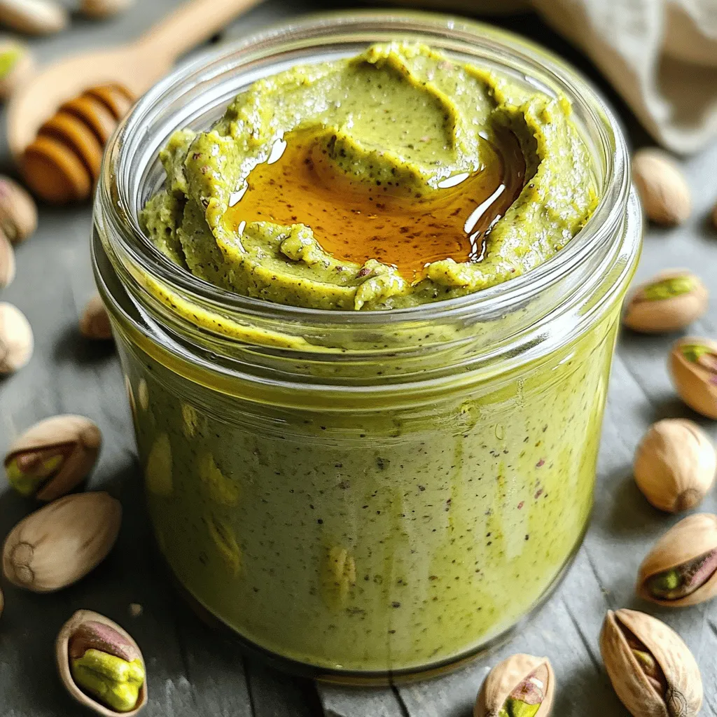 To make delicious homemade pistachio butter, you need just a few simple ingredients. Here’s what you’ll need: - 1 ½ cups unsalted roasted pistachios, shelled - 2 tablespoons honey or maple syrup - 1 tablespoon coconut oil - ¼ teaspoon sea salt - Optional: ½ teaspoon vanilla extract These ingredients combine to create a creamy and flavorful spread. The roasted pistachios give a rich taste. Honey or maple syrup adds sweetness. Coconut oil helps with creaminess. Sea salt balances the flavors perfectly. If you want a bit more depth, the vanilla extract is a nice touch. Using high-quality ingredients makes a big difference. Fresh pistachios will have the best flavor. If you can, toast your pistachios for a few minutes. This makes the flavor pop even more. You can find the full recipe in the previous section. First, we need to toast the pistachios. Toasting enhances their flavor and brings out their natural oils. Preheat your oven to 350°F (175°C). Spread the shelled pistachios on a baking sheet. Toast them for about 5-7 minutes. Don’t forget to stir them halfway through. Once they smell nutty, take them out and let them cool for a few minutes. Cooling is key. It helps prevent steam from forming in your food processor. Now that the pistachios are cool, it’s time to blend. Place the cooled pistachios in your food processor with the sea salt. Pulse until they break down into a fine meal. This usually takes about one minute. Scrape down the sides as needed. Next, add the honey or maple syrup and the coconut oil. If you want extra flavor, add the vanilla extract. Blend for 5-8 minutes. Keep checking the texture. You want it smooth and creamy. If it feels too thick, add a little more coconut oil. Taste your mixture and adjust the sweetness or salt if needed. After blending, it’s time to store your pistachio butter. Transfer it to a clean jar. Make sure the lid seals tightly. You can keep it in the refrigerator for up to 2 weeks. For longer storage, freeze it. This way, you can enjoy your creamy pistachio butter for months. Just remember to thaw it in the fridge before using. For more details on making this delicious spread, check out the Full Recipe. To make smooth pistachio butter, you need a strong food processor. A high-powered machine breaks down the nuts well. If your processor is weaker, it may take longer to get the creamy texture you want. When blending, you will need to scrape down the bowl often. This step helps to mix the nuts evenly. If you don’t scrape, some nuts may stay whole. This can lead to a lumpy butter. Pause the processor every minute or so to ensure even blending. You can adjust the sweetness to fit your taste. Start with two tablespoons of honey or maple syrup. After blending, taste it. If you want it sweeter, add more. Remember, you can always add but can’t take it out! Adding vanilla extract can also enhance the flavor. Just half a teaspoon is enough to bring warmth and depth to your pistachio butter. It’s a simple trick to make your spread even more delightful. Enjoy experimenting with flavors! {{image_2}} You can take your pistachio butter to the next level with some simple tweaks. Add a pinch of cinnamon for warmth or a dash of nutmeg for a cozy flavor. If you enjoy chocolate, try mixing in some cocoa powder. You can also enhance the taste with extracts like almond or maple. For a unique twist, consider blending in other nuts or seeds. Try adding walnuts for a rich taste or sunflower seeds for a nut-free option. Mixing different flavors can make your pistachio butter even more exciting. If you want to keep it vegan, use maple syrup instead of honey. This keeps the sweetness without animal products. You can also use agave nectar as another vegan option. For those who need a nut-free spread, consider using sunflower seeds. They blend well and create a similar creamy texture. Pumpkin seeds are another great choice. These seeds pack a punch of flavor and nutrients. You can still enjoy a delicious spread without nuts. To keep your pistachio butter fresh, use a clean glass jar with a tight lid. Glass jars are best because they do not absorb odors. Avoid plastic containers as they may retain flavors over time. Always use a clean spoon when scooping to prevent bacteria from getting in. Store the jar in the refrigerator, away from light and heat. This helps keep the flavors intact and prevents spoilage. Homemade pistachio butter can last up to two weeks in the refrigerator. Keep an eye on its color and smell. If it changes, it might be time to toss it. For longer storage, you can freeze it. In the freezer, it can last for up to three months. Make sure to use an airtight container for freezing. When you’re ready to use it, let it thaw in the fridge overnight. For the full recipe, check out Creamy Dreamy Homemade Pistachio Butter 🥜. Yes, you can! If you don’t have a food processor, try using a high-power blender. A mortar and pestle also works but takes longer. You can grind the pistachios in small batches. Just be patient and keep mixing until you get a creamy texture. If your pistachio butter is too thick, add more coconut oil. Start with a teaspoon at a time. Blend it in until you reach your desired smoothness. You can also try adding a little warm water for a lighter texture. Just remember to blend well after each addition. You can spread pistachio butter on toast or pancakes. It’s great in smoothies for an extra nutty flavor. Try mixing it into yogurt or oatmeal. You can also use it in baking for cookies or cakes. The options are endless! Homemade pistachio butter is a tasty treat made with just a few ingredients. You learned how to prepare, blend, and store it well. I shared tips for the creamiest texture and ways to customize flavors. You can adjust sweetness or add spices for new tastes. Remember to store it in the right container for freshness. Enjoy experimenting with your creations!