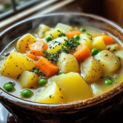 To make a tasty and filling potato stew, gather these main ingredients: - 4 large russet potatoes, peeled and diced - 2 carrots, chopped - 2 celery stalks, chopped - 1 medium onion, diced - 3 cloves garlic, minced - 1 cup green peas (fresh or frozen) - 4 cups vegetable broth - 1 teaspoon dried thyme - 1 teaspoon smoked paprika - 1 bay leaf - Salt and pepper to taste - 2 tablespoons olive oil These ingredients blend well together. The potatoes give the stew that hearty base. The carrots and celery add crunch and flavor. Garlic and onion bring a lovely aroma to the dish. You can add some optional ingredients for more flavor. Here are a few ideas: - 1 teaspoon of rosemary for a fresh taste - 1 cup of corn for sweetness - 1 tablespoon of soy sauce for umami - 1 teaspoon of chili powder for a kick These extras can help you customize your stew. Feel free to experiment with what you have on hand. Once you finish cooking your hearty potato stew, garnishing makes it even better. Try these garnishes: - Fresh parsley, chopped - A sprinkle of grated cheese - A dash of hot sauce for spice Garnishing adds color and can enhance the taste. It makes your dish look inviting and delicious. For the full recipe, check out the detailed cooking instructions. To start, gather all your ingredients. You will need: - 4 large russet potatoes, peeled and diced - 2 carrots, chopped - 2 celery stalks, chopped - 1 medium onion, diced - 3 cloves garlic, minced - 1 cup green peas (fresh or frozen) - 4 cups vegetable broth - 1 teaspoon dried thyme - 1 teaspoon smoked paprika - 1 bay leaf - Salt and pepper to taste - 2 tablespoons olive oil - Fresh parsley for garnishing Wash and peel the potatoes. Dice them into cubes. Chop the carrots and celery into small pieces. Dice the onion and mince the garlic. Set everything aside. Now, let’s cook. In a large pot, heat the olive oil over medium heat. Add the diced onion and minced garlic. Sauté them together until the onion turns soft, about 4-5 minutes. Next, add the chopped carrots and celery to the pot. Stir them in and cook for another 5 minutes. This helps release their sweet flavors. Time to add the main ingredients! Toss in the diced potatoes, vegetable broth, dried thyme, smoked paprika, and bay leaf. Bring this mix to a boil, then reduce the heat to low. Cover the pot with a lid and let it simmer for 20 minutes. Check if the potatoes are tender by piercing them with a fork. After 20 minutes, stir in the green peas. Cook for another 5 minutes. This gives the peas a nice warmth. Season your stew with salt and pepper. Taste it and adjust the flavors as needed. Finally, remove the bay leaf and discard it. Your hearty potato stew is ready to enjoy! Serve it hot in bowls. Garnish each bowl with fresh parsley for a pop of color. You can pair this stew with crusty bread or a simple salad. It’s a warm meal that brings comfort to any table. For the full recipe, check out the section above! To make the best hearty potato stew, start with fresh ingredients. Use ripe, firm potatoes for the best taste. Cut your veggies into equal sizes. This helps them cook evenly. Sauté the onions and garlic well. This brings out their sweet flavors. Let the stew simmer gently. This allows the flavors to blend well. You can easily swap ingredients to fit your needs. If you need a gluten-free option, use gluten-free broth. For a vegan stew, skip the butter and use olive oil. You can also add chickpeas instead of peas for more protein. If you like a thicker stew, add a bit of cornstarch mixed with water. Add herbs like rosemary or basil for a fresh taste. You can try using vegetable broth instead of water. This adds depth to your stew. Another tip is to toss in a splash of white wine. It gives a nice zing! For creaminess, stir in a dollop of sour cream or coconut milk before serving. These tips will make your hearty potato stew shine. For the complete recipe, check out the Full Recipe section. {{image_2}} You can easily make this stew vegetarian or vegan. Simply use vegetable broth, like in the Full Recipe. Skip any meat and add more veggies. Try adding zucchini or bell peppers for extra flavor. Use beans or lentils to give it heartiness. They add protein and make the stew filling. If you want to add protein, beans or lentils work great. Black beans or kidney beans are tasty choices. Lentils cook fast and blend well with the stew. You can also add meat if you prefer. Chicken or beef adds a rich taste. Brown the meat first, then follow the stew steps. Want to change the flavor? Try different spices! Add cumin for warmth or turmeric for a golden color. You can use fresh herbs like rosemary or basil too. A splash of hot sauce can spice things up. Adjust the seasoning to fit your taste. Each change makes the stew unique and fun. To store leftover hearty potato stew, let it cool first. Once cool, transfer it to an airtight container. Make sure to seal it well. Place the container in the fridge. Leftovers can stay fresh for up to three days. If you plan to eat it later, freezing is a good option. To freeze the stew, use a freezer-safe container. Leave some space at the top. This space lets the stew expand as it freezes. You can freeze it for about three months. When you’re ready to eat, thaw it in the fridge overnight. This keeps the flavors intact. When reheating, use a pot on the stove. Heat it on low to medium heat. Stir often to avoid sticking. You might need to add a splash of broth or water. This helps to regain the stew's original texture. If you use a microwave, heat in short bursts. Stir in between to ensure even heating. Enjoy your comforting stew! Hearty Potato Stew stays fresh in the fridge for about three to five days. Keep it in an airtight container. This helps to lock in flavor and moisture. If you notice any odd smell or color, it's best to toss it. Trust your senses; they guide you well. Yes, you can make Hearty Potato Stew in advance. It tastes even better the next day! The flavors meld together nicely as it sits. Just let it cool before storing it in the fridge. When you are ready to eat, simply reheat it on the stove or in the microwave. Hearty Potato Stew pairs well with many sides. Here are some great options: - Crusty bread or rolls for dipping - A fresh green salad to add crunch - Rice or quinoa for extra fiber - Pickles or relishes for a tangy bite These sides will make your meal more filling and fun. Enjoy the stew with your favorite choices! For the full recipe, check out the Hearty Potato Stew details above. Hearty potato stew is a warm and filling dish. We discussed key ingredients, preparation, and cooking steps. I shared tips to improve your stew with swaps and variations. You can make it vegetarian or add protein for a boost. Remember to store leftovers properly for later meals. This dish is flexible and easy to make, perfect for any home. Enjoy trying your own creations!