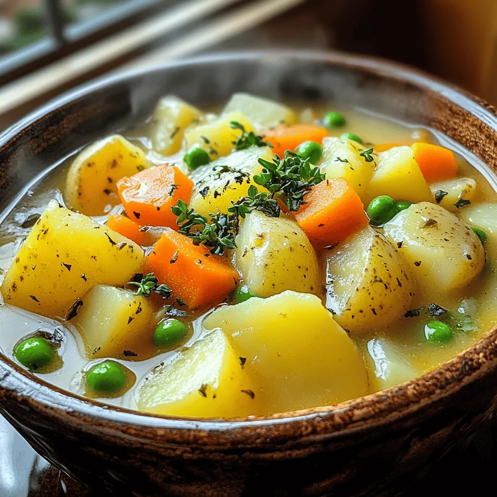 To make a tasty and filling potato stew, gather these main ingredients: - 4 large russet potatoes, peeled and diced - 2 carrots, chopped - 2 celery stalks, chopped - 1 medium onion, diced - 3 cloves garlic, minced - 1 cup green peas (fresh or frozen) - 4 cups vegetable broth - 1 teaspoon dried thyme - 1 teaspoon smoked paprika - 1 bay leaf - Salt and pepper to taste - 2 tablespoons olive oil These ingredients blend well together. The potatoes give the stew that hearty base. The carrots and celery add crunch and flavor. Garlic and onion bring a lovely aroma to the dish. You can add some optional ingredients for more flavor. Here are a few ideas: - 1 teaspoon of rosemary for a fresh taste - 1 cup of corn for sweetness - 1 tablespoon of soy sauce for umami - 1 teaspoon of chili powder for a kick These extras can help you customize your stew. Feel free to experiment with what you have on hand. Once you finish cooking your hearty potato stew, garnishing makes it even better. Try these garnishes: - Fresh parsley, chopped - A sprinkle of grated cheese - A dash of hot sauce for spice Garnishing adds color and can enhance the taste. It makes your dish look inviting and delicious. For the full recipe, check out the detailed cooking instructions. To start, gather all your ingredients. You will need: - 4 large russet potatoes, peeled and diced - 2 carrots, chopped - 2 celery stalks, chopped - 1 medium onion, diced - 3 cloves garlic, minced - 1 cup green peas (fresh or frozen) - 4 cups vegetable broth - 1 teaspoon dried thyme - 1 teaspoon smoked paprika - 1 bay leaf - Salt and pepper to taste - 2 tablespoons olive oil - Fresh parsley for garnishing Wash and peel the potatoes. Dice them into cubes. Chop the carrots and celery into small pieces. Dice the onion and mince the garlic. Set everything aside. Now, let’s cook. In a large pot, heat the olive oil over medium heat. Add the diced onion and minced garlic. Sauté them together until the onion turns soft, about 4-5 minutes. Next, add the chopped carrots and celery to the pot. Stir them in and cook for another 5 minutes. This helps release their sweet flavors. Time to add the main ingredients! Toss in the diced potatoes, vegetable broth, dried thyme, smoked paprika, and bay leaf. Bring this mix to a boil, then reduce the heat to low. Cover the pot with a lid and let it simmer for 20 minutes. Check if the potatoes are tender by piercing them with a fork. After 20 minutes, stir in the green peas. Cook for another 5 minutes. This gives the peas a nice warmth. Season your stew with salt and pepper. Taste it and adjust the flavors as needed. Finally, remove the bay leaf and discard it. Your hearty potato stew is ready to enjoy! Serve it hot in bowls. Garnish each bowl with fresh parsley for a pop of color. You can pair this stew with crusty bread or a simple salad. It’s a warm meal that brings comfort to any table. For the full recipe, check out the section above! To make the best hearty potato stew, start with fresh ingredients. Use ripe, firm potatoes for the best taste. Cut your veggies into equal sizes. This helps them cook evenly. Sauté the onions and garlic well. This brings out their sweet flavors. Let the stew simmer gently. This allows the flavors to blend well. You can easily swap ingredients to fit your needs. If you need a gluten-free option, use gluten-free broth. For a vegan stew, skip the butter and use olive oil. You can also add chickpeas instead of peas for more protein. If you like a thicker stew, add a bit of cornstarch mixed with water. Add herbs like rosemary or basil for a fresh taste. You can try using vegetable broth instead of water. This adds depth to your stew. Another tip is to toss in a splash of white wine. It gives a nice zing! For creaminess, stir in a dollop of sour cream or coconut milk before serving. These tips will make your hearty potato stew shine. For the complete recipe, check out the Full Recipe section. {{image_2}} You can easily make this stew vegetarian or vegan. Simply use vegetable broth, like in the Full Recipe. Skip any meat and add more veggies. Try adding zucchini or bell peppers for extra flavor. Use beans or lentils to give it heartiness. They add protein and make the stew filling. If you want to add protein, beans or lentils work great. Black beans or kidney beans are tasty choices. Lentils cook fast and blend well with the stew. You can also add meat if you prefer. Chicken or beef adds a rich taste. Brown the meat first, then follow the stew steps. Want to change the flavor? Try different spices! Add cumin for warmth or turmeric for a golden color. You can use fresh herbs like rosemary or basil too. A splash of hot sauce can spice things up. Adjust the seasoning to fit your taste. Each change makes the stew unique and fun. To store leftover hearty potato stew, let it cool first. Once cool, transfer it to an airtight container. Make sure to seal it well. Place the container in the fridge. Leftovers can stay fresh for up to three days. If you plan to eat it later, freezing is a good option. To freeze the stew, use a freezer-safe container. Leave some space at the top. This space lets the stew expand as it freezes. You can freeze it for about three months. When you’re ready to eat, thaw it in the fridge overnight. This keeps the flavors intact. When reheating, use a pot on the stove. Heat it on low to medium heat. Stir often to avoid sticking. You might need to add a splash of broth or water. This helps to regain the stew's original texture. If you use a microwave, heat in short bursts. Stir in between to ensure even heating. Enjoy your comforting stew! Hearty Potato Stew stays fresh in the fridge for about three to five days. Keep it in an airtight container. This helps to lock in flavor and moisture. If you notice any odd smell or color, it's best to toss it. Trust your senses; they guide you well. Yes, you can make Hearty Potato Stew in advance. It tastes even better the next day! The flavors meld together nicely as it sits. Just let it cool before storing it in the fridge. When you are ready to eat, simply reheat it on the stove or in the microwave. Hearty Potato Stew pairs well with many sides. Here are some great options: - Crusty bread or rolls for dipping - A fresh green salad to add crunch - Rice or quinoa for extra fiber - Pickles or relishes for a tangy bite These sides will make your meal more filling and fun. Enjoy the stew with your favorite choices! For the full recipe, check out the Hearty Potato Stew details above. Hearty potato stew is a warm and filling dish. We discussed key ingredients, preparation, and cooking steps. I shared tips to improve your stew with swaps and variations. You can make it vegetarian or add protein for a boost. Remember to store leftovers properly for later meals. This dish is flexible and easy to make, perfect for any home. Enjoy trying your own creations!
