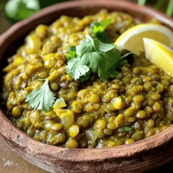 To make a great Green Lentil Dal, you need: - 1 cup green lentils, rinsed - 1 medium onion, finely chopped - 2 cloves garlic, minced - 1-inch piece of ginger, grated - 1 green chili, slit (adjust spice level to taste) - 1 teaspoon ground turmeric - 1 teaspoon ground cumin - 1 teaspoon coriander powder - 1 tomato, diced - 3 cups vegetable broth (or water) - 2 tablespoons coconut oil (or ghee) - Salt to taste - Fresh cilantro for garnish - Lemon wedges for serving You can swap some ingredients to fit your taste. If you want a milder dal, skip the green chili. Instead, use a pinch of red chili powder. Want fewer carbs? Try using cauliflower rice instead of lentils. If you don’t have vegetable broth, water works just fine. For a richer flavor, use ghee instead of coconut oil. You can also add spinach or kale for extra greens. Green lentils are not just tasty; they’re also packed with nutrients. They are high in protein and fiber, making them great for a filling meal. Here are some key benefits: - Protein: Offers a great plant-based protein source. - Fiber: Aids digestion and keeps you feeling full. - Iron: Supports healthy blood flow and energy levels. - Vitamins: Rich in B vitamins, which help your body use energy. - Low in fat: A heart-healthy choice. Green lentils also help you stay full longer, making them a great option for hearty meals. Enjoy this perfect blend of taste and nutrition in your Green Lentil Dal! For the complete recipe, check out the Full Recipe. To start, gather your ingredients. Here’s what you need: - 1 cup green lentils, rinsed - 1 medium onion, finely chopped - 2 cloves garlic, minced - 1-inch piece of ginger, grated - 1 green chili, slit (adjust spice level to taste) - 1 teaspoon ground turmeric - 1 teaspoon ground cumin - 1 teaspoon coriander powder - 1 tomato, diced - 3 cups vegetable broth (or water) - 2 tablespoons coconut oil (or ghee) - Salt to taste - Fresh cilantro for garnish - Lemon wedges for serving Next, rinse the lentils in cold water. This removes dust and helps them cook evenly. Chop the onion, garlic, and ginger. Slit the green chili carefully to let its flavor infuse. In a large pot, heat the coconut oil over medium heat. Add the chopped onions and sauté until they become soft and clear, about 5 minutes. Then, stir in the minced garlic, grated ginger, and green chili. Cook for 2 more minutes until the aroma fills the air. Next, add the ground turmeric, cumin, and coriander powder. Stir well to coat the onions. Toast the spices for a minute. Now, add the diced tomato. Cook until it softens, about 3 minutes. Pour in the rinsed green lentils and the vegetable broth. Bring the mixture to a boil. Once it's bubbling, reduce the heat to low. Cover the pot and let it simmer for 25-30 minutes until the lentils are soft. Stir occasionally to keep them from sticking. After cooking, taste and add salt as needed. If the dal is too thick, a splash of broth or water can help. Remove from heat and let it rest for a few minutes. Garnish with fresh cilantro and serve with lemon wedges. For the best texture, keep an eye on the lentils while they cook. Stir them often and check for doneness. If they seem too firm, add a little more broth. If they are too mushy, reduce the cooking time next time. Using fresh ingredients also boosts flavor and texture. Opt for high-quality spices and fresh herbs. This will make your green lentil dal taste even better! Check out the Full Recipe for more details and tips. When making green lentil dal, it's easy to make a few common mistakes. Here are some to watch for: - Not rinsing lentils: Always rinse your lentils before cooking. This helps remove dirt and debris. - Skipping the sauté: Sautéing the onion and spices adds depth. Don't rush this step. - Overcooking: Keep an eye on the cooking time. Overcooked lentils can turn mushy. - Not seasoning enough: Taste as you go. Adding salt at the end can leave your dal bland. You can boost the flavor of your green lentil dal with a few easy tricks: - Fresh herbs: Add fresh cilantro or mint for a vibrant touch. - Acid: A dash of lemon juice brightens the dish. Try adding it just before serving. - Spices: Experiment with spices like smoked paprika or garam masala for extra depth. - Coconut milk: For a creamy texture, stir in coconut milk near the end of cooking. Green lentil dal is a versatile dish. Here are some tasty serving ideas: - With rice: Serve it over basmati rice for a filling meal. - With bread: Pair it with naan or pita for a hearty experience. - With veggies: Add a side of roasted or steamed vegetables for balance. - As a soup: Thin it out with more broth for a cozy soup option. For the full recipe, check the Savory Green Lentil Dal section. {{image_2}} You can make Green Lentil Dal even better by adding vegetables. Carrots, spinach, and bell peppers work well. These veggies add flavor and nutrients. Just chop them up and add them when you mix in the tomatoes. Let them cook until tender. This adds color and makes your meal more filling. Not everyone likes the same spice level. If you want it mild, skip the green chili. For more heat, use two or three chilies. You can also add chili powder for extra kick. Adjusting spices can make your dal perfect for your taste. Remember, start small and add more as needed. You can cook Green Lentil Dal on the stovetop or in an Instant Pot. On the stovetop, it takes about 30 minutes to cook. This method allows you to stir and keep an eye on it. If you use an Instant Pot, it cooks faster, around 15 minutes. Just make sure to add enough liquid. Both methods result in a hearty meal, so choose what works for you! For the complete recipe, check out the Full Recipe section. To keep your green lentil dal fresh, store it in an airtight container. Let it cool completely before sealing. This helps prevent moisture build-up. It’s best to refrigerate it within two hours of cooking. Proper storage keeps it tasty and safe to eat. If you follow these steps, your dal can last for about 4 to 5 days in the fridge. Freezing is a great option if you want to save some dal for later. First, cool the dal completely before freezing. Then, pour it into freezer-safe bags. Flatten the bags for easy stacking. Label the bags with the date. You can freeze green lentil dal for up to 3 months. When you’re ready, just thaw it in the fridge overnight. To reheat, pour the dal into a pot. Heat it over low to medium heat, stirring often. Add a splash of water or broth if it seems too thick. Alternatively, you can use a microwave. Place the dal in a microwave-safe bowl and cover it. Heat in short bursts, stirring in between. This will keep it warm and flavorful. For a tasty touch, add fresh cilantro or a squeeze of lemon before serving. Green Lentil Dal is a tasty dish made from green lentils. It is popular in Indian cuisine. Lentils are cooked with spices, onions, and tomatoes. This dish is rich in protein and fiber. You can enjoy it as a main course or a side. I love how it warms me up on chilly days. Green Lentil Dal can last about 4 to 5 days in the fridge. Make sure to store it in an airtight container. The dal might thicken as it sits, so add water when reheating. This helps bring back the creamy texture. Yes, you can easily make Green Lentil Dal vegan. Just replace the coconut oil or ghee with any vegetable oil. Use vegetable broth instead of chicken broth for more flavor. The recipe remains delicious and satisfying without animal products. You can serve Green Lentil Dal with rice or naan. It pairs well with yogurt, pickles, or a fresh salad. I enjoy it with lemon wedges for a zesty touch. You can also add a simple cucumber salad for a refreshing side. To make Green Lentil Dal spicier, add more green chilies. You can also use red chili powder for extra heat. If you want a smoky flavor, try adding smoked paprika. Just remember to adjust the spice level to your taste. For the full recipe, check the section above. This article covered key ingredients for making green lentil dal, including substitutions and health benefits. I shared detailed steps for preparing and cooking the dish to ensure the best texture. Tips on avoiding common mistakes and enhancing flavor were also provided. Green lentil dal can be varied with veggies and spices for unique flavors. Proper storage and reheating tips help maximize freshness. I hope these insights inspire you to cook and enjoy this nutritious dish!