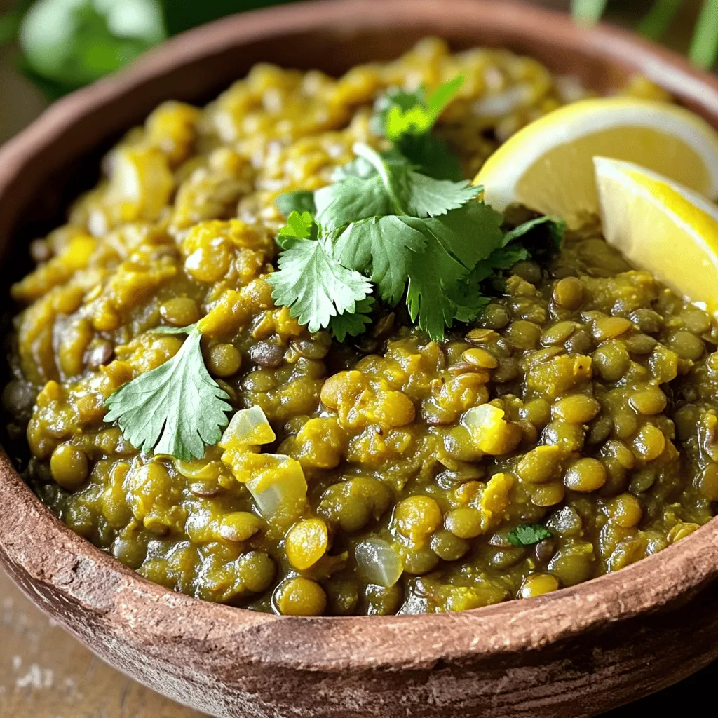 To make a great Green Lentil Dal, you need: - 1 cup green lentils, rinsed - 1 medium onion, finely chopped - 2 cloves garlic, minced - 1-inch piece of ginger, grated - 1 green chili, slit (adjust spice level to taste) - 1 teaspoon ground turmeric - 1 teaspoon ground cumin - 1 teaspoon coriander powder - 1 tomato, diced - 3 cups vegetable broth (or water) - 2 tablespoons coconut oil (or ghee) - Salt to taste - Fresh cilantro for garnish - Lemon wedges for serving You can swap some ingredients to fit your taste. If you want a milder dal, skip the green chili. Instead, use a pinch of red chili powder. Want fewer carbs? Try using cauliflower rice instead of lentils. If you don’t have vegetable broth, water works just fine. For a richer flavor, use ghee instead of coconut oil. You can also add spinach or kale for extra greens. Green lentils are not just tasty; they’re also packed with nutrients. They are high in protein and fiber, making them great for a filling meal. Here are some key benefits: - Protein: Offers a great plant-based protein source. - Fiber: Aids digestion and keeps you feeling full. - Iron: Supports healthy blood flow and energy levels. - Vitamins: Rich in B vitamins, which help your body use energy. - Low in fat: A heart-healthy choice. Green lentils also help you stay full longer, making them a great option for hearty meals. Enjoy this perfect blend of taste and nutrition in your Green Lentil Dal! For the complete recipe, check out the Full Recipe. To start, gather your ingredients. Here’s what you need: - 1 cup green lentils, rinsed - 1 medium onion, finely chopped - 2 cloves garlic, minced - 1-inch piece of ginger, grated - 1 green chili, slit (adjust spice level to taste) - 1 teaspoon ground turmeric - 1 teaspoon ground cumin - 1 teaspoon coriander powder - 1 tomato, diced - 3 cups vegetable broth (or water) - 2 tablespoons coconut oil (or ghee) - Salt to taste - Fresh cilantro for garnish - Lemon wedges for serving Next, rinse the lentils in cold water. This removes dust and helps them cook evenly. Chop the onion, garlic, and ginger. Slit the green chili carefully to let its flavor infuse. In a large pot, heat the coconut oil over medium heat. Add the chopped onions and sauté until they become soft and clear, about 5 minutes. Then, stir in the minced garlic, grated ginger, and green chili. Cook for 2 more minutes until the aroma fills the air. Next, add the ground turmeric, cumin, and coriander powder. Stir well to coat the onions. Toast the spices for a minute. Now, add the diced tomato. Cook until it softens, about 3 minutes. Pour in the rinsed green lentils and the vegetable broth. Bring the mixture to a boil. Once it's bubbling, reduce the heat to low. Cover the pot and let it simmer for 25-30 minutes until the lentils are soft. Stir occasionally to keep them from sticking. After cooking, taste and add salt as needed. If the dal is too thick, a splash of broth or water can help. Remove from heat and let it rest for a few minutes. Garnish with fresh cilantro and serve with lemon wedges. For the best texture, keep an eye on the lentils while they cook. Stir them often and check for doneness. If they seem too firm, add a little more broth. If they are too mushy, reduce the cooking time next time. Using fresh ingredients also boosts flavor and texture. Opt for high-quality spices and fresh herbs. This will make your green lentil dal taste even better! Check out the Full Recipe for more details and tips. When making green lentil dal, it's easy to make a few common mistakes. Here are some to watch for: - Not rinsing lentils: Always rinse your lentils before cooking. This helps remove dirt and debris. - Skipping the sauté: Sautéing the onion and spices adds depth. Don't rush this step. - Overcooking: Keep an eye on the cooking time. Overcooked lentils can turn mushy. - Not seasoning enough: Taste as you go. Adding salt at the end can leave your dal bland. You can boost the flavor of your green lentil dal with a few easy tricks: - Fresh herbs: Add fresh cilantro or mint for a vibrant touch. - Acid: A dash of lemon juice brightens the dish. Try adding it just before serving. - Spices: Experiment with spices like smoked paprika or garam masala for extra depth. - Coconut milk: For a creamy texture, stir in coconut milk near the end of cooking. Green lentil dal is a versatile dish. Here are some tasty serving ideas: - With rice: Serve it over basmati rice for a filling meal. - With bread: Pair it with naan or pita for a hearty experience. - With veggies: Add a side of roasted or steamed vegetables for balance. - As a soup: Thin it out with more broth for a cozy soup option. For the full recipe, check the Savory Green Lentil Dal section. {{image_2}} You can make Green Lentil Dal even better by adding vegetables. Carrots, spinach, and bell peppers work well. These veggies add flavor and nutrients. Just chop them up and add them when you mix in the tomatoes. Let them cook until tender. This adds color and makes your meal more filling. Not everyone likes the same spice level. If you want it mild, skip the green chili. For more heat, use two or three chilies. You can also add chili powder for extra kick. Adjusting spices can make your dal perfect for your taste. Remember, start small and add more as needed. You can cook Green Lentil Dal on the stovetop or in an Instant Pot. On the stovetop, it takes about 30 minutes to cook. This method allows you to stir and keep an eye on it. If you use an Instant Pot, it cooks faster, around 15 minutes. Just make sure to add enough liquid. Both methods result in a hearty meal, so choose what works for you! For the complete recipe, check out the Full Recipe section. To keep your green lentil dal fresh, store it in an airtight container. Let it cool completely before sealing. This helps prevent moisture build-up. It’s best to refrigerate it within two hours of cooking. Proper storage keeps it tasty and safe to eat. If you follow these steps, your dal can last for about 4 to 5 days in the fridge. Freezing is a great option if you want to save some dal for later. First, cool the dal completely before freezing. Then, pour it into freezer-safe bags. Flatten the bags for easy stacking. Label the bags with the date. You can freeze green lentil dal for up to 3 months. When you’re ready, just thaw it in the fridge overnight. To reheat, pour the dal into a pot. Heat it over low to medium heat, stirring often. Add a splash of water or broth if it seems too thick. Alternatively, you can use a microwave. Place the dal in a microwave-safe bowl and cover it. Heat in short bursts, stirring in between. This will keep it warm and flavorful. For a tasty touch, add fresh cilantro or a squeeze of lemon before serving. Green Lentil Dal is a tasty dish made from green lentils. It is popular in Indian cuisine. Lentils are cooked with spices, onions, and tomatoes. This dish is rich in protein and fiber. You can enjoy it as a main course or a side. I love how it warms me up on chilly days. Green Lentil Dal can last about 4 to 5 days in the fridge. Make sure to store it in an airtight container. The dal might thicken as it sits, so add water when reheating. This helps bring back the creamy texture. Yes, you can easily make Green Lentil Dal vegan. Just replace the coconut oil or ghee with any vegetable oil. Use vegetable broth instead of chicken broth for more flavor. The recipe remains delicious and satisfying without animal products. You can serve Green Lentil Dal with rice or naan. It pairs well with yogurt, pickles, or a fresh salad. I enjoy it with lemon wedges for a zesty touch. You can also add a simple cucumber salad for a refreshing side. To make Green Lentil Dal spicier, add more green chilies. You can also use red chili powder for extra heat. If you want a smoky flavor, try adding smoked paprika. Just remember to adjust the spice level to your taste. For the full recipe, check the section above. This article covered key ingredients for making green lentil dal, including substitutions and health benefits. I shared detailed steps for preparing and cooking the dish to ensure the best texture. Tips on avoiding common mistakes and enhancing flavor were also provided. Green lentil dal can be varied with veggies and spices for unique flavors. Proper storage and reheating tips help maximize freshness. I hope these insights inspire you to cook and enjoy this nutritious dish!