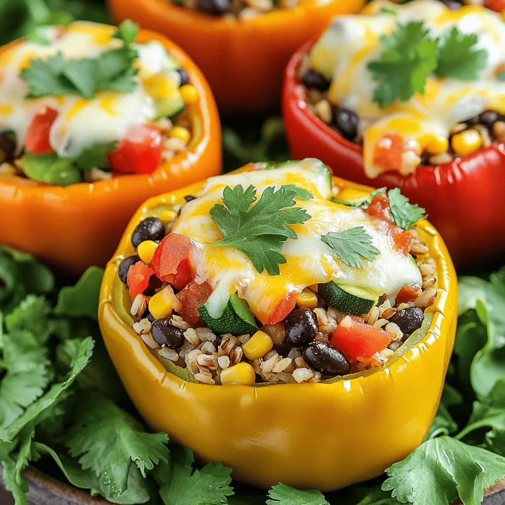 - 4 large bell peppers (any color) - 1 cup cooked brown rice - 1 cup black beans, drained and rinsed - 1 cup corn kernels (fresh, frozen, or canned) - 1 small zucchini, diced - 1 small red onion, finely chopped - 2 cloves garlic, minced - 1 teaspoon cumin powder - 1 teaspoon smoked paprika - ½ teaspoon chili powder - Salt and pepper to taste - Fresh cilantro or parsley, for garnish When I make stuffed bell peppers, I focus on fresh and colorful ingredients. Bell peppers offer a sweet crunch and vibrant colors. You can choose any color you like—red, yellow, or green. The rice serves as a hearty base. I prefer brown rice for its nutty flavor and health benefits. Black beans add protein and a rich taste. They also help keep the filling moist. Corn kernels add sweetness and a nice texture. Zucchini is great for adding moisture and nutrition. It cooks down well and blends nicely with other veggies. Red onion and garlic give the dish depth and aroma. For spices, cumin powder adds warmth. Smoked paprika brings a nice smokiness. Chili powder gives a bit of heat, but you can adjust it to your taste. Salt and pepper help enhance all the flavors. Finally, fresh herbs like cilantro or parsley brighten the dish. They add a fresh pop when served. This mix of ingredients makes a delicious filling. It’s easy to customize based on what you have at home. If you want the full recipe, check it out for all the details! - Preheat your oven to 375°F (190°C). - Prepare the bell peppers by cutting off the tops and removing seeds. Start by preheating your oven. This step is crucial as it ensures that your stuffed peppers cook evenly. While the oven heats, take each bell pepper and slice off the top. Be careful not to cut too much off. After that, scoop out the seeds and white membranes. This prepares the peppers for stuffing. - Sauté red onion and garlic until translucent. - Add diced zucchini, corn, black beans, rice, tomatoes, and spices to the skillet. Next, grab a skillet and heat a bit of oil over medium heat. Add the finely chopped red onion and minced garlic. Stir them until they turn translucent, which takes about 3 to 4 minutes. This will create a flavorful base. Then, toss in the diced zucchini, corn, black beans, cooked rice, and diced tomatoes. Don't forget the spices! This mix brings all the flavors together. Cook everything for about 5 to 7 minutes until warmed through and well mixed. - Mix in shredded cheese before stuffing the peppers. - Bake covered for 30 minutes, then uncovered for 10-15 minutes until cheese is bubbly. Once your filling is ready, remove the skillet from heat. Stir in half of the shredded cheese to the mixture. Now, it's time to stuff the peppers! Spoon the filling into each pepper, pressing it down a little to fit everything in. Arrange them in a baking dish. Cover the dish with aluminum foil and bake for 30 minutes. After that, take off the foil, add the remaining cheese on top, and bake for another 10 to 15 minutes. This will give you that bubbly, golden cheese layer that everyone loves. You can find the full recipe in the earlier sections. Enjoy your tasty stuffed bell peppers! - Use a variety of colorful bell peppers for visual appeal. The bright colors make the dish more inviting. - Taste and adjust seasonings before stuffing. This step ensures the flavors shine through. - Serve on a bed of mixed greens or with a fresh salad. This adds crunch and freshness to the meal. - Drizzle with olive oil or a squeeze of lime for extra flavor. A little zest lifts the whole dish. When you follow these tips, you create a meal that looks as good as it tastes. You can find the Full Recipe for more details on making these stuffed bell peppers. {{image_2}} You can easily boost your stuffed peppers with protein. Ground turkey or chicken works great. These meats mix well with the rice and veggies, making the dish heartier. If you prefer a gluten-free option, try using quinoa instead of rice. Quinoa adds a nutty flavor and is high in protein, perfect for a healthy meal. To spice things up, add chopped jalapeños. This will give your dish a nice kick. You can also play with different spices. Try adding oregano, thyme, or even some Italian seasoning. For cheese lovers, experiment with various cheese types like feta, goat cheese, or pepper jack. Each option will change the flavor and elevate your dish. You can find the full recipe at the beginning of the article. Enjoy the fun of mixing and matching! Store leftover stuffed peppers in an airtight container in the fridge for up to 3 days. This keeps them fresh and tasty. When you want to eat them, just reheat the peppers in the microwave or oven. They will taste almost as good as when they were fresh. Freeze unbaked stuffed peppers for up to 3 months. This is great for meal prep! Just place the stuffed peppers in a freezer-safe container or wrap them tightly in plastic wrap. When you are ready to enjoy them, you can bake them from frozen. Adjust the cooking time as necessary. They might need an extra 10-15 minutes in the oven. For best results, check that the filling is hot all the way through. You can find the full recipe details earlier in this article. Enjoy your stuffed peppers anytime! Yes, feel free to substitute with quinoa, couscous, or any preferred grain. Each grain brings its own texture and flavor. Quinoa adds a nutty taste, while couscous offers a light, fluffy finish. Experiment with what you have on hand. The key is to ensure the grain is cooked before mixing it into the filling. The total cooking time is approximately 55 minutes, including prep and baking. This time allows the peppers to soften, while the filling becomes deliciously hot. In just under an hour, you can serve a hearty meal that pleases everyone at the table. Yes, they can be healthy when made with whole ingredients and plenty of vegetables. Each pepper packs in fiber, vitamins, and minerals. Using brown rice, black beans, and fresh veggies boosts the nutrition. This dish can fit well into a balanced diet, making it a smart choice for any meal. Yes, you can prepare the filling in advance and stuff the peppers right before baking. This makes meal prep easy. Just store the filling in the fridge for up to 24 hours. When you're ready to cook, stuff the peppers and bake them for a fresh, hot dish. Reheat in the microwave or oven until warm throughout. If using the oven, heat them at 350°F (175°C) for about 15-20 minutes. This method helps the cheese to melt nicely again. Enjoy your leftovers and savor the flavors once more! For the complete recipe, check out the Full Recipe section. In this blog post, we explored making delicious stuffed bell peppers. We discussed the main ingredients, cooking steps, and ways to personalize your dish. These peppers are not just tasty; they are packed with nutrients. Remember to use fresh ingredients and feel free to adjust the seasonings. You can make them ahead or store leftovers easily. Enjoy experimenting with flavors or proteins to make this dish your own. Happy cooking!