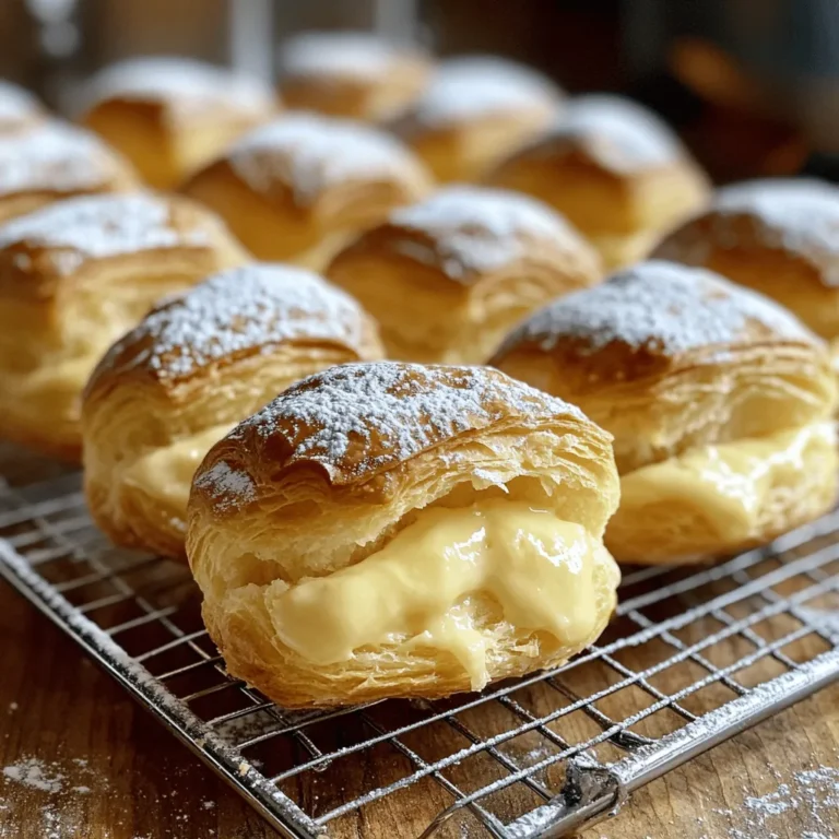 - 1 cup all-purpose flour - 1/2 cup unsalted butter - 1 cup water - 4 large eggs The main ingredients create the eclair's unique texture. All-purpose flour gives structure. Unsalted butter adds richness. Water helps the dough puff up. Eggs bind everything and create a light shell. - 1/4 teaspoon salt - 1 tablespoon sugar - 1 teaspoon vanilla extract (optional, for flavor depth) Adding salt enhances the taste. A little sugar can help balance flavors. Vanilla extract adds a nice touch, but it’s not a must. These extras make your pastry shells even better. For the full recipe, check out the detailed instructions on making these delicious unfilled eclair pastry shells! 1. Preheating the oven Start by setting your oven to 425°F (220°C). This high heat helps the shells puff up nicely. 2. Combining water, butter, salt, and sugar In a medium saucepan, mix together 1 cup of water, 1/2 cup of unsalted butter, 1/4 teaspoon of salt, and 1 tablespoon of sugar. Heat this over medium heat. Stir occasionally until it boils. The butter should melt completely at this point. 1. Adding flour and stirring until combined Once the mixture boils, add 1 cup of all-purpose flour all at once. Stir quickly and hard for about 1-2 minutes. The dough should form a ball and pull away from the sides of the pan. 2. Incorporating eggs into the mixture Remove the pan from heat. Let it cool for a few minutes. Then add 4 large eggs, one at a time. Mix well after each egg. The dough should look glossy and smooth. This step takes some effort, but it’s worth it! 1. Piping the dough onto the baking sheet Place the dough in a piping bag fitted with a large round tip. If you don’t have one, use a resealable bag and snip a corner. Pipe 4-inch long lines on a lined baking sheet. Leave space between each line since they will puff up. 2. Best baking time and temperature Bake the shells in your preheated oven for 25-30 minutes. Don’t open the oven door for the first 20 minutes. This keeps them from deflating. They should turn a lovely golden brown when done. After baking, let them cool on a wire rack. Poke a small hole in each shell to let steam escape. This keeps them crisp for later use. For the complete recipe, check the [Full Recipe]. Enjoy your baking! To make great eclair shells, pay attention to your oven. Set the temperature to 425°F (220°C). This high heat helps the dough rise and puff up. If it's too low, your shells may flatten. Do not open the oven door during the first 20 minutes of baking. This lets out steam and can cause deflation. Trust the process, and let the heat work its magic. Once baked, let the eclair shells cool on a wire rack. This keeps them crisp and prevents sogginess. If you leave them on the baking sheet, they may trap moisture. After they cool, poke small holes in the bottom of each shell. This step releases steam and helps maintain their crisp texture. You want perfect shells ready for filling later. {{image_2}} You can fill your unfilled eclair pastry shells with many tasty options. Here are a few classic ideas: - Cream options and custard: Whipped cream is light and fluffy. Pastry cream adds richness. You can also try chocolate cream for a sweet twist. Each of these options brings its own unique taste to the eclair. - Fruit-flavored fillings: You can add fruit purees or jams. Strawberry or raspberry flavors brighten up each bite. You can even mix fresh fruit with cream for a delightful surprise. Experiment with your favorite fruits to find the perfect match! Once your shells are filled, you can make them even more special with toppings: - Powdered sugar dusting: A light dusting of powdered sugar adds sweetness. It also gives a beautiful look to your eclairs. Just sprinkle it on before serving for a classy touch. - Chocolate ganache drizzle: Melted chocolate makes a great topping. Pour it over the filled eclairs for a rich flavor. You can use dark, milk, or white chocolate. Let the ganache cool slightly before drizzling for the best effect. When you personalize your eclairs, each one becomes a unique treat. Enjoy creating your perfect dessert! For more tips and a full guide, check out the Full Recipe. To keep your unfilled eclair shells fresh, store them in an airtight container. This protects them from moisture and keeps them crispy. You can place a paper towel inside the container to absorb any extra moisture. This simple trick helps maintain their texture. The ideal storage duration is up to two days at room temperature. If you need to store them longer, consider freezing them. In the freezer, these shells can last for up to three months. Just make sure to wrap them well in plastic wrap before placing them in a freezer bag. When you're ready to fill your eclair shells, choose your favorite filling. This could be cream, custard, or even fruit. When filling, make a small hole in the bottom of each shell. This helps the filling go in easily and keeps the shell intact. Check for signs of freshness in your shells. They should be crisp and light. If they feel soggy or soft, it’s best to toss them. Fresh shells will hold their shape and be perfect for filling. Yes, you can freeze unfilled eclair pastry shells. To do this, let them cool completely. Once cool, place them in an airtight container or a freezer bag. Make sure to separate layers with parchment paper to prevent sticking. They can last up to three months in the freezer. When you are ready to use them, thaw in the fridge overnight. Then, reheat in a 350°F oven for about 10 minutes for a fresh texture. If your pastry doesn't puff, it could be due to a few reasons. First, check your oven temperature. If it's too low, the shells won't rise well. Also, ensure you mixed the dough enough. The flour needs to be fully incorporated. Lastly, avoid opening the oven door while baking. This can cause the shells to collapse. If you follow these tips, you should see better results next time. Unfilled eclair shells can last for about two days at room temperature. Store them in an airtight container to keep them crisp. If you want to keep them longer, freeze them as mentioned earlier. Just make sure to check for any signs of moisture or staleness before using. Fresh shells are best for filling and serving. You learned how to make unfilled eclair pastry shells, from ingredients to tips. Key ingredients include flour, butter, and eggs. Follow the steps to prepare, create, and bake these light shells. Don't forget about cool tricks for perfect shells, storage advice, and fun filling ideas. With practice, you can master these treats. Enjoy your eclairs fresh or frozen, and share them with friends and family. Happy baking!