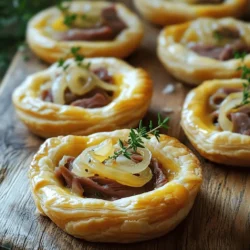When making mini tarts with roast beef and Gruyère, the right ingredients make all the difference. Here’s what you need for this savory delight: - 1 sheet of puff pastry, thawed - 200g roast beef, thinly sliced - 150g Gruyère cheese, grated - 1 small onion, finely sliced - 2 cloves garlic, minced - 1 teaspoon fresh thyme leaves - 2 tablespoons Dijon mustard - 1 egg, beaten (for egg wash) - Salt and pepper to taste - Olive oil for sautéing Each ingredient plays a key role in creating these tasty bites. The puff pastry gives a flaky base. Roast beef adds rich flavor and protein. Gruyère cheese melts beautifully, adding creaminess. Onions and garlic elevate the taste with sweetness and depth. Thyme adds a fresh note, while Dijon mustard brings a hint of sharpness. The egg wash helps the tarts turn golden brown. Lastly, salt and pepper round out the flavors perfectly. For a full guide on making these mini tarts, refer to the Full Recipe. Start by preheating your oven to 200°C (400°F). This step is key. A hot oven helps the pastry puff up nicely. While the oven heats, get your baking tray ready by greasing it lightly. Take your sheet of puff pastry and place it on a lightly floured surface. Roll it out gently to smooth any creases. Next, use a round cookie cutter, about 3 inches wide, to cut out circles. You should end up with around 12 circles. Keep them spaced out on the tray to avoid sticking. In a skillet, pour a splash of olive oil and heat it over medium heat. Add the finely sliced onion. Sauté for about 3-4 minutes until they turn soft and clear. Then, add the minced garlic and thyme leaves, cooking for another minute. Your kitchen will smell amazing! Let this mixture cool for a moment. Now it’s time to put everything together. Lay the puff pastry circles on your greased tray. Brush a thin layer of Dijon mustard on each circle. This adds great flavor. Evenly distribute the cooled onion and garlic mix over each pastry. Next, add a slice or two of roast beef on top. Finish with a generous sprinkle of grated Gruyère cheese. Before baking, brush the edges of each tart with the beaten egg. This gives them a beautiful golden finish. Place the tray in your preheated oven and bake for 15-20 minutes. Keep an eye on them! They are ready when the pastry is puffed and golden, and the cheese is melted and bubbling. Once done, remove the tarts from the oven and let them cool slightly before serving. For the full recipe, check out the ingredients and other details. Enjoy your savory mini tarts! Using puff pastry can seem tricky, but I have some tips. Always keep it cold. If it warms up, it won’t puff well. When rolling it out, use a light touch. This way, you won’t flatten the layers. Cut your circles evenly for nice, uniform tarts. This helps them bake evenly. Also, don’t skip the egg wash. It gives a beautiful golden color. Seasoning is key to great flavor. I love using fresh thyme. It adds a bright taste to the savory beef. You can also try adding a pinch of smoked paprika for a smoky touch. Don’t forget to salt and pepper the filling well. Taste as you go. This way, you can adjust the flavors to your liking. A touch of Dijon mustard under the filling gives a nice tang, making each bite pop. When serving the mini tarts, keep it fun and simple. Arrange them on a wooden board. Garnish each tart with a sprig of fresh thyme. This adds color and a nice herb scent. You can pair them with a light salad for balance. A simple arugula salad with lemon vinaigrette works well. It cuts through the richness of the tarts. For a drink, try a nice red wine or sparkling water with lemon. For the full recipe, check out the details to make these savory delights! {{image_2}} You can swap the roast beef for other meats. Try shredded chicken for a lighter touch. Turkey works well too, especially with the same spices. If you want something bold, use smoked ham. For a twist, consider duck or lamb. Each adds a unique flavor to your mini tarts. Gruyère cheese has a rich taste, but you can change it. Swiss cheese melts well and offers a milder flavor. Cheddar gives a sharp bite that many love. For a creamier option, try Brie or cream cheese. Each cheese brings its own charm to the dish. You can easily make these tarts vegetarian. Replace roast beef with sautéed mushrooms. Portobello mushrooms add a hearty texture. You could also use roasted vegetables like bell peppers and zucchini. For protein, consider adding crumbled feta or goat cheese. This will keep the tarts satisfying and full of flavor. To explore more ideas, check the Full Recipe for inspiration on how to craft these mini tarts your way. To keep your mini tarts fresh, store them in an airtight container. Place a piece of parchment paper between layers to avoid sticking. Keep them in the fridge for up to three days. Make sure they cool completely before sealing the container. Reheating is simple. Preheat your oven to 180°C (350°F). Place the tarts on a baking sheet. Heat for about 10-15 minutes until warm. This method helps keep the pastry crispy. Avoid using the microwave, as it can make the crust soggy. If you want to freeze mini tarts, let them cool first. Wrap each tart in plastic wrap and then in foil. This keeps them fresh for up to two months. When ready to eat, thaw them overnight in the fridge. Reheat in the oven for the best texture. Follow the Full Recipe for detailed steps to make your mini tarts! Yes, you can use store-bought puff pastry. It saves time and effort. Store-bought options often yield great results. Just make sure to thaw it properly before use. This will help it puff up nicely when baked. You can tell the tarts are done when they turn golden brown. The pastry should puff up and be crispy. If the cheese is melted and bubbly, that’s a good sign too. Keep an eye on them during the last few minutes of baking. Mini tarts pair well with a fresh salad or roasted veggies. A side of dipping sauce, like horseradish cream, adds a nice touch. You can also serve them with a light soup for a complete meal. For more ideas, check the Full Recipe for serving suggestions. In this article, we covered how to make delicious mini tarts using puff pastry, roast beef, and Gruyère cheese. You learned about the key ingredients, step-by-step instructions, and tips for the best results. We also discussed variations, storage methods, and common questions. Mini tarts are fun to make and share. They can suit any taste or diet. Enjoy exploring different flavors and impressing your friends with your skills!